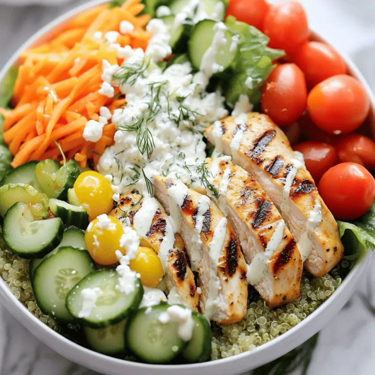 - 2 boneless, skinless chicken breasts - 1 cup dill pickles, finely chopped - 1/2 cup ranch dressing - 1 cup quinoa, thoroughly rinsed and drained - 1 cup cherry tomatoes, halved - 1 cucumber, diced - 1 cup shredded carrots - 2 cups mixed greens (such as spinach and arugula) - 1/4 cup feta cheese, crumbled - Fresh dill, for garnish - Salt and pepper, to taste To make Pickle Ranch Chicken Buddha Bowls, you need fresh and simple ingredients. Start with the chicken breasts. They provide protein and flavor. Dill pickles add a tangy crunch, giving the dish a unique twist. The ranch dressing works as a creamy marinade, making the chicken taste even better. Next is quinoa, which serves as the hearty base. It’s packed with nutrients, making your meal filling and healthy. For fresh vegetables, you can use cherry tomatoes, cucumber, shredded carrots, and mixed greens. They add color, texture, and essential vitamins to the bowl. You can also enhance your dish with optional add-ons. Crumbled feta cheese offers a salty kick. Fresh dill adds a fragrant touch. Finally, salt and pepper let you adjust the taste to your liking. For the complete recipe, check the [Full Recipe]. To start, combine the dill pickles and ranch dressing in a bowl. I like to use a fork to mix them well. Then, take your chicken breasts and submerge them in this tasty mixture. Make sure the chicken is fully coated. Cover the bowl with plastic wrap and refrigerate for at least 30 minutes. This time allows the flavors to blend nicely. Next, let’s cook the quinoa. In a medium saucepan, bring the vegetable broth to a boil. I prefer broth for extra flavor, but water works too. Once the broth is boiling, stir in the rinsed quinoa. Reduce the heat to low, cover the pot, and let it simmer for 15 to 20 minutes. The quinoa is done when it absorbs all the liquid and looks fluffy. Fluff it with a fork and set it aside. Now, it's time to grill the chicken. Preheat your grill or grill pan to medium-high. Take the marinated chicken out of the fridge, letting excess dressing drip off. Grill the chicken breasts for about 6 to 7 minutes on each side. Use a meat thermometer to check if it’s safe to eat. The internal temperature should be 165°F (75°C). After grilling, let the chicken rest on a plate for a few minutes before slicing it into strips. Now, let’s build our Buddha bowls! Start with a generous scoop of cooked quinoa as the base in large, shallow bowls. Next, add a handful of mixed greens on top. Now, arrange the sliced grilled chicken. You can also add cherry tomatoes, diced cucumber, and shredded carrots in sections. This makes the bowl colorful and fun to eat. For the finishing touches, drizzle some ranch dressing over the assembled bowls if you like. Then, sprinkle crumbled feta cheese and fresh dill on top. This adds a burst of flavor and a nice look. Finally, season with salt and pepper to taste. Enjoy your Pickle Ranch Chicken Buddha Bowls for a fresh and satisfying meal. For the complete recipe, check out the [Full Recipe]. Marinating the chicken is key to great flavor. I suggest marinating for at least 30 minutes. However, for best results, let it sit overnight if you can. This allows the pickles and ranch to soak in well. For grilling, set your grill to medium-high heat. This range helps cook the chicken evenly without drying it out. Cook each side for about 6-7 minutes. Check that the chicken reaches 165°F (75°C) for safety. To get fluffy quinoa, rinse it well before cooking. This removes any bitter taste. When you cook it, use vegetable broth for more flavor. You can also use water or chicken broth if you prefer. Simmer the quinoa on low heat for about 15-20 minutes. Once it’s done, fluff it with a fork. This step gives it a light texture. Choosing the right bowls makes a big difference. Large, shallow bowls show off your ingredients well. They help create a beautiful display of colors. When arranging toppings, think of sections. Place each ingredient in its own area. This style makes the dish pop! Finish with fresh dill on top for a fragrant touch. It brings everything together nicely. {{image_4}} Want to switch up the protein? You can use grilled tofu or tempeh for a plant-based option. Both options soak up flavors well, making them perfect for this dish. If you crave something different, try shrimp or steak. Shrimp cooks quickly and adds a nice touch of sweetness. Steak gives a hearty flavor that pairs great with the ranch dressing. While ranch dressing is a star here, you can make it your own. Try a homemade ranch with fresh herbs for added flavor. Mix sour cream, yogurt, garlic, and herbs like parsley and chives. Or, explore other creamy dressings. A lemon-tahini dressing adds a nutty twist. A yogurt-based dressing can keep it light and zesty. Using seasonal vegetables adds freshness. In spring, try asparagus or snap peas. Summer calls for zucchini or bell peppers. In the fall, roasted sweet potatoes or Brussels sprouts make a great addition. For winter, add hearty greens like kale or roasted root veggies. Mixing in different vegetables keeps your Buddha bowl exciting and colorful. You can store assembled bowls in the fridge for up to three days. Make sure to cover each bowl tightly with plastic wrap or a lid. This keeps your ingredients fresh and prevents any odors from the fridge. It’s best to keep the dressing separate until you are ready to eat. This prevents sogginess and keeps everything crisp. When it comes to reheating quinoa, use a microwave-safe bowl. Add a splash of water to keep it moist. Heat it in short bursts of 30 seconds, stirring in between. For chicken, place it on a plate and cover it with a damp paper towel. This keeps it juicy. Warm the chicken for about 1-2 minutes until it's hot. Avoid overheating to keep the texture and flavor intact. Yes, you can prepare parts of this dish in advance. Store the marinated chicken in the fridge for up to 24 hours. Cooked quinoa can last for about 4-5 days in the fridge. Keep the veggies fresh by storing them separately. Assemble the Buddha bowls right before serving for the best taste. To make this dish healthier, you can use grilled chicken thighs instead of breasts for more flavor. Swap ranch dressing for yogurt-based dressings or a vinaigrette. You could also add more veggies, like bell peppers or spinach, for extra nutrients. Using less feta cheese or omitting it can cut calories too. These bowls pair well with a light salad or roasted veggies. You can also enjoy them with a refreshing drink, like iced tea or lemonade. If you're feeling adventurous, try a light soup as a starter for a complete meal. This article covered many ways to create delicious Buddha bowls. You learned about key ingredients, like chicken, quinoa, and fresh veggies. Next, I detailed how to marinate, cook, and assemble. Tips for perfecting the chicken and quinoa helped ensure great results. Finally, I shared variations, storage tips, and answers to common questions. Now, you can enjoy tasty, healthy meals any time. Remember, these bowls are versatile and easy to customize. Happy cooking!