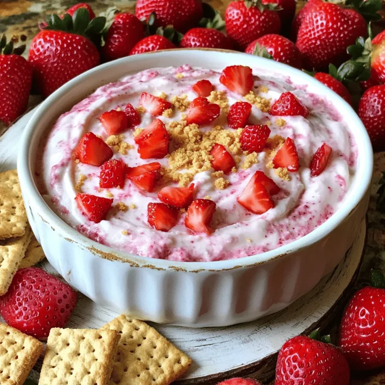 To make the best strawberry cheesecake dip, you will need: - 8 ounces cream cheese, softened - 1/2 cup powdered sugar - 1 teaspoon vanilla extract - 1/4 cup sour cream - 1 cup fresh strawberries, hulled and diced - 1/2 cup whipped cream (store-bought or homemade) - Graham cracker crumbs for garnish - Extra fresh strawberries for serving Each serving of this delightful dip contains: - Calories: 190 - Protein: 2g - Fat: 11g - Carbohydrates: 20g - Sugars: 12g Choosing the right ingredients makes a big difference. Here are some tips: - Selecting ripe strawberries: Look for bright red strawberries with a sweet scent. Avoid those with white spots or soft spots. Freshness is key! - Best cream cheese options: Use full-fat cream cheese for a rich and smooth texture. Low-fat versions may not whip as well. - Organic vs. regular ingredients: Organic strawberries often taste better and have fewer pesticides. If possible, choose organic for the best flavor. To make the strawberry cheesecake dip, start by gathering your ingredients. You will need cream cheese, powdered sugar, vanilla extract, sour cream, fresh strawberries, and whipped cream. 1. Place 8 ounces of softened cream cheese in a medium mixing bowl. 2. Beat the cream cheese with an electric mixer on medium speed for 1-2 minutes. This makes it smooth and creamy. 3. Gradually add 1/2 cup of powdered sugar and 1 teaspoon of vanilla extract. Mix on low speed until well blended. 4. Pour in 1/4 cup of sour cream. Mix again until everything is fluffy and smooth. 5. Take 1 cup of diced fresh strawberries and gently fold them into the mixture with a spatula. This adds flavor. 6. If using whipped cream, fold in 1/2 cup. Do this gently to keep the dip light and airy. 7. Transfer the dip to a nice serving bowl. Sprinkle some graham cracker crumbs on top for a tasty finish. 8. Serve with extra strawberries and graham crackers for dipping. To avoid lumps in your dip, make sure your cream cheese is softened at room temperature. This makes mixing easier. - Beat the cream cheese well at the start. - Mix on low speed after adding other ingredients to keep it smooth. - When folding in whipped cream and strawberries, use a gentle downward motion. This helps keep the dip light and fluffy. This strawberry cheesecake dip pairs well with many tasty options. Here are some ideas: - Use graham crackers for a crunchy dipper. - Fresh fruit, like apple slices or banana pieces, adds a nice touch. - Pretzels offer a sweet and salty contrast. - For fun, serve it with mini cookies for a delightful treat. Explore these options to find your favorite! To make your strawberry cheesecake dip, gather these tools: - Mixing bowls - Electric mixer - Spatula - Serving bowl These tools help you mix and serve with ease. A good electric mixer speeds up the blending process. A spatula ensures you scrape every bit from the bowl, leaving no waste. Avoid these common pitfalls for the best dip: - Overmixing: Mixing too much can make the dip thick. Stop when it’s creamy. - Using cold ingredients: Cold cream cheese does not blend well. Always soften it first. - Not folding properly: Gently fold in strawberries and whipped cream. This keeps the dip fluffy. By avoiding these mistakes, your dip will be smooth and delicious. You can make your dip even better with these tips: - Adding extracts: Try almond or lemon extract to create a twist. - Citrus zest: A bit of lemon or orange zest brightens the flavor. - Spices: A pinch of cinnamon or nutmeg adds warmth and depth. These small changes can elevate your dip to new heights. Feel free to experiment and find your favorite blend! {{image_4}} You can make this dip even more fun. Try adding chocolate chips for a sweet twist. Mini chocolate chips work best for a fun crunch. You can also mix in other fruits like blueberries or raspberries. This adds color and flavor. If you want a unique taste, add a splash of almond or coconut extract. Each variation brings a new surprise to your dip. Serving ideas can make your dip even more exciting. You can layer the dip in small dessert cups for a fancy touch. This lets guests dig in without making a mess. You can also swap out dippers. Try pretzel sticks, apple slices, or graham crackers. Each option offers a fun way to enjoy the dip. You can make this dip fit different diets too. To make it vegan, swap cream cheese for a plant-based option. Use coconut cream instead of sour cream for a creamy texture. For a gluten-free version, just use gluten-free graham crackers. These small changes help everyone enjoy this delightful treat, no matter their dietary needs. To keep your strawberry cheesecake dip fresh, use an airtight container. This helps prevent it from drying out. Place the container in the fridge. The dip stays good for about 3 to 5 days. If you notice any changes in smell or texture, it’s best to toss it out. Reheating is not needed for this dip. It tastes best cold. If you prefer it slightly warmer, let it sit at room temperature for a few minutes before serving. Stir gently to restore its creamy texture. Yes, you can freeze strawberry cheesecake dip! Use a freezer-safe container. Leave some space at the top for expansion. When ready to eat, move it to the fridge overnight to thaw. Stir well before serving to get the right texture back. Enjoy this delightful creamy treat even after freezing! For the full recipe, check out the details above. Strawberry cheesecake dip is a sweet and creamy treat. It combines cream cheese, strawberries, and whipped cream. People love it for its rich flavor and easy preparation. You can enjoy it with graham crackers or fresh fruit. It is perfect for parties or casual get-togethers. Everyone loves to scoop it up for a burst of flavor. Strawberry cheesecake dip can last about 3 to 5 days in the fridge. Store it in an airtight container to keep it fresh. Make sure to cover it well, so it doesn't absorb other smells. Before serving, check for any changes in smell or texture. If it seems off, it is best to discard it. Yes, you can make strawberry cheesecake dip ahead of time. Prepare it a day before your event for the best taste. This allows the flavors to meld together nicely. Keep it covered in the fridge until you are ready to serve. Just give it a quick stir before serving to bring back its creamy texture. You now know how to make a delicious Strawberry Cheesecake Dip. We covered the ingredients needed, tips for selection, and step-by-step preparation. We also explored common mistakes to avoid and ways to customize the recipe. Remember, choose fresh ingredients for the best flavor. This dip is perfect for gatherings or a sweet snack. You can even make it ahead of time. Enjoy your tasty treat and impress your friends!