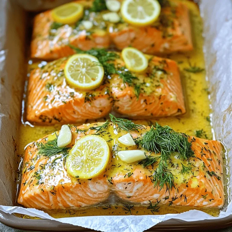 - 4 salmon fillets (approximately 6 oz each) - 4 tablespoons unsalted butter - 4 cloves garlic, minced - 2 tablespoons fresh parsley, finely chopped - 1 tablespoon fresh dill, finely chopped - 1 tablespoon freshly squeezed lemon juice - Zest of 1 lemon - Salt and freshly ground black pepper to taste - Fresh lemon slices for garnishing Gather these ingredients before you start. The salmon is the star, and fresh herbs add bright flavors. I love using unsalted butter to control the saltiness. Garlic gives a rich, aromatic taste, while lemon juice adds a refreshing zing. You can adjust the herbs based on what you like. Fresh parsley and dill pair well with salmon. Make sure your salmon fillets are fresh. If you can, get wild-caught salmon. It has better flavor and texture. Fresh herbs make a big difference in taste, so don’t skip them! When you mix everything together, you'll create a delicious garlic butter sauce. This sauce is key to making the salmon flavorful and juicy. Now that you have your ingredients ready, you can move on to the next steps in this tasty recipe. For all the details, check the Full Recipe. - Preheat the oven to 375°F (190°C). - Line a baking dish with parchment paper. - Pat salmon fillets dry and arrange in the baking dish. - Prepare garlic butter herb mixture. To make the garlic butter herb mixture, first, melt the butter in a small pan over low heat. Add minced garlic and stir for 1-2 minutes until it smells great. Be careful not to let it brown. Once the garlic is ready, take the pan off the heat. Now, mix in the chopped parsley, dill, lemon juice, lemon zest, salt, and pepper. Stir until everything blends well. This mixture adds a lot of flavor to the salmon. - Drizzle and coat salmon with the garlic butter mixture. - Bake and broil as directed. Now, generously drizzle that tasty garlic butter herb mixture over the salmon. Make sure each fillet gets a good coat. Place the dish in the oven and bake for 12-15 minutes. The salmon is done when it flakes easily with a fork. For a crispy top, switch to broil for the last 2-3 minutes. Keep an eye on it to avoid burning. Once done, take the salmon out of the oven. Serve it hot, garnished with fresh lemon slices and a sprinkle of herbs for a lovely touch. You can find the Full Recipe for detailed ingredient lists and instructions. Enjoy your meal! How to know when salmon is cooked perfectly The best way to check if your salmon is ready is to use a fork. Gently press the salmon with a fork. If it flakes easily, it is cooked. Cook salmon until it reaches an internal temperature of 145°F (63°C). This ensures it is safe to eat and still juicy. Techniques for achieving crispy skin To get crispy salmon skin, start with dry fillets. Pat them well with a paper towel. You can also add a bit of oil to the skin before cooking. Broiling for the last few minutes helps create that nice crisp. Keep a close eye on it to avoid burning. Suggestions for additional herbs or spices Try adding thyme or basil for a fresh twist. Chives or tarragon can also enhance the flavor. If you like heat, a pinch of red pepper flakes works well too. Mix and match to find your favorite combination. Recommended side dishes to complement the salmon Pair your salmon with roasted vegetables like asparagus or broccoli. A fresh salad with lemon vinaigrette adds brightness. Quinoa or rice also makes a great side. These sides enhance the meal and balance the rich flavors of the salmon. For the full recipe, check out the detailed instructions provided. {{image_4}} You can make this dish fit your taste. For unsalted butter, try olive oil or ghee. Both options give a nice flavor. You can also use vegan butter for a plant-based choice. Switch up the herbs to change the taste. Basil or thyme can work well. If you want a bit of heat, add some red pepper flakes. Fresh or dried herbs can both be good. Just remember that dried herbs are more potent, so use less. You have choices when cooking salmon. Grilling can add a smoky taste. It creates nice grill marks too. Just place the salmon on a hot grill for about 6-8 minutes per side. Baking is easy and keeps salmon moist. It cooks evenly in the oven. Follow the full recipe for the best results. Pan-searing is another fun method. It gives a crispy skin and rich flavor. Heat a pan with some oil, and cook the salmon skin-side down for 4-5 minutes. Flip it and cook for another 3-4 minutes. This way, you get a great texture. Explore these methods to find your favorite way to cook garlic butter herb salmon! To keep leftover salmon fresh, you should store it in the fridge. First, let the salmon cool to room temperature. Then, wrap it tightly in plastic wrap or aluminum foil. You can also use an airtight container to keep it safe. This prevents moisture loss and keeps it tasty. Properly stored, your salmon will last for 2 to 3 days in the fridge. For reheating salmon, the oven is your best friend. Preheat it to 275°F (135°C). Place the salmon on a baking sheet and cover it with foil. Heat for about 15 minutes or until it is warm. This method helps prevent the salmon from drying out. You can also use a microwave, but be careful. Heat it in short bursts, about 30 seconds each, and check often. This way, your salmon remains juicy and delicious. How long should I bake garlic butter herb salmon? You should bake garlic butter herb salmon for 12 to 15 minutes. This ensures the salmon cooks through but stays moist. Check if it flakes easily with a fork. If not, bake for a few more minutes. Can I use frozen salmon for this recipe? Yes, you can use frozen salmon! Just make sure to thaw it first. You can thaw salmon in the fridge overnight or place it in cold water for about an hour. Once thawed, follow the same steps in the recipe. What should I serve with garlic butter herb salmon? Garlic butter herb salmon pairs well with many sides. Here are some tasty ideas: - Sautéed greens like spinach or kale - Roasted vegetables like carrots and asparagus - A light salad with lemon vinaigrette - Quinoa or rice for a hearty option Calories and macronutrients per serving One serving of garlic butter herb salmon has about 350-400 calories. It contains healthy fats, protein, and important vitamins. Each serving includes: - Protein: 30 grams - Fat: 25 grams - Carbohydrates: 2 grams Health benefits of salmon and herbs Salmon is great for your heart. It has omega-3 fatty acids, which can lower bad cholesterol. The herbs add flavor and nutrition. Parsley and dill provide vitamins and antioxidants. Using fresh herbs boosts the dish's health benefits while keeping it tasty. For the full recipe, check out the details above. This blog post shared a simple and tasty recipe for garlic butter herb salmon. You learned about the key ingredients, preparation steps, and cooking methods. I also offered helpful tips for cooking and storing salmon. Finally, I answered common questions to help you enjoy this dish even more. Cooking salmon can be fun and rewarding. With the right techniques, you can impress anyone at the table. Enjoy your cooking and the delicious results!