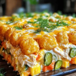 - 2 cups shredded rotisserie chicken - 1 cup dill pickles, finely chopped - 1 cup ranch dressing - 1 cup shredded cheddar cheese, divided - 1 cup frozen mixed vegetables (peas, carrots, corn) - 1 (32 oz) bag of frozen tater tots - 1 teaspoon garlic powder - 1/2 teaspoon onion powder - 1/2 teaspoon freshly ground black pepper - Fresh dill for garnish To create this Pickle Ranch Chicken Tater Tot Casserole, you need simple yet flavorful ingredients. I love using shredded rotisserie chicken because it saves time and adds great taste. Dill pickles bring a tangy crunch that works perfectly with ranch dressing. The ranch dressing is the star here, making each bite creamy and rich. Shredded cheddar cheese adds melty goodness, while frozen mixed vegetables sneak in some nutrition. Tater tots on top give a crispy finish that everyone loves. For seasonings, garlic powder, onion powder, and black pepper add depth to the dish. You can also add fresh dill for a pop of color and flavor. This combination is not only easy to find but also makes for a delightful meal. You can follow this recipe [Full Recipe] for detailed instructions. - Preheat oven to 400°F (200°C) - Grease casserole dish Start by preheating your oven to 400°F (200°C). This step is key for a great bake. While it heats, grab a 9x13-inch casserole dish and grease it lightly. You can use cooking spray or a little olive oil. This prevents sticking and makes serving easier. - Combine chicken, pickles, ranch dressing, and seasonings - Incorporate mixed vegetables and cheese In a large bowl, mix together 2 cups shredded rotisserie chicken, 1 cup finely chopped dill pickles, and 1 cup ranch dressing. Add 1 teaspoon garlic powder, 1/2 teaspoon onion powder, and 1/2 teaspoon black pepper. Stir well to coat everything. Then, gently fold in 1 cup frozen mixed vegetables and half of the cheese. This mix is where the magic begins! - Layer chicken mixture in the dish - Add tater tots on top Next, spread the chicken mixture evenly in the greased dish. Now, take 1 (32 oz) bag of frozen tater tots and layer them on top. Make sure they are in a single, even layer. This will create a crispy crown when baked. - Initial baking time of 25 minutes - Adding cheese and additional baking time Place the casserole in your preheated oven. Bake for 25 minutes, watching closely. You want the tater tots to be golden brown. After 25 minutes, remove the casserole and sprinkle the remaining cheese on top. Return it to the oven for an extra 5-7 minutes. This melts the cheese and gives you that bubbly, cheesy crust. The aroma will fill your kitchen with warmth and joy! For the full recipe, check the details provided above. - Spread the tater tots in a single layer on top of the chicken mixture. - Keep an eye on them while baking. You want them golden brown and crispy. - Add extra seasonings like paprika, cayenne, or Italian herbs for a twist. - Try different cheese types like Monterey Jack or pepper jack for more flavor. - Serve with a fresh side salad for a nice balance. - You can also pair it with garlic bread or crusty rolls. - For fun, use colorful plates or serve in small portions for a party vibe. This Pickle Ranch Chicken Tater Tot Casserole is a fun dish to share. Enjoy it with your loved ones! For the Full Recipe, check earlier in the article. {{image_4}} If you want a meat-free version, swap the chicken for black beans or chickpeas. Use about 2 cups of either option. You can also add extra veggies like bell peppers or zucchini for more flavor. Just keep the ranch dressing for that creamy taste. This way, you still get a tasty casserole without meat. To give your casserole a kick, add jalapeños or a splash of hot sauce. You can mix in 1/2 cup of diced jalapeños to the chicken mixture. If you like it extra hot, feel free to add more! This spicy addition makes each bite exciting. You can layer in different vegetables or meats for a twist. Try adding cooked bacon or sausage for a savory touch. You can also mix in veggies like spinach or mushrooms. This gives you a new flavor each time you make the casserole. Each variation allows you to explore new tastes! To keep your leftovers fresh, place the casserole in an airtight container. This helps prevent moisture loss and keeps flavors intact. Store it in the fridge for up to three days. If you plan to eat it later, make sure to cool it completely before sealing. This way, you avoid condensation that can make it soggy. When reheating, the goal is to keep the texture just right. You can use an oven or a microwave. If using the oven, preheat it to 350°F (175°C). Place the casserole in a dish and cover it with foil. Heat for about 20 minutes. For the microwave, cover the dish and heat in one-minute bursts until warm. This keeps the tater tots crispy and delicious. Freezing is a great way to save this yummy dish for later. First, let the casserole cool completely. Then, wrap it tightly in plastic wrap or foil. You can also use a freezer-safe container. It will stay good for up to three months. To thaw, move it to the fridge overnight before reheating. This way, you can enjoy the Pickle Ranch Chicken Tater Tot Casserole anytime! The casserole lasts about 3 to 4 days in the fridge. Store it in an airtight container. This keeps it fresh and tasty for your next meal. Yes, you can make this casserole ahead of time! To prepare, mix all the ingredients and layer them in the dish. Cover it tightly with plastic wrap. Keep it in the fridge for up to 24 hours before baking. You can use other dressings like blue cheese or Caesar. If you prefer homemade, mix sour cream with herbs and spices for a quick option. This gives you a nice flavor twist. Yes, you can use fresh chicken! Cook the chicken first until it reaches 165°F (75°C). Shred it before adding it to the casserole. Keep an eye on cooking time, as fresh chicken may take longer to bake. For the full recipe, check out the detailed instructions. This blog post covered a simple and tasty tater tot casserole. We discussed the main ingredients like rotisserie chicken, dill pickles, and tater tots. I shared step-by-step instructions for preparing and baking your casserole. You also learned tips for achieving the perfect texture and customizing flavors. Remember, you can easily modify this dish to fit your taste. Whether you try it spicy or vegetarian, this casserole makes meal time fun and delicious. Enjoy making this dish and impressing your family!