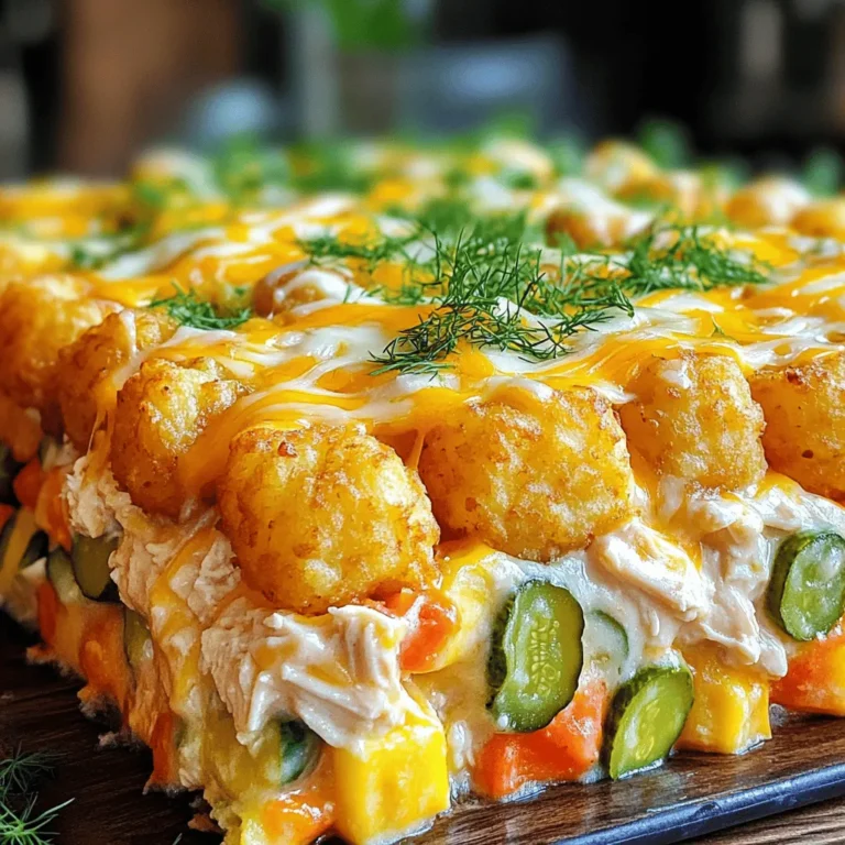 - 2 cups shredded rotisserie chicken - 1 cup dill pickles, finely chopped - 1 cup ranch dressing - 1 cup shredded cheddar cheese, divided - 1 cup frozen mixed vegetables (peas, carrots, corn) - 1 (32 oz) bag of frozen tater tots - 1 teaspoon garlic powder - 1/2 teaspoon onion powder - 1/2 teaspoon freshly ground black pepper - Fresh dill for garnish To create this Pickle Ranch Chicken Tater Tot Casserole, you need simple yet flavorful ingredients. I love using shredded rotisserie chicken because it saves time and adds great taste. Dill pickles bring a tangy crunch that works perfectly with ranch dressing. The ranch dressing is the star here, making each bite creamy and rich. Shredded cheddar cheese adds melty goodness, while frozen mixed vegetables sneak in some nutrition. Tater tots on top give a crispy finish that everyone loves. For seasonings, garlic powder, onion powder, and black pepper add depth to the dish. You can also add fresh dill for a pop of color and flavor. This combination is not only easy to find but also makes for a delightful meal. You can follow this recipe [Full Recipe] for detailed instructions. - Preheat oven to 400°F (200°C) - Grease casserole dish Start by preheating your oven to 400°F (200°C). This step is key for a great bake. While it heats, grab a 9x13-inch casserole dish and grease it lightly. You can use cooking spray or a little olive oil. This prevents sticking and makes serving easier. - Combine chicken, pickles, ranch dressing, and seasonings - Incorporate mixed vegetables and cheese In a large bowl, mix together 2 cups shredded rotisserie chicken, 1 cup finely chopped dill pickles, and 1 cup ranch dressing. Add 1 teaspoon garlic powder, 1/2 teaspoon onion powder, and 1/2 teaspoon black pepper. Stir well to coat everything. Then, gently fold in 1 cup frozen mixed vegetables and half of the cheese. This mix is where the magic begins! - Layer chicken mixture in the dish - Add tater tots on top Next, spread the chicken mixture evenly in the greased dish. Now, take 1 (32 oz) bag of frozen tater tots and layer them on top. Make sure they are in a single, even layer. This will create a crispy crown when baked. - Initial baking time of 25 minutes - Adding cheese and additional baking time Place the casserole in your preheated oven. Bake for 25 minutes, watching closely. You want the tater tots to be golden brown. After 25 minutes, remove the casserole and sprinkle the remaining cheese on top. Return it to the oven for an extra 5-7 minutes. This melts the cheese and gives you that bubbly, cheesy crust. The aroma will fill your kitchen with warmth and joy! For the full recipe, check the details provided above. - Spread the tater tots in a single layer on top of the chicken mixture. - Keep an eye on them while baking. You want them golden brown and crispy. - Add extra seasonings like paprika, cayenne, or Italian herbs for a twist. - Try different cheese types like Monterey Jack or pepper jack for more flavor. - Serve with a fresh side salad for a nice balance. - You can also pair it with garlic bread or crusty rolls. - For fun, use colorful plates or serve in small portions for a party vibe. This Pickle Ranch Chicken Tater Tot Casserole is a fun dish to share. Enjoy it with your loved ones! For the Full Recipe, check earlier in the article. {{image_4}} If you want a meat-free version, swap the chicken for black beans or chickpeas. Use about 2 cups of either option. You can also add extra veggies like bell peppers or zucchini for more flavor. Just keep the ranch dressing for that creamy taste. This way, you still get a tasty casserole without meat. To give your casserole a kick, add jalapeños or a splash of hot sauce. You can mix in 1/2 cup of diced jalapeños to the chicken mixture. If you like it extra hot, feel free to add more! This spicy addition makes each bite exciting. You can layer in different vegetables or meats for a twist. Try adding cooked bacon or sausage for a savory touch. You can also mix in veggies like spinach or mushrooms. This gives you a new flavor each time you make the casserole. Each variation allows you to explore new tastes! To keep your leftovers fresh, place the casserole in an airtight container. This helps prevent moisture loss and keeps flavors intact. Store it in the fridge for up to three days. If you plan to eat it later, make sure to cool it completely before sealing. This way, you avoid condensation that can make it soggy. When reheating, the goal is to keep the texture just right. You can use an oven or a microwave. If using the oven, preheat it to 350°F (175°C). Place the casserole in a dish and cover it with foil. Heat for about 20 minutes. For the microwave, cover the dish and heat in one-minute bursts until warm. This keeps the tater tots crispy and delicious. Freezing is a great way to save this yummy dish for later. First, let the casserole cool completely. Then, wrap it tightly in plastic wrap or foil. You can also use a freezer-safe container. It will stay good for up to three months. To thaw, move it to the fridge overnight before reheating. This way, you can enjoy the Pickle Ranch Chicken Tater Tot Casserole anytime! The casserole lasts about 3 to 4 days in the fridge. Store it in an airtight container. This keeps it fresh and tasty for your next meal. Yes, you can make this casserole ahead of time! To prepare, mix all the ingredients and layer them in the dish. Cover it tightly with plastic wrap. Keep it in the fridge for up to 24 hours before baking. You can use other dressings like blue cheese or Caesar. If you prefer homemade, mix sour cream with herbs and spices for a quick option. This gives you a nice flavor twist. Yes, you can use fresh chicken! Cook the chicken first until it reaches 165°F (75°C). Shred it before adding it to the casserole. Keep an eye on cooking time, as fresh chicken may take longer to bake. For the full recipe, check out the detailed instructions. This blog post covered a simple and tasty tater tot casserole. We discussed the main ingredients like rotisserie chicken, dill pickles, and tater tots. I shared step-by-step instructions for preparing and baking your casserole. You also learned tips for achieving the perfect texture and customizing flavors. Remember, you can easily modify this dish to fit your taste. Whether you try it spicy or vegetarian, this casserole makes meal time fun and delicious. Enjoy making this dish and impressing your family!