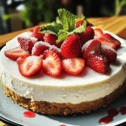 To make a tasty no-bake strawberry cheesecake, you need a few key items: - 1 ½ cups graham cracker crumbs - ½ cup unsalted butter, melted - 2 cups cream cheese, softened to room temperature - 1 cup powdered sugar - 1 cup heavy whipping cream These ingredients create a smooth and rich cheesecake base with a crunchy crust. For the fresh twist, gather: - 2 cups strawberries, hulled and sliced - ¼ cup granulated sugar (for macerating the strawberries) - Fresh mint leaves for garnish (optional) The strawberries add a burst of flavor. The mint leaves can brighten up your dish. To put this dessert together, you will need: - 9-inch springform pan - Mixing bowls - Electric mixer - Spatula This simple set of tools helps you create a beautiful cheesecake without any fuss. If you want to see the full recipe, check out the No-Bake Strawberry Cheesecake recipe. 1. In a medium bowl, combine graham cracker crumbs and melted butter. Mix well until the crumbs feel like wet sand. 2. Firmly press this mixture into the bottom of a 9-inch springform pan. Make sure it is even all around. 3. Place the pan in the refrigerator to chill while you make the filling. This helps it firm up nicely. 1. In a large bowl, use an electric mixer to beat the softened cream cheese until smooth. 2. Gradually add the powdered sugar and vanilla extract. Mix until it is well combined and creamy. 3. In another bowl, whip the heavy cream until soft peaks form. This is key for a fluffy filling. 4. Gently fold the whipped cream into the cream cheese mixture. Be careful not to deflate it. 1. Spread the cheesecake filling over the chilled crust in the springform pan. Use a spatula to smooth the top. 2. In a small bowl, toss the sliced strawberries with granulated sugar. Let them sit for about 10 minutes to become juicy. 3. Layer the macerated strawberries on top of the cheesecake filling. Let some juice drizzle down the sides. 4. Cover the pan tightly with plastic wrap and refrigerate for at least 4 hours, or overnight for the best results. 5. When ready, carefully release the sides of the springform pan. Slice the cheesecake and serve chilled. Enjoy! For the complete details of the ingredients and method, check the Full Recipe. To make a great no-bake cheesecake, start with room temperature cream cheese. Cold cream cheese can create lumps. Softened cream cheese blends smoothly with other ingredients. Next, fold the whipped cream gently into the cream cheese mixture. This keeps the filling light and airy. If you mix too hard, the air will escape, and the cheesecake will be dense. Presentation makes your cheesecake more appealing. Drizzle strawberry juice over each slice before serving. This adds color and flavor. You can also garnish with fresh mint leaves and whole strawberries. This creates a beautiful dish that looks as good as it tastes. Sometimes, your cheesecake might turn out too soft. If this happens, you can add more whipped cream or cream cheese. This will help it firm up. You may also need to chill it longer. If you want to adjust the sweetness, taste the filling before you chill it. Add more powdered sugar if it needs it. A small change can make a big difference! For the full recipe, refer to the No-Bake Strawberry Cheesecake section. {{image_4}} You can switch up the strawberries with blueberries or raspberries. Both fruits add a burst of color and flavor. They work well with the creamy cheesecake. You can also use other seasonal fruits. Try peaches in summer or apples in fall for a fun twist. For a citrus kick, add lemon zest or a splash of lemon extract. This adds brightness to your cheesecake. You can also mix in chocolate or caramel swirls. Drizzle them on top or fold them into the filling for added richness. If you need a gluten-free crust, use almond flour or gluten-free graham crackers. This keeps the dessert tasty for everyone. For a vegan version, swap cream cheese with a plant-based alternative. Use coconut cream for the whipped topping. These changes make the cheesecake friendly for more diets. For the full recipe, check the [Full Recipe]. To keep your no-bake strawberry cheesecake fresh, store it in the fridge. Use plastic wrap or a container with a tight lid. This helps avoid drying out and keeps flavors intact. It lasts up to five days in the fridge. After that, the taste and texture may change. Yes, you can freeze no-bake cheesecake! Just make sure it is well wrapped. Use plastic wrap first, then foil. This prevents freezer burn. The cheesecake can stay good for up to three months in the freezer. To thaw, move it to the fridge overnight. For quick thawing, leave it out for about an hour. After refrigeration or freezing, the cheesecake may look a bit sad. To refresh it, slice the cheesecake and add fresh strawberry juice on top. This adds color and flavor. You can also garnish with mint leaves or whole strawberries for a nice touch. Make it look as good as it tastes! To make a no-bake cheesecake set faster, you can try a few tricks: - Use a shallow pan to increase surface area. - Chill the cheesecake in the freezer for 1 hour. - Prepare the filling while the crust chills. - Ensure your cream cheese is very soft for easier mixing. These tips help reduce chilling time and make your dessert ready sooner. You can also try using gelatin to help the cheesecake firm up quickly. Just dissolve it in a bit of water and mix it into the filling. Yes, you can use other cheeses in your no-bake cheesecake. Cream cheese gives the best texture, but you can try: - Mascarpone for a richer flavor. - Neufchâtel for a lighter version. - Ricotta for a grainier texture. Each cheese brings a unique taste, allowing you to create your perfect cheesecake. You can get creative with your toppings! Here are some fun ideas: - Blueberries for a burst of flavor. - Raspberries for a tart contrast. - Sliced bananas add sweetness. - A drizzle of chocolate sauce for richness. - Caramel sauce for a sweet touch. Feel free to mix and match different fruits and sauces to make your cheesecake exciting! You now have all the steps to make a no-bake strawberry cheesecake. From the ingredients to the tips for perfecting your dessert, you are ready to impress. Remember to experiment with different toppings and flavors to make it your own. Don't forget to store leftovers properly for later enjoyment. This easy recipe will delight friends and family alike. Enjoy creating your tasty treat!