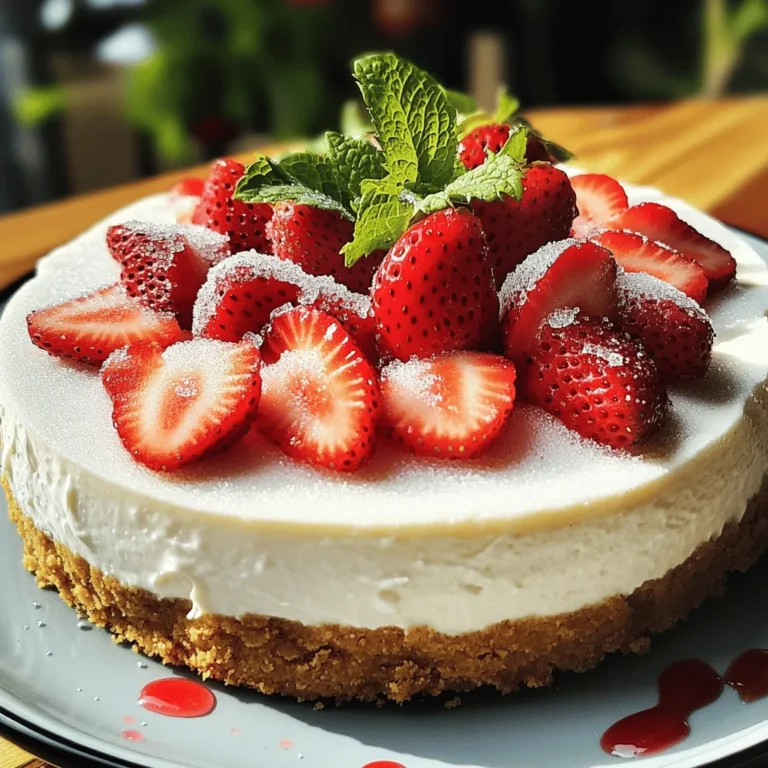 To make a tasty no-bake strawberry cheesecake, you need a few key items: - 1 ½ cups graham cracker crumbs - ½ cup unsalted butter, melted - 2 cups cream cheese, softened to room temperature - 1 cup powdered sugar - 1 cup heavy whipping cream These ingredients create a smooth and rich cheesecake base with a crunchy crust. For the fresh twist, gather: - 2 cups strawberries, hulled and sliced - ¼ cup granulated sugar (for macerating the strawberries) - Fresh mint leaves for garnish (optional) The strawberries add a burst of flavor. The mint leaves can brighten up your dish. To put this dessert together, you will need: - 9-inch springform pan - Mixing bowls - Electric mixer - Spatula This simple set of tools helps you create a beautiful cheesecake without any fuss. If you want to see the full recipe, check out the No-Bake Strawberry Cheesecake recipe. 1. In a medium bowl, combine graham cracker crumbs and melted butter. Mix well until the crumbs feel like wet sand. 2. Firmly press this mixture into the bottom of a 9-inch springform pan. Make sure it is even all around. 3. Place the pan in the refrigerator to chill while you make the filling. This helps it firm up nicely. 1. In a large bowl, use an electric mixer to beat the softened cream cheese until smooth. 2. Gradually add the powdered sugar and vanilla extract. Mix until it is well combined and creamy. 3. In another bowl, whip the heavy cream until soft peaks form. This is key for a fluffy filling. 4. Gently fold the whipped cream into the cream cheese mixture. Be careful not to deflate it. 1. Spread the cheesecake filling over the chilled crust in the springform pan. Use a spatula to smooth the top. 2. In a small bowl, toss the sliced strawberries with granulated sugar. Let them sit for about 10 minutes to become juicy. 3. Layer the macerated strawberries on top of the cheesecake filling. Let some juice drizzle down the sides. 4. Cover the pan tightly with plastic wrap and refrigerate for at least 4 hours, or overnight for the best results. 5. When ready, carefully release the sides of the springform pan. Slice the cheesecake and serve chilled. Enjoy! For the complete details of the ingredients and method, check the Full Recipe. To make a great no-bake cheesecake, start with room temperature cream cheese. Cold cream cheese can create lumps. Softened cream cheese blends smoothly with other ingredients. Next, fold the whipped cream gently into the cream cheese mixture. This keeps the filling light and airy. If you mix too hard, the air will escape, and the cheesecake will be dense. Presentation makes your cheesecake more appealing. Drizzle strawberry juice over each slice before serving. This adds color and flavor. You can also garnish with fresh mint leaves and whole strawberries. This creates a beautiful dish that looks as good as it tastes. Sometimes, your cheesecake might turn out too soft. If this happens, you can add more whipped cream or cream cheese. This will help it firm up. You may also need to chill it longer. If you want to adjust the sweetness, taste the filling before you chill it. Add more powdered sugar if it needs it. A small change can make a big difference! For the full recipe, refer to the No-Bake Strawberry Cheesecake section. {{image_4}} You can switch up the strawberries with blueberries or raspberries. Both fruits add a burst of color and flavor. They work well with the creamy cheesecake. You can also use other seasonal fruits. Try peaches in summer or apples in fall for a fun twist. For a citrus kick, add lemon zest or a splash of lemon extract. This adds brightness to your cheesecake. You can also mix in chocolate or caramel swirls. Drizzle them on top or fold them into the filling for added richness. If you need a gluten-free crust, use almond flour or gluten-free graham crackers. This keeps the dessert tasty for everyone. For a vegan version, swap cream cheese with a plant-based alternative. Use coconut cream for the whipped topping. These changes make the cheesecake friendly for more diets. For the full recipe, check the [Full Recipe]. To keep your no-bake strawberry cheesecake fresh, store it in the fridge. Use plastic wrap or a container with a tight lid. This helps avoid drying out and keeps flavors intact. It lasts up to five days in the fridge. After that, the taste and texture may change. Yes, you can freeze no-bake cheesecake! Just make sure it is well wrapped. Use plastic wrap first, then foil. This prevents freezer burn. The cheesecake can stay good for up to three months in the freezer. To thaw, move it to the fridge overnight. For quick thawing, leave it out for about an hour. After refrigeration or freezing, the cheesecake may look a bit sad. To refresh it, slice the cheesecake and add fresh strawberry juice on top. This adds color and flavor. You can also garnish with mint leaves or whole strawberries for a nice touch. Make it look as good as it tastes! To make a no-bake cheesecake set faster, you can try a few tricks: - Use a shallow pan to increase surface area. - Chill the cheesecake in the freezer for 1 hour. - Prepare the filling while the crust chills. - Ensure your cream cheese is very soft for easier mixing. These tips help reduce chilling time and make your dessert ready sooner. You can also try using gelatin to help the cheesecake firm up quickly. Just dissolve it in a bit of water and mix it into the filling. Yes, you can use other cheeses in your no-bake cheesecake. Cream cheese gives the best texture, but you can try: - Mascarpone for a richer flavor. - Neufchâtel for a lighter version. - Ricotta for a grainier texture. Each cheese brings a unique taste, allowing you to create your perfect cheesecake. You can get creative with your toppings! Here are some fun ideas: - Blueberries for a burst of flavor. - Raspberries for a tart contrast. - Sliced bananas add sweetness. - A drizzle of chocolate sauce for richness. - Caramel sauce for a sweet touch. Feel free to mix and match different fruits and sauces to make your cheesecake exciting! You now have all the steps to make a no-bake strawberry cheesecake. From the ingredients to the tips for perfecting your dessert, you are ready to impress. Remember to experiment with different toppings and flavors to make it your own. Don't forget to store leftovers properly for later enjoyment. This easy recipe will delight friends and family alike. Enjoy creating your tasty treat!