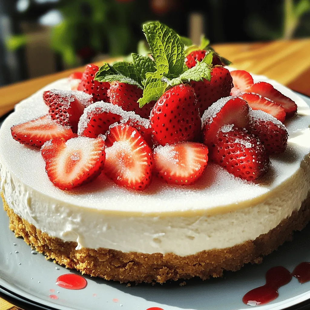 To make a tasty no-bake strawberry cheesecake, you need a few key items: - 1 ½ cups graham cracker crumbs - ½ cup unsalted butter, melted - 2 cups cream cheese, softened to room temperature - 1 cup powdered sugar - 1 cup heavy whipping cream These ingredients create a smooth and rich cheesecake base with a crunchy crust. For the fresh twist, gather: - 2 cups strawberries, hulled and sliced - ¼ cup granulated sugar (for macerating the strawberries) - Fresh mint leaves for garnish (optional) The strawberries add a burst of flavor. The mint leaves can brighten up your dish. To put this dessert together, you will need: - 9-inch springform pan - Mixing bowls - Electric mixer - Spatula This simple set of tools helps you create a beautiful cheesecake without any fuss. If you want to see the full recipe, check out the No-Bake Strawberry Cheesecake recipe. 1. In a medium bowl, combine graham cracker crumbs and melted butter. Mix well until the crumbs feel like wet sand. 2. Firmly press this mixture into the bottom of a 9-inch springform pan. Make sure it is even all around. 3. Place the pan in the refrigerator to chill while you make the filling. This helps it firm up nicely. 1. In a large bowl, use an electric mixer to beat the softened cream cheese until smooth. 2. Gradually add the powdered sugar and vanilla extract. Mix until it is well combined and creamy. 3. In another bowl, whip the heavy cream until soft peaks form. This is key for a fluffy filling. 4. Gently fold the whipped cream into the cream cheese mixture. Be careful not to deflate it. 1. Spread the cheesecake filling over the chilled crust in the springform pan. Use a spatula to smooth the top. 2. In a small bowl, toss the sliced strawberries with granulated sugar. Let them sit for about 10 minutes to become juicy. 3. Layer the macerated strawberries on top of the cheesecake filling. Let some juice drizzle down the sides. 4. Cover the pan tightly with plastic wrap and refrigerate for at least 4 hours, or overnight for the best results. 5. When ready, carefully release the sides of the springform pan. Slice the cheesecake and serve chilled. Enjoy! For the complete details of the ingredients and method, check the Full Recipe. To make a great no-bake cheesecake, start with room temperature cream cheese. Cold cream cheese can create lumps. Softened cream cheese blends smoothly with other ingredients. Next, fold the whipped cream gently into the cream cheese mixture. This keeps the filling light and airy. If you mix too hard, the air will escape, and the cheesecake will be dense. Presentation makes your cheesecake more appealing. Drizzle strawberry juice over each slice before serving. This adds color and flavor. You can also garnish with fresh mint leaves and whole strawberries. This creates a beautiful dish that looks as good as it tastes. Sometimes, your cheesecake might turn out too soft. If this happens, you can add more whipped cream or cream cheese. This will help it firm up. You may also need to chill it longer. If you want to adjust the sweetness, taste the filling before you chill it. Add more powdered sugar if it needs it. A small change can make a big difference! For the full recipe, refer to the No-Bake Strawberry Cheesecake section. {{image_4}} You can switch up the strawberries with blueberries or raspberries. Both fruits add a burst of color and flavor. They work well with the creamy cheesecake. You can also use other seasonal fruits. Try peaches in summer or apples in fall for a fun twist. For a citrus kick, add lemon zest or a splash of lemon extract. This adds brightness to your cheesecake. You can also mix in chocolate or caramel swirls. Drizzle them on top or fold them into the filling for added richness. If you need a gluten-free crust, use almond flour or gluten-free graham crackers. This keeps the dessert tasty for everyone. For a vegan version, swap cream cheese with a plant-based alternative. Use coconut cream for the whipped topping. These changes make the cheesecake friendly for more diets. For the full recipe, check the [Full Recipe]. To keep your no-bake strawberry cheesecake fresh, store it in the fridge. Use plastic wrap or a container with a tight lid. This helps avoid drying out and keeps flavors intact. It lasts up to five days in the fridge. After that, the taste and texture may change. Yes, you can freeze no-bake cheesecake! Just make sure it is well wrapped. Use plastic wrap first, then foil. This prevents freezer burn. The cheesecake can stay good for up to three months in the freezer. To thaw, move it to the fridge overnight. For quick thawing, leave it out for about an hour. After refrigeration or freezing, the cheesecake may look a bit sad. To refresh it, slice the cheesecake and add fresh strawberry juice on top. This adds color and flavor. You can also garnish with mint leaves or whole strawberries for a nice touch. Make it look as good as it tastes! To make a no-bake cheesecake set faster, you can try a few tricks: - Use a shallow pan to increase surface area. - Chill the cheesecake in the freezer for 1 hour. - Prepare the filling while the crust chills. - Ensure your cream cheese is very soft for easier mixing. These tips help reduce chilling time and make your dessert ready sooner. You can also try using gelatin to help the cheesecake firm up quickly. Just dissolve it in a bit of water and mix it into the filling. Yes, you can use other cheeses in your no-bake cheesecake. Cream cheese gives the best texture, but you can try: - Mascarpone for a richer flavor. - Neufchâtel for a lighter version. - Ricotta for a grainier texture. Each cheese brings a unique taste, allowing you to create your perfect cheesecake. You can get creative with your toppings! Here are some fun ideas: - Blueberries for a burst of flavor. - Raspberries for a tart contrast. - Sliced bananas add sweetness. - A drizzle of chocolate sauce for richness. - Caramel sauce for a sweet touch. Feel free to mix and match different fruits and sauces to make your cheesecake exciting! You now have all the steps to make a no-bake strawberry cheesecake. From the ingredients to the tips for perfecting your dessert, you are ready to impress. Remember to experiment with different toppings and flavors to make it your own. Don't forget to store leftovers properly for later enjoyment. This easy recipe will delight friends and family alike. Enjoy creating your tasty treat!
