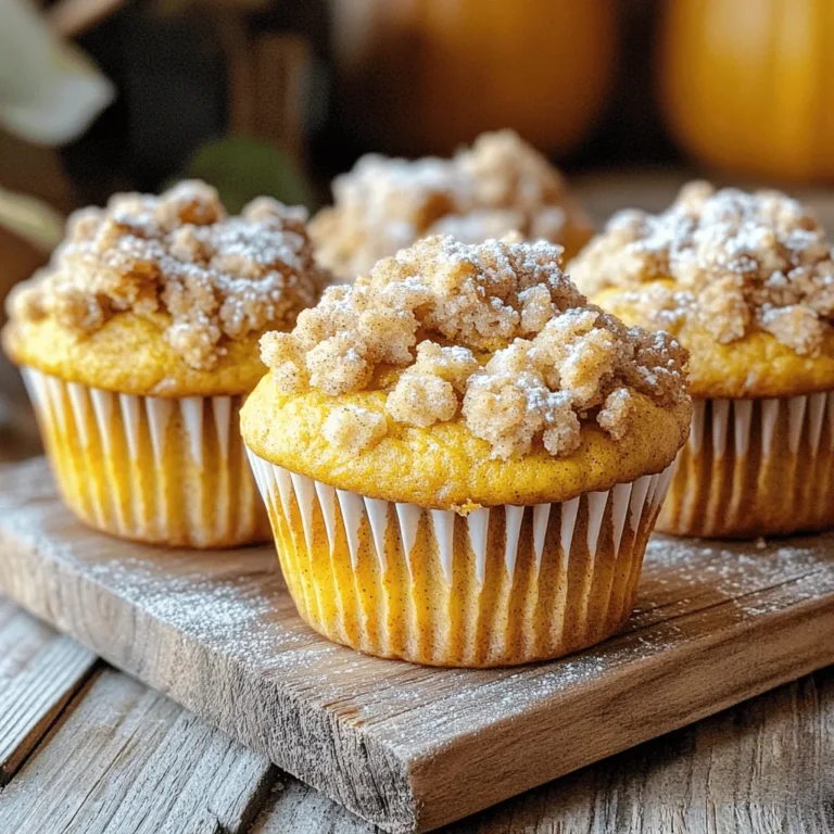 To make these tasty muffins, gather the following main ingredients: - 1 cup canned pumpkin puree - 1/2 cup vegetable oil - 1/2 cup packed brown sugar - 1/4 cup granulated sugar - 2 large eggs - 1 teaspoon vanilla extract - 1 1/2 cups all-purpose flour - 1 teaspoon baking powder - 1 teaspoon baking soda - 1 teaspoon ground cinnamon - 1/2 teaspoon ground nutmeg - 1/4 teaspoon ground ginger - 1/4 teaspoon salt - 1/2 cup chopped walnuts or pecans (optional) These ingredients create a rich and moist muffin base. The pumpkin and spices work together to give a warm flavor. For the sweet streusel topping, you will need: - 1/3 cup all-purpose flour - 1/3 cup packed brown sugar - 1 teaspoon ground cinnamon - 2 tablespoons unsalted butter, melted - 1/4 cup rolled oats This topping adds a crunchy layer over the soft muffin. The oats and butter blend into a crumbly texture. You can customize your muffins with these optional mix-ins: - Chocolate chips - Dried cranberries - Chopped apples These add-ins can bring new flavors and textures to your muffins. Feel free to mix and match based on your taste. For the full recipe, check the earlier section. First, preheat your oven to 350°F (175°C). While the oven heats, prepare your muffin tin. You can line the tin with paper liners or lightly grease it with cooking spray. This step helps the muffins come out easily. In a large mixing bowl, combine 1 cup of canned pumpkin puree, 1/2 cup of vegetable oil, and 1/2 cup of packed brown sugar. Add 1/4 cup of granulated sugar, 2 large eggs, and 1 teaspoon of vanilla extract. Whisk these ingredients together until the mixture is smooth and creamy. In another bowl, sift together 1 1/2 cups of all-purpose flour, 1 teaspoon of baking powder, and 1 teaspoon of baking soda. Then, add 1 teaspoon of ground cinnamon, 1/2 teaspoon of ground nutmeg, 1/4 teaspoon of ground ginger, and 1/4 teaspoon of salt. Sifting helps mix the dry ingredients evenly. Now, slowly add the dry mixture to the wet mixture. Stir gently until the two mixtures just come together. It is okay to have small lumps. If you want a crunch, fold in 1/2 cup of chopped walnuts or pecans at this stage. In a small bowl, mix together 1/3 cup of all-purpose flour, 1/3 cup of packed brown sugar, and 1 teaspoon of ground cinnamon. Drizzle in 2 tablespoons of melted unsalted butter and stir in 1/4 cup of rolled oats. Mix until you get a crumbly texture. Using a scooping tool or spoon, fill each muffin cup about two-thirds full with the batter. Then, sprinkle the streusel topping generously over each muffin. Place the muffin tin in the oven and bake for 18-22 minutes. Check for doneness by inserting a toothpick into the center; it should come out clean. Once baked, let the muffins cool in the tin for about 5 minutes. After that, transfer them to a wire rack to cool completely. This step keeps them fluffy and tasty. If you want to explore more, check out the Full Recipe for details on presentation! When mixing your batter, start with the wet ingredients. Use a big bowl for this. You want to whisk the pumpkin, oil, sugars, eggs, and vanilla until smooth. Then, sift the dry ingredients in a separate bowl. This helps the baking powder and spices mix well. When you add dry to wet, stir gently. Over-mixing can make muffins tough. A few lumps are okay. To keep your muffins soft and moist, watch the baking time closely. Start checking them at 18 minutes. Insert a toothpick in the center of a muffin. If it comes out clean, they are done. If not, bake for a few more minutes. Remember, they will continue to cook a bit after you take them out. Feel free to adjust the spices to suit your taste. If you love cinnamon, add more! You can also try other spices like allspice or cardamom for a twist. Just remember to keep a balance. Too much spice can overwhelm the pumpkin flavor. Start with small amounts and taste the batter if you can. Make your muffins shine when serving. Arrange them on a nice plate or a wooden board. A light dusting of powdered sugar adds a sweet touch. You can also place some cinnamon sticks or fall leaves nearby for color. This makes them look even more inviting. For the full recipe, follow the steps in detail to enjoy these delightful treats. {{image_4}} You can make these muffins gluten-free. Use a gluten-free flour blend instead of all-purpose flour. Brands like Bob's Red Mill or King Arthur Flour work well. You might need to add a bit of xanthan gum to help bind the ingredients. This small change keeps the muffins moist and tasty. Feel free to get creative with nuts and fruits. Instead of walnuts or pecans, try almonds or hazelnuts. You can also add dried fruits like cranberries or raisins. These add a nice sweetness and texture. Mixing in some chocolate chips is another fun option. You can really make this recipe your own! If you want to make vegan muffins, swap the eggs for flax eggs. Mix one tablespoon of ground flaxseed with three tablespoons of water. Let it sit until it thickens. Use a plant-based oil, too. Coconut oil or canola oil works great. These adjustments keep the muffins soft and flavorful without any animal products. Check out the Full Recipe for all the details. To keep your muffins fresh, let them cool completely. Place them in an airtight container. Store them at room temperature for up to three days. If you want to keep them longer, the fridge works too. Just remember, the fridge may make them a bit dry. If you have extra muffins, freezing is a great option. Wrap each muffin in plastic wrap. Then, place them in a freezer bag. Remove as much air as possible to prevent freezer burn. You can freeze them for up to three months. This way, you can enjoy them later! To thaw frozen muffins, simply take them out of the freezer. Leave them on the counter for a few hours. If you need them fast, you can use the microwave. Heat them for about 15-20 seconds. For a crispy top, pop them in the oven at 350°F for a few minutes. Enjoy your muffins warm! Yes, you can use fresh pumpkin. Start by roasting a small pumpkin. Cut it in half, scoop out the seeds, and roast it until soft. After it cools, mash it well. You need about one cup of fresh puree for this recipe. Fresh pumpkin gives a vibrant flavor. However, canned pumpkin is easy and saves time. To cut the sweetness, reduce the brown sugar. Try using 1/4 cup instead of 1/2 cup. You can also skip the granulated sugar. Adding spices can enhance flavor without more sugar. Try adding more cinnamon or nutmeg for a deeper taste. To make fluffy muffins, avoid over-mixing the batter. Mix wet and dry ingredients until just combined. Small lumps are fine. Also, make sure your baking powder and baking soda are fresh. They help the muffins rise. Lastly, don’t skip letting your muffins cool on a rack. This keeps them fluffy. Yes! You can make mini muffins. Just fill the mini muffin cups about halfway. Bake them for about 12-15 minutes. Check for doneness by inserting a toothpick. When it comes out clean, they are ready. Mini muffins are great for snacks or parties. These muffins last about 2-3 days at room temperature. Keep them in an airtight container to keep them fresh. If you want to store them longer, consider freezing. They can last up to 3 months in the freezer. Just thaw before enjoying! For the full recipe, check the earlier section. In this blog post, we explored the delicious world of pumpkin streusel muffins. We covered key ingredients, step-by-step instructions, and helpful tips. I shared ways to customize the recipe and store leftovers. Remember, these muffins can fit many diets, like gluten-free or vegan. Make them your own with different mix-ins or spices. Enjoy baking and sharing these tasty treats! They will delight your friends and family. Now, get ready to savor the warmth and comfort these muffins bring.