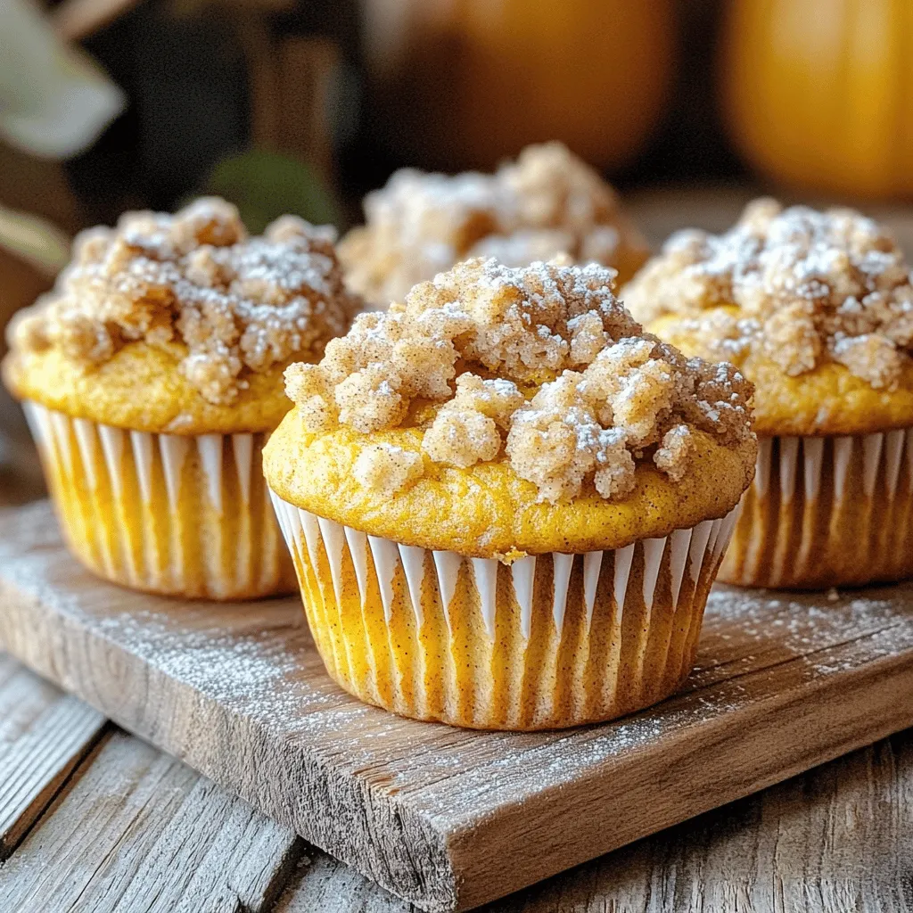 To make these tasty muffins, gather the following main ingredients: - 1 cup canned pumpkin puree - 1/2 cup vegetable oil - 1/2 cup packed brown sugar - 1/4 cup granulated sugar - 2 large eggs - 1 teaspoon vanilla extract - 1 1/2 cups all-purpose flour - 1 teaspoon baking powder - 1 teaspoon baking soda - 1 teaspoon ground cinnamon - 1/2 teaspoon ground nutmeg - 1/4 teaspoon ground ginger - 1/4 teaspoon salt - 1/2 cup chopped walnuts or pecans (optional) These ingredients create a rich and moist muffin base. The pumpkin and spices work together to give a warm flavor. For the sweet streusel topping, you will need: - 1/3 cup all-purpose flour - 1/3 cup packed brown sugar - 1 teaspoon ground cinnamon - 2 tablespoons unsalted butter, melted - 1/4 cup rolled oats This topping adds a crunchy layer over the soft muffin. The oats and butter blend into a crumbly texture. You can customize your muffins with these optional mix-ins: - Chocolate chips - Dried cranberries - Chopped apples These add-ins can bring new flavors and textures to your muffins. Feel free to mix and match based on your taste. For the full recipe, check the earlier section. First, preheat your oven to 350°F (175°C). While the oven heats, prepare your muffin tin. You can line the tin with paper liners or lightly grease it with cooking spray. This step helps the muffins come out easily. In a large mixing bowl, combine 1 cup of canned pumpkin puree, 1/2 cup of vegetable oil, and 1/2 cup of packed brown sugar. Add 1/4 cup of granulated sugar, 2 large eggs, and 1 teaspoon of vanilla extract. Whisk these ingredients together until the mixture is smooth and creamy. In another bowl, sift together 1 1/2 cups of all-purpose flour, 1 teaspoon of baking powder, and 1 teaspoon of baking soda. Then, add 1 teaspoon of ground cinnamon, 1/2 teaspoon of ground nutmeg, 1/4 teaspoon of ground ginger, and 1/4 teaspoon of salt. Sifting helps mix the dry ingredients evenly. Now, slowly add the dry mixture to the wet mixture. Stir gently until the two mixtures just come together. It is okay to have small lumps. If you want a crunch, fold in 1/2 cup of chopped walnuts or pecans at this stage. In a small bowl, mix together 1/3 cup of all-purpose flour, 1/3 cup of packed brown sugar, and 1 teaspoon of ground cinnamon. Drizzle in 2 tablespoons of melted unsalted butter and stir in 1/4 cup of rolled oats. Mix until you get a crumbly texture. Using a scooping tool or spoon, fill each muffin cup about two-thirds full with the batter. Then, sprinkle the streusel topping generously over each muffin. Place the muffin tin in the oven and bake for 18-22 minutes. Check for doneness by inserting a toothpick into the center; it should come out clean. Once baked, let the muffins cool in the tin for about 5 minutes. After that, transfer them to a wire rack to cool completely. This step keeps them fluffy and tasty. If you want to explore more, check out the Full Recipe for details on presentation! When mixing your batter, start with the wet ingredients. Use a big bowl for this. You want to whisk the pumpkin, oil, sugars, eggs, and vanilla until smooth. Then, sift the dry ingredients in a separate bowl. This helps the baking powder and spices mix well. When you add dry to wet, stir gently. Over-mixing can make muffins tough. A few lumps are okay. To keep your muffins soft and moist, watch the baking time closely. Start checking them at 18 minutes. Insert a toothpick in the center of a muffin. If it comes out clean, they are done. If not, bake for a few more minutes. Remember, they will continue to cook a bit after you take them out. Feel free to adjust the spices to suit your taste. If you love cinnamon, add more! You can also try other spices like allspice or cardamom for a twist. Just remember to keep a balance. Too much spice can overwhelm the pumpkin flavor. Start with small amounts and taste the batter if you can. Make your muffins shine when serving. Arrange them on a nice plate or a wooden board. A light dusting of powdered sugar adds a sweet touch. You can also place some cinnamon sticks or fall leaves nearby for color. This makes them look even more inviting. For the full recipe, follow the steps in detail to enjoy these delightful treats. {{image_4}} You can make these muffins gluten-free. Use a gluten-free flour blend instead of all-purpose flour. Brands like Bob's Red Mill or King Arthur Flour work well. You might need to add a bit of xanthan gum to help bind the ingredients. This small change keeps the muffins moist and tasty. Feel free to get creative with nuts and fruits. Instead of walnuts or pecans, try almonds or hazelnuts. You can also add dried fruits like cranberries or raisins. These add a nice sweetness and texture. Mixing in some chocolate chips is another fun option. You can really make this recipe your own! If you want to make vegan muffins, swap the eggs for flax eggs. Mix one tablespoon of ground flaxseed with three tablespoons of water. Let it sit until it thickens. Use a plant-based oil, too. Coconut oil or canola oil works great. These adjustments keep the muffins soft and flavorful without any animal products. Check out the Full Recipe for all the details. To keep your muffins fresh, let them cool completely. Place them in an airtight container. Store them at room temperature for up to three days. If you want to keep them longer, the fridge works too. Just remember, the fridge may make them a bit dry. If you have extra muffins, freezing is a great option. Wrap each muffin in plastic wrap. Then, place them in a freezer bag. Remove as much air as possible to prevent freezer burn. You can freeze them for up to three months. This way, you can enjoy them later! To thaw frozen muffins, simply take them out of the freezer. Leave them on the counter for a few hours. If you need them fast, you can use the microwave. Heat them for about 15-20 seconds. For a crispy top, pop them in the oven at 350°F for a few minutes. Enjoy your muffins warm! Yes, you can use fresh pumpkin. Start by roasting a small pumpkin. Cut it in half, scoop out the seeds, and roast it until soft. After it cools, mash it well. You need about one cup of fresh puree for this recipe. Fresh pumpkin gives a vibrant flavor. However, canned pumpkin is easy and saves time. To cut the sweetness, reduce the brown sugar. Try using 1/4 cup instead of 1/2 cup. You can also skip the granulated sugar. Adding spices can enhance flavor without more sugar. Try adding more cinnamon or nutmeg for a deeper taste. To make fluffy muffins, avoid over-mixing the batter. Mix wet and dry ingredients until just combined. Small lumps are fine. Also, make sure your baking powder and baking soda are fresh. They help the muffins rise. Lastly, don’t skip letting your muffins cool on a rack. This keeps them fluffy. Yes! You can make mini muffins. Just fill the mini muffin cups about halfway. Bake them for about 12-15 minutes. Check for doneness by inserting a toothpick. When it comes out clean, they are ready. Mini muffins are great for snacks or parties. These muffins last about 2-3 days at room temperature. Keep them in an airtight container to keep them fresh. If you want to store them longer, consider freezing. They can last up to 3 months in the freezer. Just thaw before enjoying! For the full recipe, check the earlier section. In this blog post, we explored the delicious world of pumpkin streusel muffins. We covered key ingredients, step-by-step instructions, and helpful tips. I shared ways to customize the recipe and store leftovers. Remember, these muffins can fit many diets, like gluten-free or vegan. Make them your own with different mix-ins or spices. Enjoy baking and sharing these tasty treats! They will delight your friends and family. Now, get ready to savor the warmth and comfort these muffins bring.