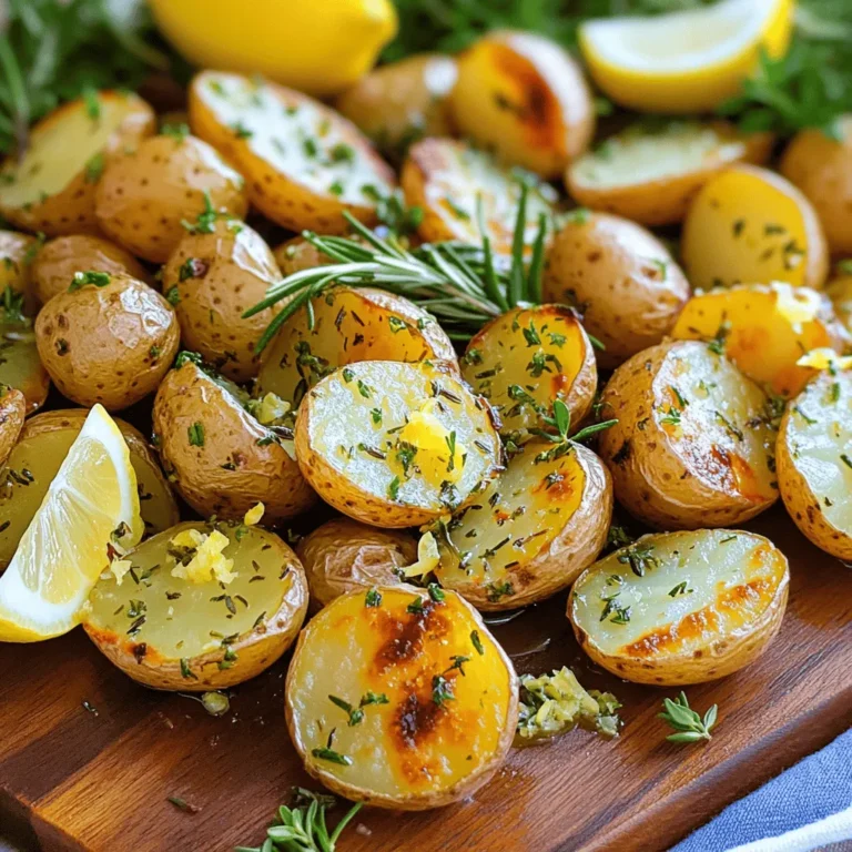 To make Garlic Herb Roasted Baby Potatoes, you need simple and fresh ingredients. This dish shines with its bright flavors. You will enjoy how easy it is to prepare. Here’s what you need: - 1 lb baby potatoes, halved - 4 cloves garlic, minced - 3 tablespoons extra virgin olive oil - 1 teaspoon fresh rosemary, finely chopped - 1 teaspoon fresh thyme, finely chopped - 1 teaspoon fresh parsley, finely chopped - Salt and freshly cracked black pepper to taste - Zest of 1 lemon These amounts serve about four people. Adjust as needed for your group. To prepare this dish, gather a few essential tools: - A large mixing bowl for combining ingredients - A baking sheet for roasting - A sharp knife for chopping - A cutting board for safety - Measuring spoons for accuracy With these tools, you can create a tasty side dish that everyone will love. For the full recipe, check out the complete instructions above. Start by prepping your ingredients. Gather 1 pound of baby potatoes and halve them for even cooking. Next, mince 4 cloves of garlic; this will give the dish a robust flavor. In a large bowl, mix the halved potatoes with the minced garlic. Add 3 tablespoons of extra virgin olive oil to ensure each potato gets coated. Then, chop 1 teaspoon each of fresh rosemary, thyme, and parsley, and toss them into the bowl. This mix of herbs will add fresh flavor to the potatoes. Finally, season with salt, freshly cracked black pepper, and the zest of 1 lemon to brighten the dish. Preheat your oven to 400°F (200°C). This step is crucial for crispy potatoes. Spread the seasoned potatoes on a baking sheet in a single layer. Make sure they are not crowded; this helps them roast evenly. Place the baking sheet in the oven. Roast for about 25 to 30 minutes. Halfway through, give the potatoes a gentle toss. This helps them brown evenly. When they are golden brown and crispy, remove them from the oven. Let them cool slightly before serving. This enhances their flavor and makes them even more delicious. To achieve the best results, follow these tips. Use small, even-sized baby potatoes for uniform cooking. Ensure they are well-coated with oil and seasoning; this leads to a crispy exterior. Don’t skip the tossing halfway through roasting; it promotes even browning. For extra flavor, you can add more herbs or spices to your mix. If you want a fun twist, try adding a sprinkle of cheese before serving. These tips will help you create Garlic Herb Roasted Baby Potatoes that impress your guests. For the complete recipe, check out the Full Recipe section. To boost the taste of your Garlic Herb Roasted Baby Potatoes, focus on fresh herbs. Fresh rosemary, thyme, and parsley bring a bright flavor. Use more lemon zest for a zesty kick. You can also add a splash of balsamic vinegar for depth. If you love spice, sprinkle in some red pepper flakes. This simple step makes a big difference! Texture is key to great roasted potatoes. Start with dry potatoes; moisture can make them soggy. Cut them in halves to ensure even cooking. Don't overcrowd the baking sheet. Each potato should have space to roast. Toss them halfway through cooking to achieve that crispy outer layer. Keep an eye on them to avoid burning. One common mistake is under-seasoning. Make sure to add enough salt and pepper. This helps bring out the flavors in the potatoes. Another mistake is not preheating the oven. A hot oven helps the potatoes cook evenly. Finally, don’t skip the tossing step. It ensures all sides get crispy and golden. Follow these tips for a perfect side dish every time. For the complete recipe, check the Full Recipe section. {{image_4}} You can change the herbs in this recipe to suit your taste. Try using basil or dill instead of rosemary and thyme. Each herb adds a unique flavor. For a fresh twist, mix in some oregano or tarragon. The key is to use fresh herbs when possible. Dried herbs can work too, but fresh herbs give a brighter taste. You can add more ingredients to make these potatoes even better. Consider tossing in halved cherry tomatoes or bell peppers for color and flavor. For a kick, sprinkle some red pepper flakes before roasting. You can also add cheese, like Parmesan, in the last few minutes of roasting. This gives a nice, salty crust that pairs well with the garlic and herbs. Garlic herb roasted baby potatoes taste great on their own but shine with other dishes. Serve them alongside grilled chicken or steak for a hearty meal. They also work well with roasted vegetables or a fresh salad. For a fun twist, use them in a wrap or as a filling in a sandwich. These potatoes are versatile and can fit any meal type. For the full recipe, check out the section above. To keep your Garlic Herb Roasted Baby Potatoes fresh, let them cool first. Store them in an airtight container. If you have leftovers, you can place them in the fridge. This way, they stay moist and tasty. Avoid putting them in a sealed bag without cooling. This may cause sogginess. When you want to enjoy your potatoes again, reheating is easy. Preheat your oven to 350°F (175°C). Spread the potatoes on a baking sheet. Heat them for about 10 to 15 minutes. This method brings back their crispy texture. If you’re in a rush, you can use a microwave, but the texture won’t be as good. Properly stored, your Garlic Herb Roasted Baby Potatoes last about three to four days in the fridge. If you want them to last longer, consider freezing them. They can stay good in the freezer for up to three months. Just make sure to label the container with the date. This helps you track freshness. Yes, you can use other potatoes. Red potatoes or Yukon Gold work well. They have a creamy texture and roast nicely. Just cut them into similar sizes for even cooking. This way, you keep the cooking time consistent. Each type will give a different taste, but they all work great. Garlic Herb Roasted Baby Potatoes pair well with many dishes. They go great with grilled chicken or fish. You can also serve them with steak or roasted veggies. Try adding a fresh salad for balance. The flavors complement each other nicely, making your meal feel complete. To make these potatoes ahead, prep them first. Cut and season the potatoes as the recipe states. Place them in an airtight container and store them in the fridge. When you’re ready to cook, just roast them straight from the fridge. This will save you time on busy days. For the full recipe, check above! You now have a clear guide to making Garlic Herb Roasted Baby Potatoes. We covered the ingredients, preparation steps, and roasting tips. You learned how to enhance flavor and avoid common mistakes. Remember to explore different herb combinations for fun variations. Proper storage helps keep your potatoes fresh. Lastly, using FAQs, I answered common concerns while cooking. Enjoy your cooking journey and share your tasty results!