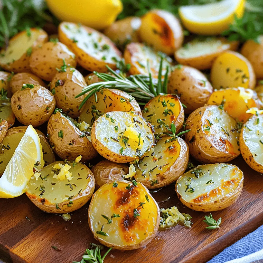 To make Garlic Herb Roasted Baby Potatoes, you need simple and fresh ingredients. This dish shines with its bright flavors. You will enjoy how easy it is to prepare. Here’s what you need: - 1 lb baby potatoes, halved - 4 cloves garlic, minced - 3 tablespoons extra virgin olive oil - 1 teaspoon fresh rosemary, finely chopped - 1 teaspoon fresh thyme, finely chopped - 1 teaspoon fresh parsley, finely chopped - Salt and freshly cracked black pepper to taste - Zest of 1 lemon These amounts serve about four people. Adjust as needed for your group. To prepare this dish, gather a few essential tools: - A large mixing bowl for combining ingredients - A baking sheet for roasting - A sharp knife for chopping - A cutting board for safety - Measuring spoons for accuracy With these tools, you can create a tasty side dish that everyone will love. For the full recipe, check out the complete instructions above. Start by prepping your ingredients. Gather 1 pound of baby potatoes and halve them for even cooking. Next, mince 4 cloves of garlic; this will give the dish a robust flavor. In a large bowl, mix the halved potatoes with the minced garlic. Add 3 tablespoons of extra virgin olive oil to ensure each potato gets coated. Then, chop 1 teaspoon each of fresh rosemary, thyme, and parsley, and toss them into the bowl. This mix of herbs will add fresh flavor to the potatoes. Finally, season with salt, freshly cracked black pepper, and the zest of 1 lemon to brighten the dish. Preheat your oven to 400°F (200°C). This step is crucial for crispy potatoes. Spread the seasoned potatoes on a baking sheet in a single layer. Make sure they are not crowded; this helps them roast evenly. Place the baking sheet in the oven. Roast for about 25 to 30 minutes. Halfway through, give the potatoes a gentle toss. This helps them brown evenly. When they are golden brown and crispy, remove them from the oven. Let them cool slightly before serving. This enhances their flavor and makes them even more delicious. To achieve the best results, follow these tips. Use small, even-sized baby potatoes for uniform cooking. Ensure they are well-coated with oil and seasoning; this leads to a crispy exterior. Don’t skip the tossing halfway through roasting; it promotes even browning. For extra flavor, you can add more herbs or spices to your mix. If you want a fun twist, try adding a sprinkle of cheese before serving. These tips will help you create Garlic Herb Roasted Baby Potatoes that impress your guests. For the complete recipe, check out the Full Recipe section. To boost the taste of your Garlic Herb Roasted Baby Potatoes, focus on fresh herbs. Fresh rosemary, thyme, and parsley bring a bright flavor. Use more lemon zest for a zesty kick. You can also add a splash of balsamic vinegar for depth. If you love spice, sprinkle in some red pepper flakes. This simple step makes a big difference! Texture is key to great roasted potatoes. Start with dry potatoes; moisture can make them soggy. Cut them in halves to ensure even cooking. Don't overcrowd the baking sheet. Each potato should have space to roast. Toss them halfway through cooking to achieve that crispy outer layer. Keep an eye on them to avoid burning. One common mistake is under-seasoning. Make sure to add enough salt and pepper. This helps bring out the flavors in the potatoes. Another mistake is not preheating the oven. A hot oven helps the potatoes cook evenly. Finally, don’t skip the tossing step. It ensures all sides get crispy and golden. Follow these tips for a perfect side dish every time. For the complete recipe, check the Full Recipe section. {{image_4}} You can change the herbs in this recipe to suit your taste. Try using basil or dill instead of rosemary and thyme. Each herb adds a unique flavor. For a fresh twist, mix in some oregano or tarragon. The key is to use fresh herbs when possible. Dried herbs can work too, but fresh herbs give a brighter taste. You can add more ingredients to make these potatoes even better. Consider tossing in halved cherry tomatoes or bell peppers for color and flavor. For a kick, sprinkle some red pepper flakes before roasting. You can also add cheese, like Parmesan, in the last few minutes of roasting. This gives a nice, salty crust that pairs well with the garlic and herbs. Garlic herb roasted baby potatoes taste great on their own but shine with other dishes. Serve them alongside grilled chicken or steak for a hearty meal. They also work well with roasted vegetables or a fresh salad. For a fun twist, use them in a wrap or as a filling in a sandwich. These potatoes are versatile and can fit any meal type. For the full recipe, check out the section above. To keep your Garlic Herb Roasted Baby Potatoes fresh, let them cool first. Store them in an airtight container. If you have leftovers, you can place them in the fridge. This way, they stay moist and tasty. Avoid putting them in a sealed bag without cooling. This may cause sogginess. When you want to enjoy your potatoes again, reheating is easy. Preheat your oven to 350°F (175°C). Spread the potatoes on a baking sheet. Heat them for about 10 to 15 minutes. This method brings back their crispy texture. If you’re in a rush, you can use a microwave, but the texture won’t be as good. Properly stored, your Garlic Herb Roasted Baby Potatoes last about three to four days in the fridge. If you want them to last longer, consider freezing them. They can stay good in the freezer for up to three months. Just make sure to label the container with the date. This helps you track freshness. Yes, you can use other potatoes. Red potatoes or Yukon Gold work well. They have a creamy texture and roast nicely. Just cut them into similar sizes for even cooking. This way, you keep the cooking time consistent. Each type will give a different taste, but they all work great. Garlic Herb Roasted Baby Potatoes pair well with many dishes. They go great with grilled chicken or fish. You can also serve them with steak or roasted veggies. Try adding a fresh salad for balance. The flavors complement each other nicely, making your meal feel complete. To make these potatoes ahead, prep them first. Cut and season the potatoes as the recipe states. Place them in an airtight container and store them in the fridge. When you’re ready to cook, just roast them straight from the fridge. This will save you time on busy days. For the full recipe, check above! You now have a clear guide to making Garlic Herb Roasted Baby Potatoes. We covered the ingredients, preparation steps, and roasting tips. You learned how to enhance flavor and avoid common mistakes. Remember to explore different herb combinations for fun variations. Proper storage helps keep your potatoes fresh. Lastly, using FAQs, I answered common concerns while cooking. Enjoy your cooking journey and share your tasty results!