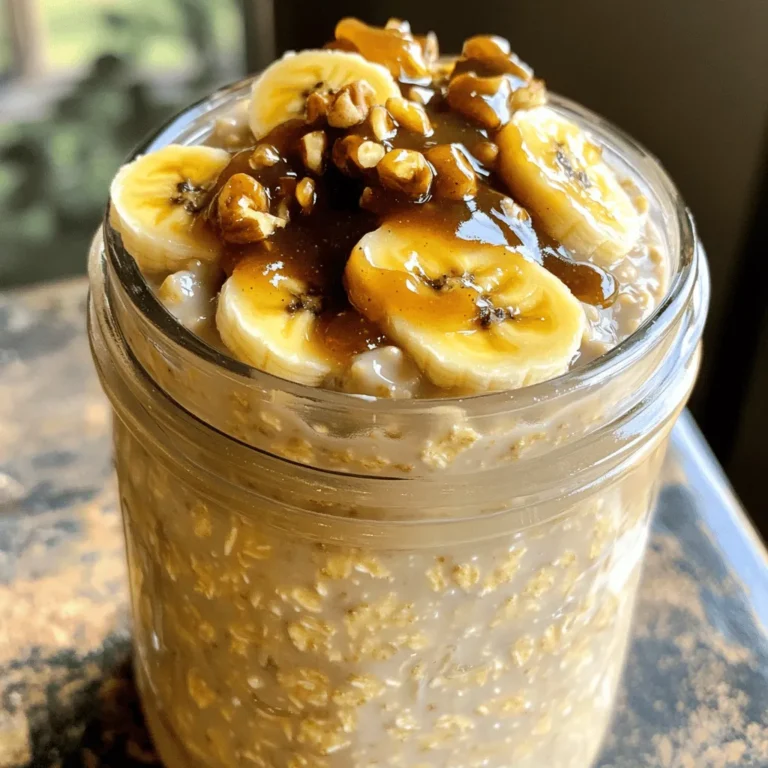 For this tasty dish, you will need: - 1 cup rolled oats - 2 ripe bananas, sliced - 1 cup almond milk (or any milk of your choice) - 1 tablespoon pure maple syrup - 1 teaspoon pure vanilla extract - 1 teaspoon ground cinnamon - 1 tablespoon unsalted butter - 2 tablespoons brown sugar - Pinch of salt These ingredients work together to create a creamy and sweet breakfast. The oats soak up the milk and flavors overnight. You can make this recipe your own. Here are some fun options: - 1/4 cup chopped walnuts (for garnish) - A dash of nutmeg for extra warmth - A drizzle of honey if you like it sweeter - Chia seeds for added fiber Feel free to mix and match these optional ingredients. They can add new textures and flavors to your oats. This recipe serves two people. Each serving has about: - Calories: 350 - Protein: 8g - Carbs: 60g - Fiber: 8g - Sugars: 12g These oats provide a good balance of energy and nutrients to start your day right. You get fiber from the oats and bananas, plus healthy fats if you add nuts. Enjoy a hearty breakfast that feels indulgent yet healthy. For the full recipe, check the section above! To start, grab a medium bowl or jar. Add 1 cup of rolled oats to it. Pour in 1 cup of almond milk, or any milk you like. Next, add 1 tablespoon of pure maple syrup. Then, mix in 1 teaspoon of pure vanilla extract and 1 teaspoon of ground cinnamon. Finally, add a pinch of salt. Stir everything until well combined. The oats should be nice and coated. Now, slice 1 ripe banana and layer half of it on the oat mix. Gently fold the bananas into the oats. This will help the flavors blend better. Next, take a small frying pan and set it over medium heat. Add 1 tablespoon of unsalted butter and let it melt. Once it’s melted, sprinkle in 2 tablespoons of brown sugar. Stir it well until the sugar dissolves completely. Now, add the remaining banana slices into the pan. Sauté them for about 1-2 minutes. You want them to soften and get a nice golden color. When they are ready, take them off the heat and let them cool for a moment. Now, it’s time to put everything together. Divide the oat mixture evenly into two serving jars. On top of the oats, spoon the warm banana mix. Make sure to drizzle any caramel sauce from the pan over the oats. If you want a crunch, sprinkle 1/4 cup of chopped walnuts on top. This adds texture and flavor. Seal the jars tightly and place them in the fridge. Let them chill overnight or for at least 4-6 hours. This soaking time helps the oats soften and soak up all the flavors. The next morning, stir the oats gently before enjoying. You can eat them cold or warm them in the microwave for a cozy treat. To make your oats extra creamy, use more milk. I suggest adding an extra half cup of almond milk. This will give a soft texture. You may also blend the oats with the milk before mixing. Blending creates a smooth base that feels rich. Mixing in yogurt can also enhance creaminess. Greek yogurt adds protein and flavor. When sautéing bananas, choose ripe ones for the best taste. Start with medium heat to avoid burning. Melt the butter fully before adding sugar. This helps the sugar dissolve evenly. Stir gently to coat the bananas without mashing them. Cook for just 1-2 minutes. You want them soft but still intact. This step creates a lovely caramel flavor. Serve your Banana Foster Overnight Oats in clear jars. This showcases the beautiful layers of oats and bananas. Top with a banana slice or a sprinkle of walnuts for a pop of color. Drizzle any extra caramel from the pan over the top. This adds a sweet touch and makes it eye-catching. A nice presentation makes the dish feel gourmet. For the full recipe, check out the [Full Recipe]. {{image_4}} You can easily make Banana Foster overnight oats dairy-free. Simply swap the milk for almond, coconut, or oat milk. These options work great and taste delicious. They keep the oats creamy without dairy. If you want added richness, try using a non-dairy yogurt on top. Want to add more flavor? You can stir in some nutmeg for warmth. A splash of rum extract brings that classic banana foster taste. If you like a nutty flavor, mix in a spoon of almond butter or peanut butter. This adds creaminess and a nice twist. Toppings can change your oats in fun ways. You can add fresh fruit like strawberries or blueberries. They add color and sweetness. Chopped pecans or almonds give a nice crunch. Drizzling more maple syrup on top can enhance the sweetness. For a fun touch, try adding a dollop of whipped cream. For the full recipe, check the [Full Recipe] section. Enjoy exploring these tasty variations! To keep your Banana Foster Overnight Oats fresh, store them in airtight containers. Use glass jars with lids or plastic containers that seal well. Make sure the oats are cool before sealing. This step prevents moisture from building up inside. When meal prepping, make a few jars at once. This saves time during busy mornings. You can layer the ingredients in jars, but keep the banana topping separate until you are ready to eat. This way, the bananas stay fresh and do not turn brown. Banana Foster Overnight Oats last about four to five days in the fridge. Check for any bad smells or changes in texture. If the oats look dry or the bananas are brown and mushy, it's best to toss them. Always trust your senses when it comes to food safety. Yes, you can use quick oats. Quick oats cook faster and absorb liquid quickly. This will make the oats softer and creamier. If you like a thicker texture, stick to rolled oats. They hold their shape better and give a nice chew. You can keep Banana Foster Overnight Oats in the fridge for up to five days. Just make sure to seal the containers well. This way, they stay fresh and tasty. As the days pass, the flavors will blend more. Yes, you can reheat the oats. Just take them out of the fridge and warm them for about 30 seconds in the microwave. Stir well after heating. This gives you a warm and comforting breakfast, just like when you first made them. For the full recipe, check the earlier section. Banana Foster Overnight Oats offer a tasty blend of simple ingredients. We explored how to prepare a creamy oat mixture, sauté sweet bananas, and assemble your dish beautifully. I shared tips for a creamier texture, smart sautéing techniques, and storage methods. You can customize the recipe to fit your taste with different toppings and dairy-free options. Enjoy making this healthy breakfast that’s easy to store and serve. Now, you have all the tools to create a delightful and nutritious meal!
