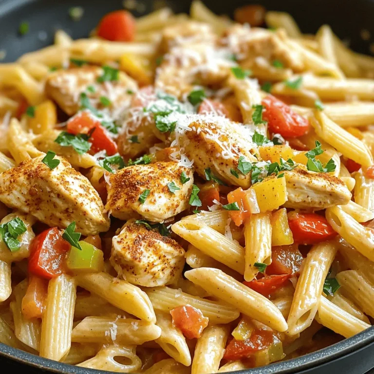 - 1 pound boneless, skinless chicken breasts, diced - 2 tablespoons Cajun seasoning - 2 tablespoons olive oil - 1 medium onion, finely chopped - 3 cloves garlic, minced - 1 bell pepper, diced These main ingredients create a strong base for your dish. The chicken brings protein, while the Cajun seasoning adds a kick. Olive oil helps cook everything evenly. The onion, garlic, and bell pepper give great flavor and texture. - 1 cup chicken broth - 1 can diced tomatoes (14 oz) - 1 cup heavy cream Liquid elements are key for a creamy sauce. Chicken broth adds depth, while diced tomatoes bring sweetness. Heavy cream makes it rich and smooth. Together, they create a delicious sauce that coats the pasta. - Fresh parsley, chopped - Grated Parmesan cheese Garnishes enhance the dish's look and taste. Fresh parsley adds color and freshness. Grated Parmesan cheese gives a salty, nutty flavor that pairs well with the creamy sauce. These optional garnishes elevate your meal. For the full recipe, check out the detailed steps to make this one-pan Cajun chicken pasta. - Seasoning the Chicken Start by placing diced chicken in a bowl. Sprinkle the Cajun seasoning over the chicken. Mix well to coat every piece. This step gives the chicken a bold flavor. Let it sit for a few minutes to absorb the seasoning. - Sautéing Chicken until Cooked Heat olive oil in a large skillet over medium-high heat. When the oil is hot, add the seasoned chicken. Cook it for about 5-7 minutes. You want the chicken to turn golden brown and fully cooked. Once done, take the chicken out and set it aside on a plate. - Sautéing Onion and Bell Pepper In the same skillet, add the chopped onion and bell pepper. Sauté these veggies for 3-4 minutes. You want the onions to become clear and the peppers to soften. This adds sweetness and depth to your dish. - Adding Garlic for Flavor Next, stir in the minced garlic. Cook for another minute. This will make your kitchen smell amazing! Garlic adds a great layer of flavor to the dish. - Adding Chicken Broth and Tomatoes Carefully pour the chicken broth into the skillet. Add the diced tomatoes with their juices. Use a wooden spoon to scrape any tasty bits from the skillet's bottom. This helps build a rich sauce. - Cooking the Pasta Bring the mixture to a boil. Then, add the penne pasta. Stir it well, ensuring it’s submerged. Reduce the heat to medium-low. Let it simmer uncovered for about 10-12 minutes. Stir occasionally to keep the pasta from sticking. The pasta should be firm yet tender when done. - Incorporating Heavy Cream Once the pasta is cooked, return the sautéed chicken to the skillet. Pour in the heavy cream and stir well. This adds richness and creaminess to the dish. Let it heat for 2-3 minutes. - Final Seasoning Adjustments Taste your dish and adjust the seasoning. Add salt and freshly ground black pepper as needed. This final touch enhances all the flavors. For the complete recipe, check out the [Full Recipe]. Adjusting Spice Levels You can change the heat in this dish. If you like it mild, use less Cajun seasoning. For more heat, add extra seasoning or even some hot sauce. Taste as you go to find the right balance for you. Enhancing Creaminess For a richer dish, add more heavy cream. You can also try cream cheese or sour cream for a twist. These options make the sauce even creamier and more delicious. Preventing Pasta from Sticking To keep your pasta from sticking, stir it often. Make sure the pasta is well covered with the sauce. If it still sticks, you can add a splash of chicken broth or water to loosen it. Achieving Perfect Texture Cook the pasta until it's just al dente. This means it should be firm to the bite. Overcooking can make it mushy. After cooking, let it sit for a minute. This will help it absorb the sauce better. Serving Suggestions Serve the pasta in shallow bowls. This makes it look nice and allows for easy eating. Pair it with garlic bread for a tasty side. Adding Extra Garnishes Top your dish with chopped parsley and grated Parmesan cheese. This adds color and flavor. A drizzle of olive oil also gives it a nice shine. For the complete cooking process, check out the Full Recipe. {{image_4}} You can switch up the protein in this dish easily. - Shrimp or Sausage Substitutes: For a seafood twist, use shrimp. Cook it until pink. A smoked sausage also adds great flavor. Slice it and sauté it with the veggies. - Vegetarian Option with Tofu: If you want a meatless meal, try tofu. Press it to remove water, then cube it. Sauté it until golden for a nice texture. Not all pasta is the same. You can choose what fits your taste. - Different Types of Pasta: While penne is great, you can use other shapes too. Bowties or fusilli work well and add fun to the dish. - Gluten-Free Options: You can go gluten-free with rice pasta. It cooks similarly and tastes good with the sauce. You can tailor the flavor to your liking. - Mild vs. Spicy Cajun Seasoning: If you prefer less heat, use mild Cajun seasoning. You can always start low and add more if needed. - Adding Vegetables for Variety: Add more veggies like zucchini or spinach. They boost nutrition and add color. Just chop them small and add them early in the cooking process. For more details, check the Full Recipe. To keep your One-Pan Cajun Chicken Pasta fresh, store leftovers in the fridge. Use airtight containers to prevent drying out. It’s best to eat the pasta within 3-4 days for optimal taste. Let it cool before sealing to avoid steam buildup. Choose containers that fit your portion size. Glass or BPA-free plastic works well. Ensure the lid seals tightly. Label the container with the date. This helps you track how long it has been stored. To reheat, use the stovetop for the best texture. Add a splash of chicken broth or water to prevent drying. Heat over medium-low heat, stirring gently. Reheat for about 5-7 minutes until hot. If using a microwave, heat in 1-minute intervals. Stir between each interval to ensure even heating. To freeze One-Pan Cajun Chicken Pasta, let it cool fully first. Portion it into freezer-safe bags or containers. Remove as much air as possible before sealing. Thaw overnight in the fridge for best results. To reheat, follow the same stovetop method. Add liquid if needed to restore creaminess. Enjoy it just like the first time! Prep time is about 10 minutes. Cooking takes around 20 minutes. So, the total time is about 30 minutes. This meal is quick and easy, perfect for busy days. Yes, you can make this dish ahead of time. Store it in the fridge for up to three days. Just reheat it on the stove until warm. If you make it in advance, the flavors will blend even more. This dish pairs well with several sides. Here are some ideas: - Garlic bread - Caesar salad - Steamed vegetables - Coleslaw These sides add a nice touch and balance the meal. You can easily adjust this recipe to suit your taste. Here are some swaps: - Use whole wheat pasta for a healthier option. - Add more veggies like spinach or zucchini. - Adjust the Cajun seasoning for more or less spice. Feel free to get creative! Absolutely! You can use other meats. Here are some options: - Shrimp for a seafood twist - Sausage for a heartier flavor - Tofu for a vegetarian choice Each will bring its own flavor to the dish. Enjoy experimenting! For the full recipe, check out the One-Pan Cajun Chicken Pasta. This article covered the key ingredients for one-pan Cajun chicken pasta, including chicken, seasoning, and creamy elements. We explored preparation steps, cooking methods, and ways to perfect the dish's flavor. You can also customize it with protein alternatives and different pasta types. To wrap up, this meal is both tasty and flexible. It’s easy to make, and leftovers store well. Try the tips and variations to make it your own. This dish is sure to impress anyone you serve it to. Enjoy your cooking adventure!