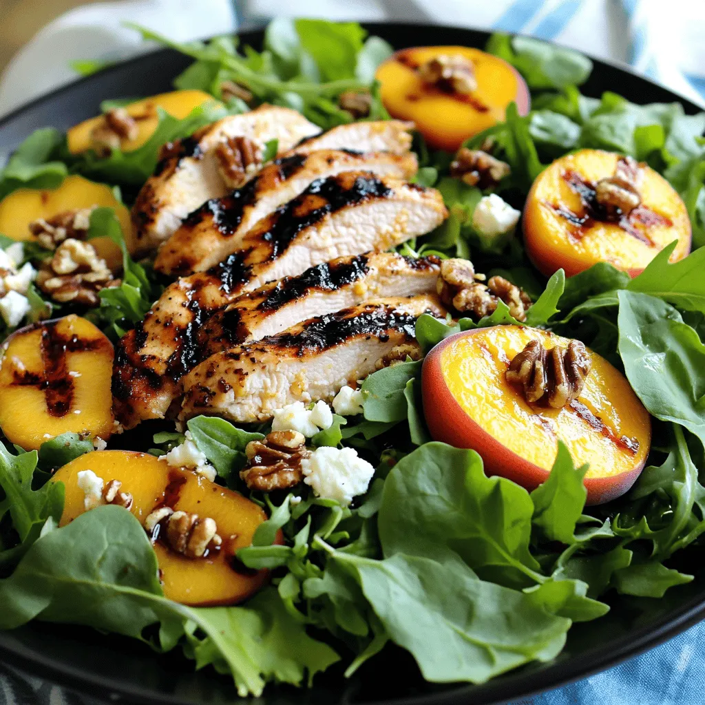 To make the Grilled Peach Chicken Salad, gather these ingredients: - 2 boneless, skinless chicken breasts - 2 ripe peaches, halved and pitted - 4 cups of assorted mixed greens (a blend of arugula, spinach, and romaine) - 1/4 cup crumbled feta cheese - 1/4 cup walnuts, lightly toasted for extra flavor - 2 tablespoons high-quality olive oil - 2 tablespoons balsamic vinegar - 1 tablespoon honey - Salt and freshly cracked black pepper to taste - Fresh mint leaves for garnish (optional) When measuring ingredients, use dry measuring cups for solids. Fill the cup and level off with a knife for accuracy. For liquids, use a clear measuring cup. Pour until the liquid reaches the desired line. This helps ensure your salad turns out just right. You can swap ingredients based on your taste. If you don’t have peaches, try nectarines. Instead of chicken, grilled shrimp works great. For a dairy-free option, use avocado instead of feta. Feel free to play around with the ingredients to make the salad your own! To start, you need to preheat your grill. Set it to medium-high heat. Clean the grates well. Use a paper towel dipped in oil to coat the grates lightly. This helps keep the chicken and peaches from sticking. Next, season the chicken breasts. Sprinkle salt and freshly cracked black pepper on both sides. Drizzle one tablespoon of olive oil over the chicken. Let it sit for about 15 minutes. This helps the flavor soak in. When the grill is ready, place the chicken on the grates. Grill for 6-7 minutes on one side. Flip the chicken and cook for another 6-7 minutes. The chicken should reach 165°F (75°C) inside. Remove it from the grill and let it rest for a few minutes before slicing. While the chicken rests, it’s time to grill the peaches. Place the peach halves cut-side down on the grill. Cook them for 3-5 minutes. Look for nice grill marks and a slight softness in the peaches. Remove them from the grill and let them cool. Slice each half into wedges. Now you have sweet, smoky peaches ready for your salad! This method leads to a fresh and flavorful meal. For more details, refer to the Full Recipe. To grill chicken perfectly, use boneless, skinless breasts. This cut cooks evenly. Start by preheating your grill to medium-high heat. This ensures a good sear. Always clean and oil your grates. This helps prevent sticking. Season both sides of your chicken well with salt and pepper. A little olive oil adds flavor and moisture. Grill for 6-7 minutes on one side. Flip and cook for another 6-7 minutes. Always check that the chicken reaches 165°F (75°C). Rest the chicken before slicing. This keeps it juicy. Look for ripe peaches that are firm yet slightly soft. A sweet aroma is a good sign. Skin should have a vibrant color. Avoid peaches with bruises or dark spots. Choose peaches that feel heavy for their size. This means they are juicy. If you can't find ripe peaches, consider using nectarines. They have a similar taste and texture. For the dressing, I use balsamic vinegar, honey, and olive oil. This mix gives a sweet and tangy flavor. Always whisk until smooth to blend well. Taste your dressing. You might want to add more salt or pepper. If you like a creamier dressing, add a spoonful of yogurt. For a citrus twist, try adding lemon juice or zest. Adjust the sweetness by adding more honey if needed. This makes it your own! {{image_4}} You can switch up the protein in this salad. Try grilled shrimp or salmon for a tasty twist. Both options pair well with the sweet peaches. For a vegetarian option, use grilled tofu or chickpeas. These choices add protein and flavor while keeping the salad light and fresh. Feta cheese adds a nice touch, but you have choices. Goat cheese provides a creamy and tangy flavor. Or try blue cheese for a bold taste. If you want something milder, shredded mozzarella works too. Each cheese changes the salad’s character, making it exciting every time. Feel free to add seasonal fruits and veggies. In summer, try juicy berries or crisp cucumbers. In fall, sliced apples or roasted nuts bring warmth. Adding herbs like basil or dill can brighten the dish. These variations keep your salad fresh and interesting throughout the year. Check the Full Recipe for more ideas! To keep your grilled peach chicken salad fresh, place leftovers in an airtight container. This will keep the flavors intact. Store it in the fridge for up to three days. If you want to keep it longer, separate the dressing from the salad. This way, the greens stay crisp. When you're ready to enjoy your leftovers, gently reheat the chicken. Place it in a microwave-safe dish. Cover it with a damp paper towel to keep it moist. Heat in short bursts, checking often to avoid overcooking. You do not need to reheat the salad; it tastes great cold. Freezing this salad is not the best idea. The greens will wilt, and the peaches may become mushy. However, you can freeze grilled chicken separately. Slice it first, then store in a freezer bag. This can last up to three months. When you're ready to eat it, thaw in the fridge overnight before reheating. You can tell if the chicken is done by checking its temperature. Use a meat thermometer. Insert it into the thickest part of the chicken breast. The safe internal temperature is 165°F (75°C). If you don’t have a thermometer, cut into the chicken. The juices should run clear, and the meat should not be pink. Yes, you can make parts of this salad ahead. Grill the chicken and peaches a day before. Store them in the fridge. Keep the mixed greens and dressing separate until you serve. This helps keep everything fresh and crisp. Just toss it all together before eating. If you can't find feta cheese, you have options. Crumbled goat cheese works well for a creamy texture. You can also use blue cheese for a stronger flavor. If you want a dairy-free choice, try avocado or a nut-based cheese. These will still add great taste to your salad. In this blog post, I covered key steps for grilling chicken and peaches. We discussed must-have ingredients, measuring tips, and substitutions. I included easy instructions for grilling and best practices for perfect results. You learned about alternative proteins and cheese options. Finally, I shared how to store leftovers and answered your common questions. Grilling offers a fun and tasty way to enjoy meals. Use these tips to impress at your next cookout.