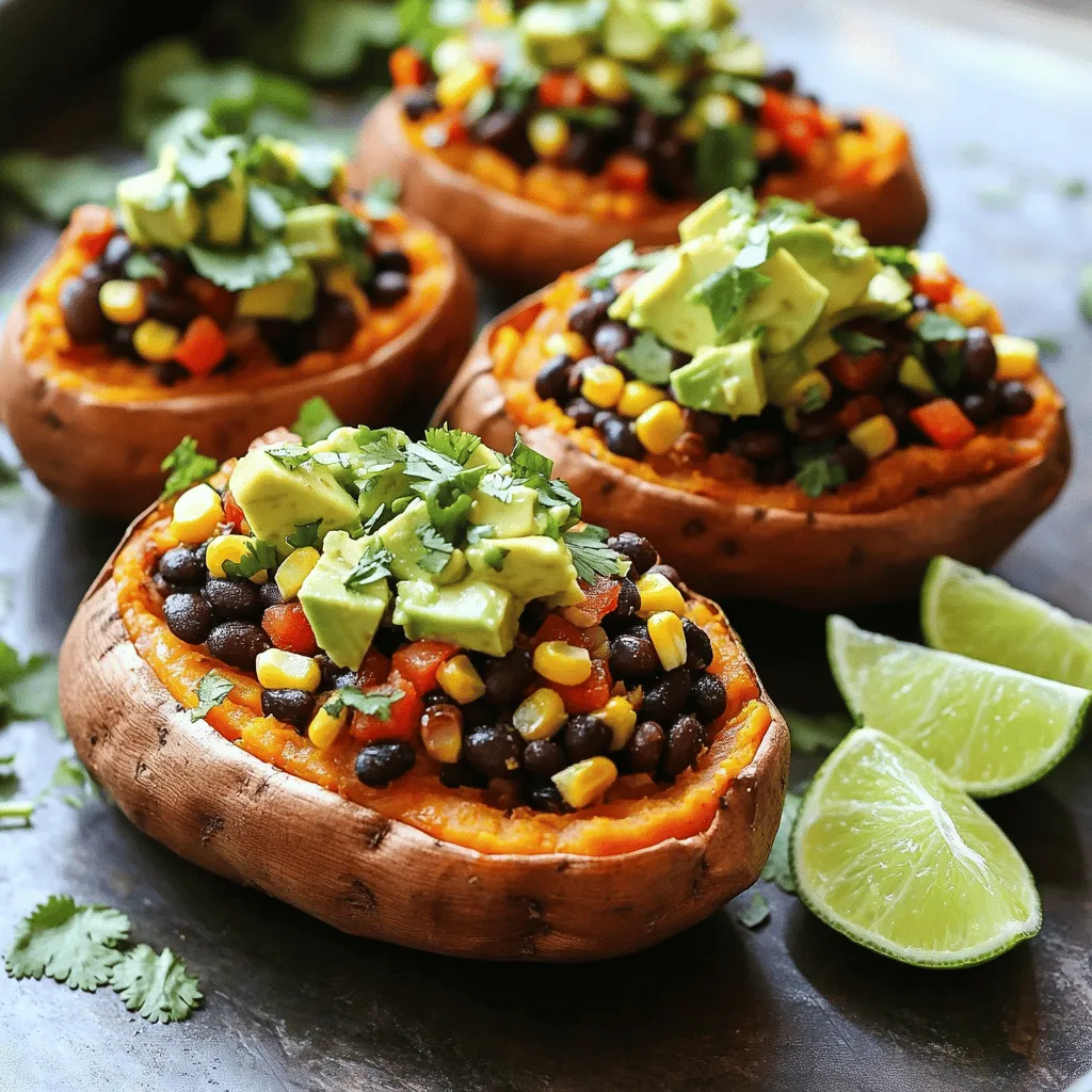 - 4 medium sweet potatoes - 1 can black beans, drained and rinsed - 1 cup corn (fresh, frozen, or canned) - 1 red bell pepper, diced - 1 small red onion, finely chopped - 2 cloves garlic, minced - 1 teaspoon ground cumin - 1 teaspoon smoked paprika - Salt and pepper, to taste - 1 avocado, diced (for topping) - Fresh cilantro, chopped (for garnish) - Lime wedges (for serving) These ingredients make a great base for vegan stuffed sweet potatoes. Sweet potatoes are not just tasty, but also packed with vitamins. They add a natural sweetness that pairs well with savory fillings. Black beans provide protein and fiber, making this dish hearty. Corn adds a nice crunch and sweetness too. You might wonder why I chose these specific spices. Ground cumin gives a warm flavor, while smoked paprika adds depth. These spices work well together and bring life to the dish. - Calories per serving: About 300 calories - Macronutrients breakdown: - Carbs: 60g - Fats: 9g - Proteins: 10g This dish offers a balanced mix of nutrients. The sweet potatoes contribute healthy carbs. The black beans add protein and fiber, making it filling. If you want to switch things up, you can use chickpeas instead of black beans. They add a different texture but still pack a punch. For spices, try chili powder or oregano for a new twist. Experimenting with these options can make your dish unique. Each choice keeps the dish healthy while adding different flavors. For the full recipe, don’t forget to check out the cooking steps! - Preheat your oven to 400°F (200°C). - Wash the sweet potatoes under cold water. Poke holes in each one with a fork. This helps steam escape while baking. - Place the sweet potatoes on a baking sheet. Bake them for 45 to 60 minutes. They are ready when a fork goes in easily. - Heat a large skillet over medium heat. Add a splash of water and toss in the red onion. Sauté it for 3 to 4 minutes until it turns soft. - Next, add the minced garlic and diced bell pepper. Sprinkle in the ground cumin and smoked paprika. Season with salt and pepper. Cook this mix for about 5 minutes. The bell pepper should be tender. - Now stir in the black beans and corn. Cook for another 5 minutes. Make sure everything is warm and mixed well. - After baking, take the sweet potatoes out of the oven. Let them cool for a few minutes. - When cool, slice each potato lengthwise. Gently press the ends to open them up. This creates a pocket for the filling. - Spoon the black bean and corn mix into each sweet potato. Fill them all the way to the top. - Finally, add diced avocado on top and sprinkle with fresh cilantro. Serve with lime wedges for a zesty touch. For a detailed guide, check the Full Recipe. To ensure your sweet potatoes come out just right, test for doneness. Use a fork to poke each potato. If the fork slides in easily, they are done. If not, give them more time. Avoid common baking mistakes by choosing potatoes of similar size. This helps them bake evenly. Remember to poke holes in each potato before baking. This step allows steam to escape, preventing messes in your oven. When it comes to side dishes, pair your stuffed sweet potatoes with a fresh salad. A crunchy slaw or grilled veggies also work well. This adds color and texture to your meal. For plating, use a wide, shallow bowl. Place the stuffed sweet potato in the center. Add a sprinkle of fresh cilantro on top. Arrange lime wedges around the potato for a pop of color. Yes, you can make these vegan stuffed sweet potatoes in advance! Prepare the sweet potatoes and filling separately. Store them in the fridge for up to three days. For reheating, warm the sweet potatoes in the oven at 350°F (175°C) for about 15 minutes. If using a microwave, heat on high for 2-3 minutes. This keeps them soft and delicious, just like fresh. {{image_4}} You can change the filling to match your mood or the season. For a Mexican twist, add salsa, avocado, or jalapeños. These bright flavors elevate the dish. You can also try a Mediterranean style. Use sun-dried tomatoes, olives, and fresh herbs like basil or oregano. This mix brings warmth and character to every bite. If you want a low-carb dish, swap sweet potatoes for cauliflower. Cauliflower has a soft texture and absorbs flavors well. For fillings, focus on high-protein options like tofu or tempeh mixed with veggies. You can use spices to enhance the taste and keep it exciting. In fall, add cranberries or pecans for a sweet crunch. These ingredients pair well with the natural sweetness of the sweet potatoes. In summer, use fresh herbs like parsley or cilantro for a bright, refreshing touch. You can also include grilled zucchini or bell peppers to keep it light and flavorful. Check out the Full Recipe for cooking steps and more ideas! After enjoying your vegan stuffed sweet potatoes, store any leftovers in the fridge. Use an airtight container to keep them fresh. This helps avoid any strong odors from spreading. If you do not have a container, wrap the sweet potatoes in plastic wrap. Make sure to seal it tightly. This will keep them safe from drying out. You can freeze stuffed sweet potatoes for later. Allow them to cool completely before wrapping them. Use freezer-safe bags or containers for best results. Squeeze out as much air as possible. When you want to eat them, thaw them overnight in the fridge. Reheat in the oven at 350°F (175°C) for about 20 minutes. This will warm them up nicely. In the refrigerator, your stuffed sweet potatoes can last for about 3-5 days. Look for signs of spoilage, like a sour smell or a slimy texture. If you see any mold, it's time to toss them. Trust your senses; if something seems off, don't eat it. Enjoy your delicious meal safely! To make Vegan Stuffed Sweet Potatoes, start by baking the sweet potatoes. Preheat your oven to 400°F (200°C) and poke holes in the potatoes. Bake for 45-60 minutes until soft. While they bake, sauté red onion and garlic in a skillet. Add diced bell pepper, ground cumin, and smoked paprika. Mix in black beans and corn until heated. After the sweet potatoes cool, cut them open and fill with the bean mixture. Top with avocado and cilantro. For the full recipe, check the section above. Yes, you can make these ahead of time. Bake and prepare the filling a day before. Store the sweet potatoes and filling separately in the fridge. When ready to eat, just reheat them in the oven or microwave. This saves time and makes meal prep easy. Great toppings for stuffed sweet potatoes include: - Diced avocado - Fresh cilantro - Lime wedges - Sliced jalapeños - Vegan sour cream - Crushed nuts or seeds Feel free to mix and match toppings to suit your taste! Yes, Vegan Stuffed Sweet Potatoes are healthy! Sweet potatoes are high in fiber and vitamins. Black beans provide protein and iron. Corn adds vitamins and minerals. This dish is low in fat and rich in nutrients, making it a great meal choice. Absolutely! You can customize the filling with various vegetables. Some ideas include: - Zucchini - Spinach - Mushrooms - Carrots - Kale Feel free to experiment with what you have on hand or your favorite flavors! Vegan stuffed sweet potatoes are tasty, healthy, and fun to make. We covered ingredients, from sweet potatoes to toppings, along with preparation steps. You learned tips for baking and meal prepping. We explored variations and smart storage methods. These sweet potatoes are more than just a meal; they’re a chance to be creative. Experiment with flavors and ingredients. Enjoy this easy, nutritious dish that can fit any diet or occasion.