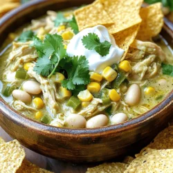 - 1.5 lbs boneless, skinless chicken breasts - 1 can (15 oz) white beans, drained and rinsed - 1 can (4 oz) diced green chilies - 1 can (15 oz) corn, drained - 1 small onion, finely chopped - 2 cloves garlic, minced - 1 cup low-sodium chicken broth The main ingredients create a great base for this dish. The boneless chicken offers lean protein. White beans add fiber and texture. Diced green chilies give it a mild heat. Corn adds sweetness and crunch. Onion and garlic boost flavor. Chicken broth ties it all together. - 1 tsp ground cumin - 1 tsp paprika - 1 tsp dried oregano - 1/2 tsp salt - 1/2 tsp black pepper Spices make this dish pop. Ground cumin brings warmth. Paprika adds a slight smokiness. Oregano adds depth. Salt and pepper enhance the flavors. Adjust these to your taste if you want a bolder flavor. - 1 cup sour cream - 1/2 cup cream cheese, softened - Fresh cilantro for garnish Creamy additions give this chili its rich texture. Sour cream adds tanginess. Cream cheese makes it super creamy. Fresh cilantro brightens the dish and adds color. These toppings elevate your bowl of chili to a whole new level. For the full recipe, check out the detailed instructions to make this comforting dish! - Place chicken breasts in slow cooker - Ensure even distribution of chicken To start, I place the boneless, skinless chicken breasts evenly at the bottom of my slow cooker. This step is key. It helps the chicken cook well and soak up all the flavors. When the chicken is spread out, it cooks evenly, leading to a great taste in every bite. - Combine beans, chilies, corn, onion, garlic, and broth - Stir in spices thoroughly Next, I grab a mixing bowl. I combine the drained white beans, diced green chilies, drained corn, finely chopped onion, minced garlic, and chicken broth. After that, I stir in the spices: ground cumin, paprika, dried oregano, salt, and black pepper. Mixing these ingredients well is crucial. It ensures each spoonful is packed with flavor. - Pour mixture over chicken and cover - Choose low (6 hours) or high (3 hours) setting Then, I pour the flavorful mixture over the chicken in the slow cooker. I make sure the chicken gets coated nicely. After that, I cover the slow cooker with its lid. This is where the magic happens! I choose the cooking time: low for 6 hours or high for 3 hours. Either way, my chili will turn out delicious. - Remove chicken from slow cooker - Shred using two forks When cooking time is up, I carefully lift the chicken out of the slow cooker using tongs. I then shred the chicken into bite-sized pieces using two forks. This step brings the dish together, making it easy to eat. - Return shredded chicken to slow cooker - Mix in sour cream and cream cheese - Cook an additional 15 minutes on low Finally, I return the shredded chicken back into the slow cooker. I mix in the sour cream and softened cream cheese, stirring until everything is creamy and smooth. This makes the chili rich and comforting. I cover the slow cooker one last time and let it cook on low for an additional 15 minutes. This step melds all the flavors beautifully. If you're curious about the full details, check out the Full Recipe! - Place the chicken breasts evenly in the slow cooker. This helps them cook well. - Use low heat for longer cooking times, about six hours. High heat cooks in three hours. This gives the flavors time to blend. - Add spices like chili powder or coriander for more depth. - Squeeze some lime juice to brighten the dish. This adds a nice acidic touch. - Serve the chili in warm bowls for a cozy feel. - Top with fresh cilantro and a dollop of sour cream. - Pair with crispy tortilla chips or fluffy rice on the side. This adds texture and balance. For a full recipe, refer to the Slow Cooker Creamy Green Chili Chicken. {{image_4}} If you want to switch things up, try using turkey instead of chicken. Ground turkey works well and keeps the dish light. You can also use shredded rotisserie chicken for a quick option. For beans, chickpeas or black beans can add a nice twist. If you prefer a different flavor, swap the white beans for pinto beans. When it comes to peppers, feel free to use red or yellow bell peppers instead of green. They add a sweet touch and a pop of color. To change the heat, think about what you like. If you want it spicier, add chopped jalapeños or a pinch of cayenne pepper. Start with a small amount and taste as you go. You can always add more, but it’s hard to take it out if it gets too hot! For a milder flavor, leave out the spicy ingredients. You can also balance out the heat with a dash of lime juice or a bit of sugar. If you want to make this dish dairy-free, use coconut cream instead of sour cream and cream cheese. This keeps the dish creamy while adding a hint of sweetness. For a veggie-based option, replace the chicken with diced zucchini or mushrooms. You can add more beans or corn to fill out the meal. These swaps create a delicious meal that everyone can enjoy. Check out the Full Recipe for more ideas! After you enjoy your Slow Cooker White Chicken Chili, let it cool down. Store any leftovers in the fridge. Use airtight containers to keep it fresh. I recommend glass or BPA-free plastic containers. This helps prevent spills and keeps flavors intact. If you want to save some for later, freezing is a great option. First, let the chili cool completely. Then, portion it into freezer-safe bags or containers. Squeeze out as much air as possible before sealing. This helps prevent freezer burn. When you're ready to eat, thaw it in the fridge overnight. Reheat on the stove or in the microwave until hot. In the fridge, your chili stays fresh for about 3 to 4 days. In the freezer, it can last up to 3 months. Just make sure to label your containers with the date. This way, you’ll know when it’s time to enjoy it again. You can add heat by including jalapeños or cayenne pepper. Try adding a chopped jalapeño when mixing the other ingredients. If you like it really hot, use more cayenne. Adjust the heat to your taste! Yes, you can use frozen chicken. Just add an extra hour to the cooking time on low. This helps ensure the chicken cooks thoroughly and stays juicy. I suggest serving it with tortilla chips or a fresh salad. You could also try cornbread or rice for a nice balance. These sides complement the chili's flavors well. If your chili is watery, you can mix in a bit of cornstarch. Mix one tablespoon of cornstarch with cold water before adding it to the slow cooker. Let it cook for a few more minutes to thicken. Yes, you can make this chili on the stovetop! Just cook the chicken in a pot first, then add the other ingredients. Let it simmer for about 30 minutes, stirring often. This method is quick and still tasty. Yes, you can make this dish gluten-free. Just check the labels on your beans, broth, and seasonings. Many brands offer gluten-free options, making it easy to enjoy this chili without worry. This blog post covered how to make delicious slow cooker white chicken chili. You learned about the key ingredients, cooking steps, and tips to enhance flavor. I shared how to customize the dish for your taste and dietary needs. Remember, this recipe is flexible and fun to make. You can serve it with rice or tortilla chips for a complete meal. Enjoy making this hearty dish that is sure to please everyone. Happy cooking!