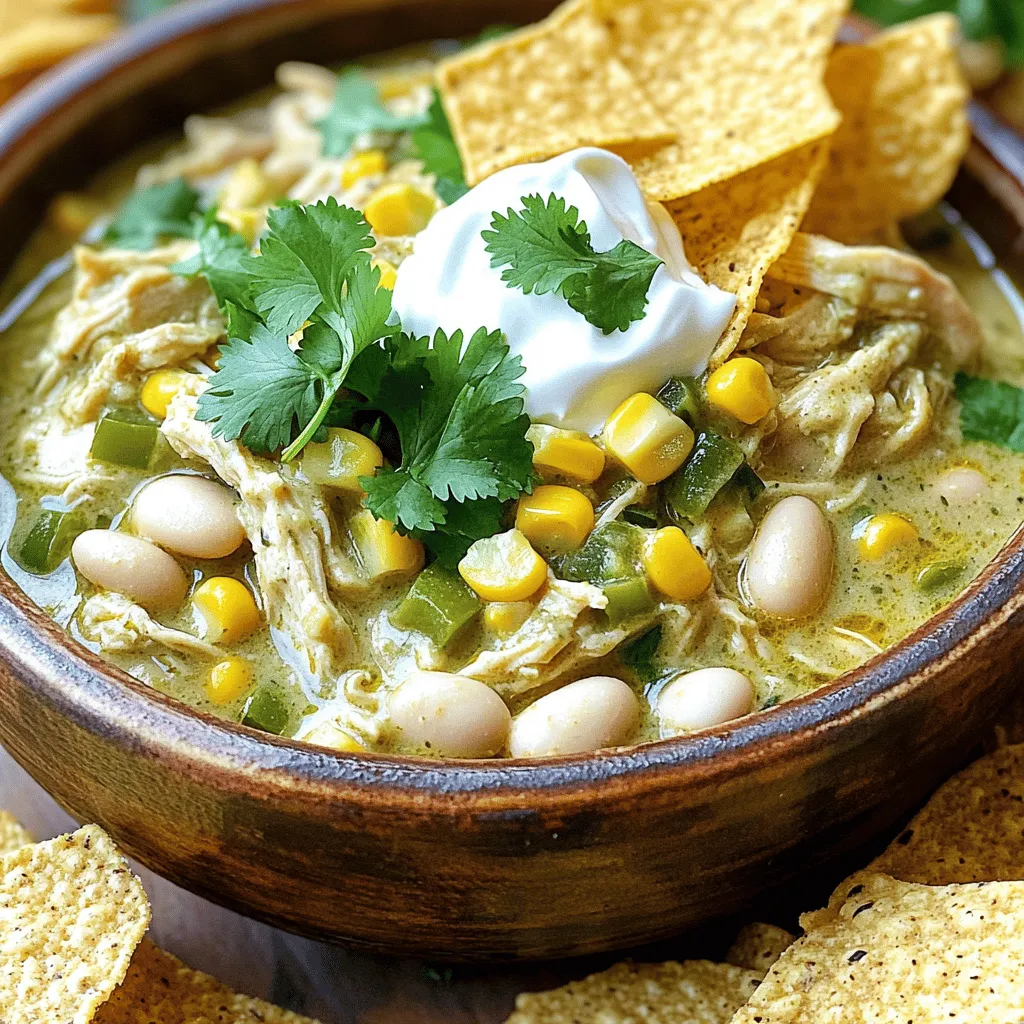 - 1.5 lbs boneless, skinless chicken breasts - 1 can (15 oz) white beans, drained and rinsed - 1 can (4 oz) diced green chilies - 1 can (15 oz) corn, drained - 1 small onion, finely chopped - 2 cloves garlic, minced - 1 cup low-sodium chicken broth The main ingredients create a great base for this dish. The boneless chicken offers lean protein. White beans add fiber and texture. Diced green chilies give it a mild heat. Corn adds sweetness and crunch. Onion and garlic boost flavor. Chicken broth ties it all together. - 1 tsp ground cumin - 1 tsp paprika - 1 tsp dried oregano - 1/2 tsp salt - 1/2 tsp black pepper Spices make this dish pop. Ground cumin brings warmth. Paprika adds a slight smokiness. Oregano adds depth. Salt and pepper enhance the flavors. Adjust these to your taste if you want a bolder flavor. - 1 cup sour cream - 1/2 cup cream cheese, softened - Fresh cilantro for garnish Creamy additions give this chili its rich texture. Sour cream adds tanginess. Cream cheese makes it super creamy. Fresh cilantro brightens the dish and adds color. These toppings elevate your bowl of chili to a whole new level. For the full recipe, check out the detailed instructions to make this comforting dish! - Place chicken breasts in slow cooker - Ensure even distribution of chicken To start, I place the boneless, skinless chicken breasts evenly at the bottom of my slow cooker. This step is key. It helps the chicken cook well and soak up all the flavors. When the chicken is spread out, it cooks evenly, leading to a great taste in every bite. - Combine beans, chilies, corn, onion, garlic, and broth - Stir in spices thoroughly Next, I grab a mixing bowl. I combine the drained white beans, diced green chilies, drained corn, finely chopped onion, minced garlic, and chicken broth. After that, I stir in the spices: ground cumin, paprika, dried oregano, salt, and black pepper. Mixing these ingredients well is crucial. It ensures each spoonful is packed with flavor. - Pour mixture over chicken and cover - Choose low (6 hours) or high (3 hours) setting Then, I pour the flavorful mixture over the chicken in the slow cooker. I make sure the chicken gets coated nicely. After that, I cover the slow cooker with its lid. This is where the magic happens! I choose the cooking time: low for 6 hours or high for 3 hours. Either way, my chili will turn out delicious. - Remove chicken from slow cooker - Shred using two forks When cooking time is up, I carefully lift the chicken out of the slow cooker using tongs. I then shred the chicken into bite-sized pieces using two forks. This step brings the dish together, making it easy to eat. - Return shredded chicken to slow cooker - Mix in sour cream and cream cheese - Cook an additional 15 minutes on low Finally, I return the shredded chicken back into the slow cooker. I mix in the sour cream and softened cream cheese, stirring until everything is creamy and smooth. This makes the chili rich and comforting. I cover the slow cooker one last time and let it cook on low for an additional 15 minutes. This step melds all the flavors beautifully. If you're curious about the full details, check out the Full Recipe! - Place the chicken breasts evenly in the slow cooker. This helps them cook well. - Use low heat for longer cooking times, about six hours. High heat cooks in three hours. This gives the flavors time to blend. - Add spices like chili powder or coriander for more depth. - Squeeze some lime juice to brighten the dish. This adds a nice acidic touch. - Serve the chili in warm bowls for a cozy feel. - Top with fresh cilantro and a dollop of sour cream. - Pair with crispy tortilla chips or fluffy rice on the side. This adds texture and balance. For a full recipe, refer to the Slow Cooker Creamy Green Chili Chicken. {{image_4}} If you want to switch things up, try using turkey instead of chicken. Ground turkey works well and keeps the dish light. You can also use shredded rotisserie chicken for a quick option. For beans, chickpeas or black beans can add a nice twist. If you prefer a different flavor, swap the white beans for pinto beans. When it comes to peppers, feel free to use red or yellow bell peppers instead of green. They add a sweet touch and a pop of color. To change the heat, think about what you like. If you want it spicier, add chopped jalapeños or a pinch of cayenne pepper. Start with a small amount and taste as you go. You can always add more, but it’s hard to take it out if it gets too hot! For a milder flavor, leave out the spicy ingredients. You can also balance out the heat with a dash of lime juice or a bit of sugar. If you want to make this dish dairy-free, use coconut cream instead of sour cream and cream cheese. This keeps the dish creamy while adding a hint of sweetness. For a veggie-based option, replace the chicken with diced zucchini or mushrooms. You can add more beans or corn to fill out the meal. These swaps create a delicious meal that everyone can enjoy. Check out the Full Recipe for more ideas! After you enjoy your Slow Cooker White Chicken Chili, let it cool down. Store any leftovers in the fridge. Use airtight containers to keep it fresh. I recommend glass or BPA-free plastic containers. This helps prevent spills and keeps flavors intact. If you want to save some for later, freezing is a great option. First, let the chili cool completely. Then, portion it into freezer-safe bags or containers. Squeeze out as much air as possible before sealing. This helps prevent freezer burn. When you're ready to eat, thaw it in the fridge overnight. Reheat on the stove or in the microwave until hot. In the fridge, your chili stays fresh for about 3 to 4 days. In the freezer, it can last up to 3 months. Just make sure to label your containers with the date. This way, you’ll know when it’s time to enjoy it again. You can add heat by including jalapeños or cayenne pepper. Try adding a chopped jalapeño when mixing the other ingredients. If you like it really hot, use more cayenne. Adjust the heat to your taste! Yes, you can use frozen chicken. Just add an extra hour to the cooking time on low. This helps ensure the chicken cooks thoroughly and stays juicy. I suggest serving it with tortilla chips or a fresh salad. You could also try cornbread or rice for a nice balance. These sides complement the chili's flavors well. If your chili is watery, you can mix in a bit of cornstarch. Mix one tablespoon of cornstarch with cold water before adding it to the slow cooker. Let it cook for a few more minutes to thicken. Yes, you can make this chili on the stovetop! Just cook the chicken in a pot first, then add the other ingredients. Let it simmer for about 30 minutes, stirring often. This method is quick and still tasty. Yes, you can make this dish gluten-free. Just check the labels on your beans, broth, and seasonings. Many brands offer gluten-free options, making it easy to enjoy this chili without worry. This blog post covered how to make delicious slow cooker white chicken chili. You learned about the key ingredients, cooking steps, and tips to enhance flavor. I shared how to customize the dish for your taste and dietary needs. Remember, this recipe is flexible and fun to make. You can serve it with rice or tortilla chips for a complete meal. Enjoy making this hearty dish that is sure to please everyone. Happy cooking!
