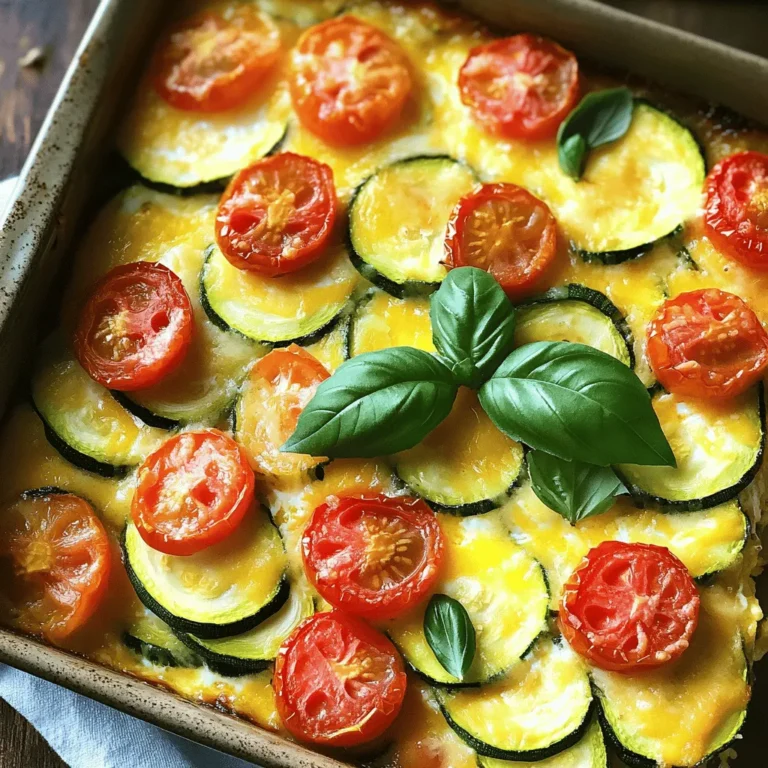 To make this tasty casserole, you will need: - 2 medium zucchini, sliced into thin rounds - 1 cup cherry tomatoes, halved - 1 medium onion, diced - 4 large eggs - 1 cup milk (or a plant-based alternative) - 1 cup shredded cheese (like mozzarella or sharp cheddar) - 1 teaspoon dried oregano - 1 teaspoon garlic powder - Salt and freshly cracked black pepper to taste - 1 tablespoon extra virgin olive oil - Fresh basil leaves for garnish These ingredients come together to create a bright and flavorful dish that shines at any meal. Want to switch things up? You can add or change these ingredients: - Bell peppers for more color and crunch - Spinach for added nutrients - Feta cheese for a tangy kick - Cooked sausage or bacon for extra protein - Different herbs like thyme or parsley for more flavor Feel free to customize based on what you have at home. This dish is very forgiving! This casserole packs a punch in flavor while providing good nutrition. Here’s a quick look: - Calories: Approximately 250 per serving - Protein: About 12 grams - Carbohydrates: Around 10 grams - Fat: Roughly 18 grams This dish is rich in vitamins from the veggies and protein from the eggs and cheese. It makes a balanced meal for any time of day. For the full recipe, check out the steps to create this delightful dish! To make this casserole, gather your ingredients first. You will need zucchini, tomatoes, onion, eggs, milk, cheese, and spices. The prep time is just 15 minutes, so it's quick to start. 1. Preheat the Oven: Set your oven to 350°F (175°C). Grease a 9x13 inch baking dish with olive oil. This helps keep the casserole from sticking. 2. Sauté the Onion: Heat olive oil in a skillet over medium heat. Add the diced onion and cook for 4-5 minutes. Stir often until the onion turns soft and clear. 3. Add Zucchini: Mix in the sliced zucchini. Cook for another 3-4 minutes. Stir occasionally until the zucchini is tender. Season with salt, pepper, oregano, and garlic powder. Then, take off the heat. 4. Prepare the Egg Mixture: In a large bowl, whisk eggs and milk together. Make sure it’s mixed well and frothy. Fold in half of the shredded cheese. 5. Layer the Vegetables: Spread the onion and zucchini mix evenly in the baking dish. Place the halved cherry tomatoes on top for a pop of color. 6. Combine and Pour: Pour the egg mix over the layered veggies. Ensure it covers all the ingredients so they cook evenly. 7. Top with Cheese: Sprinkle the rest of the cheese over the top. This makes a nice melty layer. 8. Bake: Place the dish in the oven. Bake for 25-30 minutes until the center is set and the top turns golden brown. A toothpick should come out clean when inserted in the center. 9. Cool and Garnish: Let the casserole cool for a few minutes. Then, cut it into squares. Garnish with fresh basil leaves for a nice touch. - Use fresh ingredients: Fresh zucchini and tomatoes make a big difference in taste. - Don’t rush the sautéing: Cooking the onion and zucchini well adds flavor. - Check doneness: Always check the center with a toothpick to ensure it’s fully cooked. - Experiment with toppings: Feel free to add herbs or a drizzle of olive oil for extra flavor. For the full recipe, follow the detailed steps provided above. Enjoy your cooking adventure! For best results, preheat your oven to 350°F (175°C). This ensures even cooking. Bake the casserole for 25-30 minutes. Check for doneness with a toothpick. It should come out clean. Let the casserole cool for a few minutes before serving. This helps set the layers. - Overcooking Zucchini: Cook until just tender. If you overcook, it becomes mushy. - Skipping Seasoning: Always add salt and pepper. This brings out the flavors. - Not Whisking Eggs Enough: Whisk eggs and milk until frothy. This adds air for a fluffy texture. - Not Greasing the Dish: Use olive oil to prevent sticking. A greased dish is key to easy serving. Serve this dish warm, right from the oven. Garnish with fresh basil leaves for color and taste. Pair with a side salad for a balanced meal. For a fun twist, add a drizzle of balsamic glaze on top. This adds a sweet and tangy flavor that enhances the dish. Enjoy this delightful dish for breakfast, brunch, or a light dinner. For the full recipe, check out the detailed steps above. {{image_4}} You can change the ingredients in the casserole to suit your taste. Try using yellow squash instead of zucchini for a different twist. If you don’t have cherry tomatoes, use diced regular tomatoes. You can swap the onion for shallots or green onions for a milder flavor. For cheese, feta or goat cheese adds a tangy touch. If you want a low-carb option, replace the eggs with tofu for a vegan dish. This casserole fits many diets. To make it gluten-free, ensure your cheese and milk are certified gluten-free. For a dairy-free version, use almond or oat milk and a dairy-free cheese. If you need a low-calorie choice, cut down on cheese or use egg whites instead of whole eggs. This dish is also great for vegetarians, as it has no meat but is still filling and tasty. You can boost the flavors with some easy tweaks. Add a pinch of red pepper flakes for heat. Fresh herbs like thyme or parsley can enhance the taste. A splash of hot sauce or a sprinkle of smoked paprika brings depth. For a breakfast twist, mix in cooked bacon or sausage. These options make the casserole fun and unique, perfect for any meal. For the full recipe, check out the Zucchini & Tomato Sunrise Casserole. After you enjoy your Zucchini and Tomato Breakfast Casserole, store leftovers in an airtight container. This keeps the flavors fresh. Place the casserole in the fridge for up to three days. Make sure it cools down to room temperature first. This way, it won't create condensation inside the container. Want to save some for later? You can freeze the casserole too! Cut it into portions and wrap each piece in plastic wrap. Then, place the wrapped pieces in a freezer-safe bag. Squeeze out any air before sealing. This helps prevent freezer burn. The casserole can last in the freezer for up to three months. Reheating is easy! For single servings, use the microwave. Heat it for about one to two minutes or until warm. If you prefer the oven, preheat it to 350°F (175°C). Place the casserole in an oven-safe dish and cover it with foil. Bake for about 15-20 minutes, or until heated through. This keeps the top nice and crispy. Enjoy your meal again, just like when it was fresh! For the full recipe, check out the Zucchini & Tomato Sunrise Casserole . The casserole lasts about 3 to 5 days in the fridge. Make sure to store it in an airtight container. This helps keep it fresh and safe to eat. It’s best to let it cool before you put it in the fridge. Yes, you can make this casserole ahead of time. Prepare it the night before and store it in the fridge. Just cover it well. Then, bake it in the morning. You could also assemble the dish and bake it later. This is a great time saver. You can serve this casserole with fresh fruit or a green salad. A side of crispy toast also works well. If you like, add some yogurt or cottage cheese for extra protein. This makes for a complete and satisfying meal. For the full recipe, check the section above! This blog post covered all you need to know about making a Zucchini and Tomato Breakfast Casserole. We went over the key ingredients, step-by-step cooking, and handy tips for baking success. I shared ways to change up the recipe and how to store leftovers. Remember to avoid common mistakes and enjoy this dish with friends or family. With these tools, you can create a delicious and satisfying casserole. Enjoy your cooking adventure!