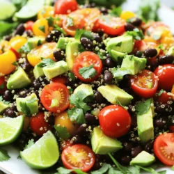 - Quinoa and Broth - 1 cup quinoa, thoroughly rinsed - 2 cups vegetable broth - Beans and Vegetables - 1 can (15 oz) black beans, drained and rinsed - 1 cup cherry tomatoes, sliced in half - 1 bell pepper (red or yellow), diced into small pieces - 1 small red onion, finely chopped - 1 ripe avocado, diced - 1/4 cup fresh cilantro, chopped finely - Seasoning and Dressing Components - Juice of 2 limes (approximately 1/4 cup) - 3 tablespoons extra virgin olive oil - 1 teaspoon ground cumin - 1/2 teaspoon chili powder - Salt and freshly cracked black pepper, to taste This salad packs a punch with fresh flavors. You can easily swap ingredients to suit your taste. For example, use corn or zucchini for extra crunch. The lime juice and olive oil dressing adds a zesty touch. This salad is not only nutritious but also colorful. It looks great on the table and tastes even better! You can find the full recipe above. - Rinse and Combine Ingredients Start by rinsing 1 cup of quinoa under cold water. This helps remove any bitter taste. Then, combine the rinsed quinoa with 2 cups of vegetable broth in a medium saucepan. - Simmering Process Bring the mixture to a rolling boil over medium-high heat. Once it boils, reduce the heat to low. Cover the pot and let it simmer for about 15 minutes. The quinoa will absorb all the liquid and become fluffy. - Cooling Steps After cooking, take the pot off the heat. Let the quinoa cool to room temperature before using it in your salad. - Combining Vegetables and Beans In a large mixing bowl, combine 1 can of drained and rinsed black beans, 1 cup of halved cherry tomatoes, 1 diced bell pepper, and 1 finely chopped red onion. Toss these ingredients gently to mix them well. - Adding Quinoa to the Mix Once the quinoa has cooled, add it to the bowl with the vegetables. Stir lightly to combine everything without mashing the ingredients. - Whisking Ingredients Together In a separate small bowl, whisk together the juice of 2 limes, 3 tablespoons of extra virgin olive oil, 1 teaspoon of ground cumin, and 1/2 teaspoon of chili powder. Add a dash of salt and pepper. Mix until well combined. - Pouring Over the Salad Drizzle the dressing over the salad mixture. Gently toss everything together to coat the ingredients evenly. - Adding Avocado and Cilantro Just before serving, fold in 1 diced avocado and 1/4 cup of finely chopped cilantro. This keeps the avocado from getting mushy. - Presentation Tips For a beautiful presentation, transfer the salad to a large serving platter. Garnish with extra chopped cilantro and lime wedges on the side. This adds a fresh burst of lime for guests to enjoy. For the Full Recipe, check the instructions provided above. Enjoy your fresh and flavorful dish! To get fluffy quinoa, rinse it well. This removes the bitter saponins. Then, use two cups of vegetable broth for each cup of quinoa. Boil it first, then simmer. Cook until all liquid is absorbed. Let it cool before mixing with other ingredients. The dressing makes the salad shine. I mix lime juice, olive oil, cumin, and chili powder. This blend adds zest and warmth. Taste as you go. Adjust salt and pepper to fit your palate. A good dressing ties all the flavors together. This salad tastes great at any temperature. Chilling it enhances the flavors. Let it cool in the fridge for at least 30 minutes. If you prefer room temperature, serve it right after mixing. Both ways are delicious! Presentation matters! Transfer the salad to a large platter. Sprinkle extra cilantro on top for color. Add lime wedges on the side. This not only looks good but also lets guests add more lime if they wish. Enjoy this vibrant dish! {{image_4}} You can change ingredients to fit your taste. For beans, try pinto or kidney beans. They add different flavors and textures. If you want grains, use farro or barley. Both work well with the salad. Adding spices can also change the taste. Try smoked paprika for a smoky flavor. You can also use garlic powder for a nice kick. Want more veggies? Add corn, zucchini, or diced cucumbers. They add crunch and freshness. This salad is vegan and gluten-free. It fits many diets. You don’t need to change any ingredients to keep it vegan. For gluten-free needs, stick with quinoa and check the broth. If you want a low-calorie option, reduce the olive oil. You can use less or a lighter oil. Replace avocado with a small amount of hummus for creaminess. This keeps flavors while cutting calories. Explore these options to make your salad perfect for you! Check the Full Recipe for ideas and measurements. After you make the zesty quinoa black bean salad, you’ll want to store any leftovers properly. First, let the salad cool to room temperature. This helps prevent excess moisture buildup in the container. - Use an airtight container for storage. - Ensure the lid fits snugly to keep air out. - Divide the salad into smaller portions for easy access. How long does your salad last in the fridge? When stored correctly, it stays fresh for about 3 to 5 days. - Check the container daily for any changes. - If you see any liquid pooling at the bottom, that’s a sign it may spoil soon. What are signs of spoilage? Look for changes in color or texture. The avocado may turn brown, and the other veggies might look less crisp. If it smells off, it’s best to toss it. Enjoy your salad while it’s fresh for the best taste! Quinoa is a tiny grain. It is not a true grain, but a seed. Quinoa packs a lot of nutrition. It has protein, fiber, and many vitamins. It is gluten-free, which makes it great for many diets. The protein in quinoa is complete. This means it has all nine amino acids that our body needs. Why use quinoa in salads? Quinoa adds a nice texture. It makes the salad filling and healthy. It also absorbs flavors well. This helps the salad taste even better. Yes, you can make this salad ahead of time. It tastes great after sitting for a while. To prepare in advance, cook the quinoa and let it cool. Store it in the fridge until you are ready. You can chop the veggies and beans too. Keep them in separate containers. This keeps them fresh and crunchy. To keep ingredients fresh, wait to add the avocado. Add it just before serving. This way, it stays green and tasty. Many side dishes match well with this salad. You can serve it with grilled chicken or fish. Tacos also pair nicely. For vegetarian options, try roasted veggies or a hearty soup. These add different flavors and textures. You can also serve the salad with corn tortillas. This creates a fun, colorful meal. For a complete meal, pair it with a protein. Chicken, shrimp, or tofu all work well. Enjoy this salad as part of a healthy feast! For the full recipe, check the details above. This article covered how to make a zesty quinoa black bean salad. We explored ingredients, cooking steps, and dressing tips. I shared ways to adjust flavors and how to store leftovers. You can customize this dish to suit your taste and needs. Remember, making a salad can be fun and easy. Enjoying healthy meals is a great choice. Use these ideas to create your own delicious salads. Your kitchen adventure starts now!