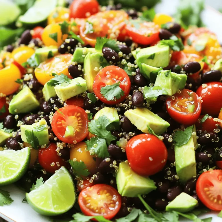 - Quinoa and Broth - 1 cup quinoa, thoroughly rinsed - 2 cups vegetable broth - Beans and Vegetables - 1 can (15 oz) black beans, drained and rinsed - 1 cup cherry tomatoes, sliced in half - 1 bell pepper (red or yellow), diced into small pieces - 1 small red onion, finely chopped - 1 ripe avocado, diced - 1/4 cup fresh cilantro, chopped finely - Seasoning and Dressing Components - Juice of 2 limes (approximately 1/4 cup) - 3 tablespoons extra virgin olive oil - 1 teaspoon ground cumin - 1/2 teaspoon chili powder - Salt and freshly cracked black pepper, to taste This salad packs a punch with fresh flavors. You can easily swap ingredients to suit your taste. For example, use corn or zucchini for extra crunch. The lime juice and olive oil dressing adds a zesty touch. This salad is not only nutritious but also colorful. It looks great on the table and tastes even better! You can find the full recipe above. - Rinse and Combine Ingredients Start by rinsing 1 cup of quinoa under cold water. This helps remove any bitter taste. Then, combine the rinsed quinoa with 2 cups of vegetable broth in a medium saucepan. - Simmering Process Bring the mixture to a rolling boil over medium-high heat. Once it boils, reduce the heat to low. Cover the pot and let it simmer for about 15 minutes. The quinoa will absorb all the liquid and become fluffy. - Cooling Steps After cooking, take the pot off the heat. Let the quinoa cool to room temperature before using it in your salad. - Combining Vegetables and Beans In a large mixing bowl, combine 1 can of drained and rinsed black beans, 1 cup of halved cherry tomatoes, 1 diced bell pepper, and 1 finely chopped red onion. Toss these ingredients gently to mix them well. - Adding Quinoa to the Mix Once the quinoa has cooled, add it to the bowl with the vegetables. Stir lightly to combine everything without mashing the ingredients. - Whisking Ingredients Together In a separate small bowl, whisk together the juice of 2 limes, 3 tablespoons of extra virgin olive oil, 1 teaspoon of ground cumin, and 1/2 teaspoon of chili powder. Add a dash of salt and pepper. Mix until well combined. - Pouring Over the Salad Drizzle the dressing over the salad mixture. Gently toss everything together to coat the ingredients evenly. - Adding Avocado and Cilantro Just before serving, fold in 1 diced avocado and 1/4 cup of finely chopped cilantro. This keeps the avocado from getting mushy. - Presentation Tips For a beautiful presentation, transfer the salad to a large serving platter. Garnish with extra chopped cilantro and lime wedges on the side. This adds a fresh burst of lime for guests to enjoy. For the Full Recipe, check the instructions provided above. Enjoy your fresh and flavorful dish! To get fluffy quinoa, rinse it well. This removes the bitter saponins. Then, use two cups of vegetable broth for each cup of quinoa. Boil it first, then simmer. Cook until all liquid is absorbed. Let it cool before mixing with other ingredients. The dressing makes the salad shine. I mix lime juice, olive oil, cumin, and chili powder. This blend adds zest and warmth. Taste as you go. Adjust salt and pepper to fit your palate. A good dressing ties all the flavors together. This salad tastes great at any temperature. Chilling it enhances the flavors. Let it cool in the fridge for at least 30 minutes. If you prefer room temperature, serve it right after mixing. Both ways are delicious! Presentation matters! Transfer the salad to a large platter. Sprinkle extra cilantro on top for color. Add lime wedges on the side. This not only looks good but also lets guests add more lime if they wish. Enjoy this vibrant dish! {{image_4}} You can change ingredients to fit your taste. For beans, try pinto or kidney beans. They add different flavors and textures. If you want grains, use farro or barley. Both work well with the salad. Adding spices can also change the taste. Try smoked paprika for a smoky flavor. You can also use garlic powder for a nice kick. Want more veggies? Add corn, zucchini, or diced cucumbers. They add crunch and freshness. This salad is vegan and gluten-free. It fits many diets. You don’t need to change any ingredients to keep it vegan. For gluten-free needs, stick with quinoa and check the broth. If you want a low-calorie option, reduce the olive oil. You can use less or a lighter oil. Replace avocado with a small amount of hummus for creaminess. This keeps flavors while cutting calories. Explore these options to make your salad perfect for you! Check the Full Recipe for ideas and measurements. After you make the zesty quinoa black bean salad, you’ll want to store any leftovers properly. First, let the salad cool to room temperature. This helps prevent excess moisture buildup in the container. - Use an airtight container for storage. - Ensure the lid fits snugly to keep air out. - Divide the salad into smaller portions for easy access. How long does your salad last in the fridge? When stored correctly, it stays fresh for about 3 to 5 days. - Check the container daily for any changes. - If you see any liquid pooling at the bottom, that’s a sign it may spoil soon. What are signs of spoilage? Look for changes in color or texture. The avocado may turn brown, and the other veggies might look less crisp. If it smells off, it’s best to toss it. Enjoy your salad while it’s fresh for the best taste! Quinoa is a tiny grain. It is not a true grain, but a seed. Quinoa packs a lot of nutrition. It has protein, fiber, and many vitamins. It is gluten-free, which makes it great for many diets. The protein in quinoa is complete. This means it has all nine amino acids that our body needs. Why use quinoa in salads? Quinoa adds a nice texture. It makes the salad filling and healthy. It also absorbs flavors well. This helps the salad taste even better. Yes, you can make this salad ahead of time. It tastes great after sitting for a while. To prepare in advance, cook the quinoa and let it cool. Store it in the fridge until you are ready. You can chop the veggies and beans too. Keep them in separate containers. This keeps them fresh and crunchy. To keep ingredients fresh, wait to add the avocado. Add it just before serving. This way, it stays green and tasty. Many side dishes match well with this salad. You can serve it with grilled chicken or fish. Tacos also pair nicely. For vegetarian options, try roasted veggies or a hearty soup. These add different flavors and textures. You can also serve the salad with corn tortillas. This creates a fun, colorful meal. For a complete meal, pair it with a protein. Chicken, shrimp, or tofu all work well. Enjoy this salad as part of a healthy feast! For the full recipe, check the details above. This article covered how to make a zesty quinoa black bean salad. We explored ingredients, cooking steps, and dressing tips. I shared ways to adjust flavors and how to store leftovers. You can customize this dish to suit your taste and needs. Remember, making a salad can be fun and easy. Enjoying healthy meals is a great choice. Use these ideas to create your own delicious salads. Your kitchen adventure starts now!