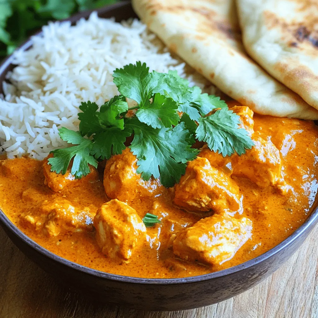 To make chicken tikka masala, you need a few key items: - 500g boneless chicken breasts, cut into bite-sized pieces - 1 cup plain yogurt, preferably full-fat for richness - 2 tablespoons tikka masala spice mix - 2 tablespoons vegetable oil, for sautéing - 1 medium onion, finely chopped - 4 cloves garlic, minced - 1-inch piece of ginger, grated - 1 can (400g) crushed tomatoes - 1 cup coconut milk - 1 teaspoon garam masala - Salt and pepper to taste - Fresh cilantro, chopped, for garnish - Cooked basmati rice or soft naan, for serving These ingredients bring flavor and warmth to the dish. The yogurt helps tenderize the chicken, and the spices create a rich taste. You can add a few optional ingredients to boost the flavor: - Lemon juice, for brightness - Green chilies, for heat - Peas, for color and sweetness - Cashew cream, for extra richness These additions can give your chicken tikka masala a unique twist. Feel free to mix and match based on your taste. Sometimes you might not have everything on hand. Here are some good swaps: - Greek yogurt instead of plain yogurt - Chicken thighs instead of chicken breasts - Vegetable broth for coconut milk if you want less creaminess - Canned diced tomatoes instead of crushed tomatoes These substitutions work well and keep the dish tasty. Don’t be afraid to get creative with what you have! For the full recipe, check out the [Full Recipe]. To make chicken tikka masala, start with the chicken. In a large bowl, mix the chicken pieces with plain yogurt and tikka masala spice mix. Make sure the chicken is coated well. Cover the bowl with plastic wrap. Place it in the fridge for at least 30 minutes. For better flavor, let it sit overnight. This step makes the chicken tender and full of flavor. Next, heat vegetable oil in a large skillet over medium heat. Add the finely chopped onion. Sauté the onion until it turns soft and translucent, about 5 to 7 minutes. Stir it occasionally to avoid burning. Once the onion is ready, add minced garlic and grated ginger. Cook for one more minute until you smell their rich aroma. This mix adds depth to the dish. Now it’s time to cook the chicken. Add the marinated chicken to the skillet. Spread it out so it cooks evenly. Brown the chicken on all sides, which takes about 5 to 8 minutes. This locks in the flavors. Then, pour in the crushed tomatoes. Stir well to combine everything. Let the mixture simmer gently for about 10 minutes. This allows the flavors to meld together. After that, reduce the heat to low. Stir in the coconut milk and garam masala. Keep simmering for 10 to 15 minutes. This thickens the sauce and makes it creamy. Taste the sauce and add salt and pepper as needed. Finally, serve your chicken tikka masala hot. Garnish it with fresh cilantro. Enjoy it with fluffy basmati rice or warm naan for a complete meal. Marinating chicken is a key step for great flavor. Use plain yogurt to tenderize the meat. Combine it with tikka masala spice mix for a rich taste. Make sure each piece is well-coated. I suggest marinating for at least 30 minutes. For the best flavor, let it marinate overnight. This allows the spices to soak in deeply. To get a creamy sauce, use coconut milk. Add it after the chicken is cooked. This gives the dish a nice thickness. Simmer the sauce on low heat to keep it smooth. Stir occasionally to prevent sticking. If the sauce is too thick, you can add a bit of water. This helps achieve the perfect texture. To maximize flavor, focus on the cooking order. Sauté the onions until soft before adding garlic and ginger. This builds a flavorful base. When you add the crushed tomatoes, let them cook down. This enhances their sweetness. Adjust the seasoning at the end. Taste and add more salt or pepper if needed. Fresh cilantro on top adds brightness and flavor. {{image_4}} You can make a tasty vegetarian tikka masala using paneer or chickpeas. Paneer is a great cheese that soaks up flavor well. Cut it into cubes like chicken. For chickpeas, use canned ones for ease. Just rinse them before adding to the pan. Both options give a rich taste that everyone will love. To make this dish spicier, add more tikka masala spice mix or fresh chilies. You can also use cayenne pepper for a kick. If you prefer mild flavors, reduce the spice mix. Adding more coconut milk can cool down the heat too. Adjust the spice level to match your taste buds. You can swap some ingredients to make this dish lighter. Use Greek yogurt instead of regular yogurt for more protein and less fat. Try skinless chicken breasts for a leaner option. You can also replace coconut milk with low-fat milk or vegetable broth. These swaps keep the flavor but cut down on calories. For the full recipe, check out the detailed instructions and enjoy your cooking adventure! To store leftover chicken tikka masala, let it cool first. Use an airtight container. Place it in the fridge for up to four days. This keeps the flavors fresh and the chicken safe to eat. When reheating, use the stovetop or microwave. If using the stovetop, add a splash of water or coconut milk. This helps keep the sauce creamy. Heat on low until warm, stirring often. If using the microwave, cover the dish to trap steam. Heat in short bursts, stirring in between. This ensures even heating and delicious taste. For longer storage, freeze your chicken tikka masala. Use a freezer-safe container or bag. Make sure to remove as much air as possible. It can last up to three months in the freezer. When ready to eat, thaw it overnight in the fridge. Reheat on the stove or microwave, following the same reheating tips for the best flavor. Tikka Masala and Butter Chicken are similar but not the same. Tikka Masala uses yogurt and spices for marinating chicken. It has a creamy tomato sauce. Butter Chicken, or Murgh Makhani, is richer. It has butter and cream, making it smoother. Both dishes are delicious and popular, but they have distinct flavors. Yes, you can use frozen chicken for this recipe. Just be sure to thaw it first. Thaw the chicken in the fridge overnight or in cold water. This helps to keep the chicken safe and fresh. Once thawed, follow the marinating steps as usual. Chicken Tikka Masala goes well with many dishes. Here are some great options: - Basmati rice - Naan bread - Raita (yogurt sauce) - A fresh salad These sides balance the rich flavors of the tikka masala and add variety. To make Chicken Tikka Masala gluten-free, use gluten-free naan or rice as a side. Ensure the tikka masala spice mix is gluten-free. Most spices are safe, but always check labels. This way, everyone can enjoy this tasty dish without worry. Yes, you can prepare Chicken Tikka Masala ahead of time. Cook it and let it cool. Store it in an airtight container in the fridge for up to three days. When you are ready to eat, just reheat it. This makes dinner easy on busy nights. You can find the full recipe for Easy Chicken Tikka Masala [here](#). This detailed guide will help you create a tasty meal at home! We've explored easy chicken tikka masala's essential ingredients and cooking steps. You learned how to marinate chicken, sauté spices, and achieve a perfect sauce. We also discussed flavor tips, variations for dietary needs, and storage methods. In cooking, simple choices make a big impact. Use fresh ingredients and take your time for great results. Enjoy this dish and make it your own!