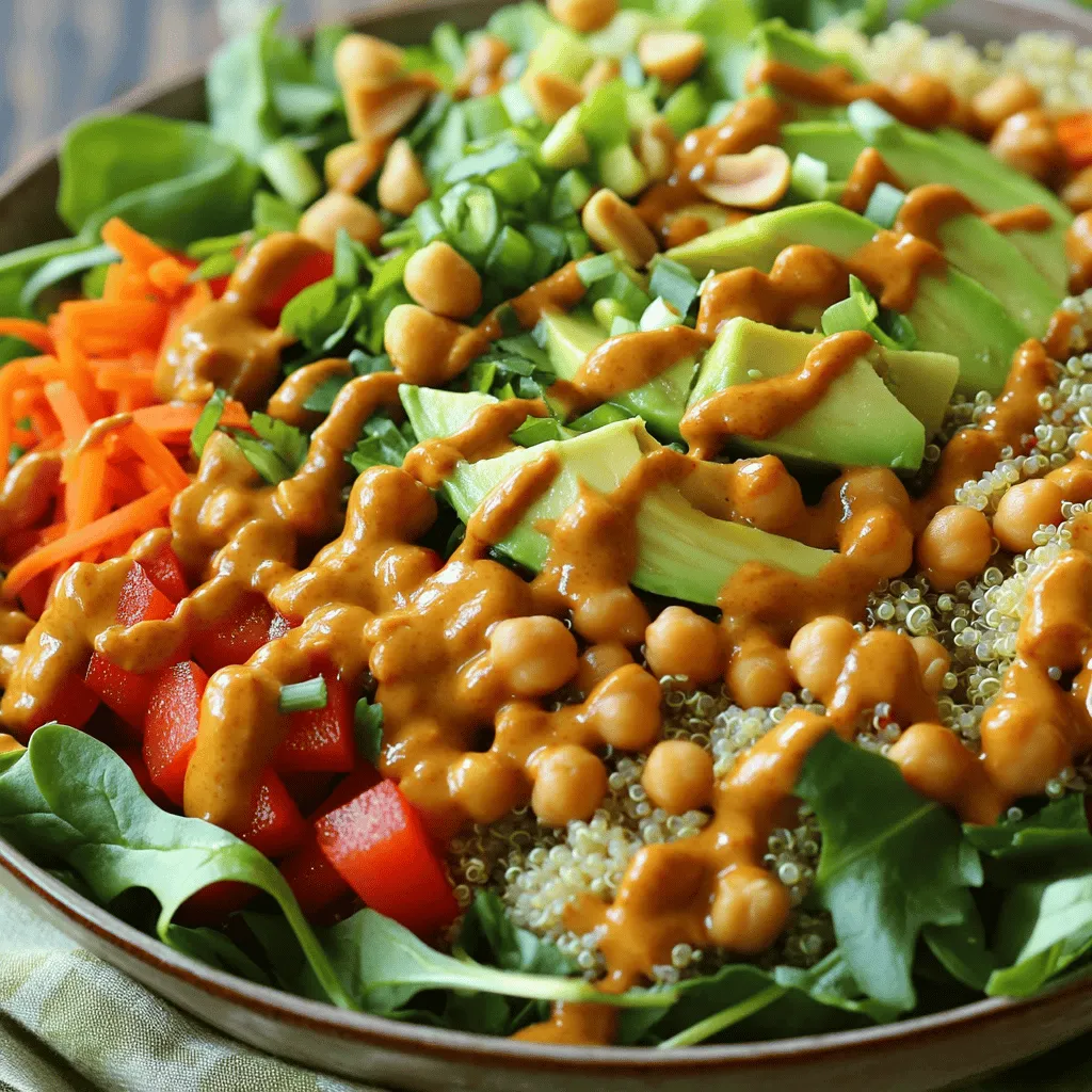 - 1 cup cooked quinoa - 1 can (15 oz) chickpeas, thoroughly drained and rinsed - 1 ripe red bell pepper, finely diced - 1 cup freshly shredded carrots - 1 creamy avocado, sliced into wedges - 2 cups vibrant mixed greens (such as spinach and arugula) - 1/4 cup green onions, finely chopped - 1/4 cup roasted peanuts, coarsely chopped The base of this bowl is made with cooked quinoa and chickpeas. Quinoa gives a nutty taste while being rich in protein. Chickpeas add texture and more protein. Fresh veggies like bell pepper and carrots bring crunch and color. Avocado adds creaminess, while greens provide a fresh touch. Finally, green onions and peanuts add zest and crunch. - 1/4 cup smooth peanut butter - 2 tablespoons soy sauce (or tamari for a gluten-free option) - 1 tablespoon fresh lime juice - 1 tablespoon pure maple syrup - 1 teaspoon sriracha (adjust according to your spice preference) - 1-2 tablespoons water (to achieve your desired sauce consistency) This sauce ties the bowl together. The peanut butter gives creaminess. Soy sauce adds saltiness, and lime juice brings bright flavor. Maple syrup adds a touch of sweetness, while sriracha gives a spicy kick. You can adjust the spice level by adding more or less sriracha. Adding water helps make the sauce smooth and pourable. - Servings per recipe: 2 - Key nutritional information per serving: - Calories: 550 - Protein: 20g - Fiber: 15g This recipe makes two servings, perfect for sharing or meal prep. Each serving packs a punch of nutrients. You get healthy fats from avocado and peanuts, protein from quinoa and chickpeas, and lots of fiber. Enjoy this bowl for a hearty, healthy meal. For the complete details on how to make this delicious dish, check out the Full Recipe. 1. In a small bowl, add the smooth peanut butter, soy sauce, lime juice, maple syrup, and sriracha. 2. Whisk these ingredients together until the mix is smooth and creamy. 3. If the sauce feels too thick, add one to two tablespoons of water. 4. Keep adding water slowly until you reach a consistency you like. Set this sauce aside for later. 1. In a large mixing bowl, combine the cooked quinoa, drained chickpeas, diced red bell pepper, and shredded carrots. 2. Gently mix the ingredients so everything combines well. 3. Drizzle half of the zesty spicy peanut sauce over the mixture. 4. Toss gently to coat all the ingredients evenly with the sauce. 1. Start by layering vibrant mixed greens in serving bowls or plates. 2. Spoon the quinoa and chickpea mixture over the greens. This creates a colorful display. 3. Arrange sliced avocado, chopped green onions, and roasted peanuts on top. This adds both texture and flavor. 4. Lastly, drizzle the remaining zesty spicy peanut sauce over the bowl. You can also serve it on the side for dipping. For a stunning look, use a large, shallow bowl to show off the layers. You can also add toasted sesame seeds or a lime wedge to brighten it up! Enjoy your beautifully crafted Buddha bowl! To make your sauce just right, start by adjusting the spice. If you like it hot, add more sriracha. If you prefer mild, cut back. Taste as you go to find your perfect heat level. When choosing veggies, look for fresh and colorful options. Bright bell peppers and crisp carrots not only add flavor but also make your bowl look great. Fresh ingredients taste better and keep your dish lively. Meal prep can save you time. Cook extra quinoa at the start of the week. Store it in the fridge for quick use. This makes assembly a breeze on busy days. I also recommend cooking chickpeas from scratch. If you do this, soak them overnight. This small step makes a big difference in taste and texture. For crunch, try different nuts or seeds. Almonds or sunflower seeds can add a fun twist. Each option gives a new flavor and texture to your bowl. Crispy toppings like baked chickpeas or fried onions can also enhance your dish. They add a satisfying crunch that pairs perfectly with the creamy sauce. Enjoy experimenting with textures to make your bowl your own! {{image_4}} You can swap chickpeas for other beans. Black beans or kidney beans work great. Each type brings a new taste and texture to the bowl. You can also try lentils for a different twist. For a gluten-free sauce, use tamari instead of soy sauce. This small change keeps the flavor while making it safe for gluten-sensitive diets. You can also use coconut aminos for a sweeter sauce. Using seasonal vegetables makes your bowl fresh and exciting. In spring, add asparagus or peas. In fall, roasted sweet potatoes or Brussels sprouts shine. Each season offers unique flavors to enhance your dish. You can also change the sauce ingredients. For a zestier kick, try adding ginger or garlic. If you want it sweeter, add a touch more maple syrup. This keeps the dish interesting each time you make it. Get creative with fusion ideas! For a Thai twist, use coconut milk in the sauce. You might add fresh herbs like basil or cilantro for extra flavor. If you lean Mediterranean, use olive oil and lemon juice instead of the peanut sauce. You can also switch up your grain base. Brown rice or farro adds a hearty touch. Quinoa is great, but these options bring new textures and tastes to your bowl. For the full recipe, check out the details above. Enjoy creating your spicy peanut chickpea Buddha bowl! Store any leftovers in an airtight container. Keep it in the fridge to maintain freshness. The Buddha bowl lasts about 3 to 4 days. If you want to keep it longer, consider freezing some parts. For freezing, separate the components. Freeze the quinoa and chickpeas together. Keep veggies like bell pepper and avocado in the fridge. When you’re ready to eat, thaw the quinoa and chickpeas in the fridge overnight. Reheat them in a pan or microwave until warm. To prep for the week, wash and chop your veggies in advance. Store them in separate containers to keep them fresh. Make the zesty spicy peanut sauce ahead of time. Assemble your bowls when you’re ready to eat for the best taste and texture. This way, you enjoy a fresh meal without the fuss! For the Full Recipe, check the earlier section to get started on your delicious journey. Buddha bowls pack a punch of nutrition. Chickpeas are full of protein and fiber. They help keep you full and satisfied. Quinoa is another star ingredient. It is a complete protein, meaning it has all nine essential amino acids. Quinoa also offers good carbs and vitamins. Together, these ingredients support healthy digestion and energy levels. Absolutely! You can mix and match your favorite ingredients. If you don’t have chickpeas, try black beans or lentils. You can swap quinoa for brown rice or farro. Feel free to add other veggies, like cucumbers or sweet potatoes. You can also change the nuts. Try almonds or sunflower seeds for a twist. The heat level comes from sriracha in the sauce. You can adjust it to your taste. If you want it less spicy, add less sriracha. You can also use a milder hot sauce or skip it completely. For a creamy touch, add more peanut butter to balance the spice. Yes, this recipe can be gluten-free. Use tamari instead of soy sauce for the sauce. All the fresh ingredients are naturally gluten-free. Just check labels for any packaged items to ensure they are safe. Enjoy this bowl without worry about gluten! For the complete recipe, check out [Full Recipe]. This blog post highlighted how to create a delicious Buddha bowl. We covered the main ingredients, such as quinoa, chickpeas, and fresh veggies. We also shared a zesty peanut sauce recipe and tips for serving and storing. You can adapt this dish with different flavors and textures. In conclusion, a Buddha bowl is nutritious and fun to make. Enjoy the process of customizing your bowl to fit your taste. Happy cooking!