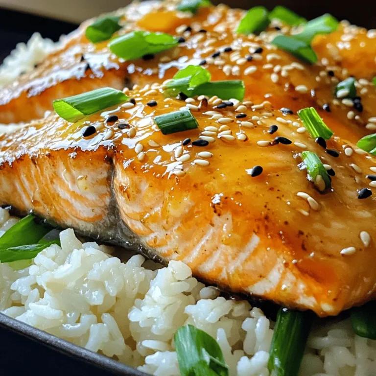 To make honey garlic glazed salmon, you need the following items: - Salmon fillets: Use 4 fillets, each about 6 oz. This size ensures even cooking. - Honey: You’ll need 1/4 cup for the sweet glaze. It adds depth and flavor. - Garlic: Use 3 cloves, finely minced. Garlic gives the dish a rich taste. - Soy sauce: Add 2 tablespoons for saltiness and umami. It balances the sweetness. - Dijon mustard: Include 1 tablespoon. Mustard adds tang and enhances flavor. - Fresh ginger: Use 1 tablespoon, finely grated. Ginger gives a warm spice note. - Olive oil: You’ll need 1 tablespoon to keep the salmon moist. - Salt and freshly ground pepper: Season to taste for a perfect finish. - Sesame seeds: 1 tablespoon for garnish adds crunch and visual appeal. - Green onions: 2, finely sliced, for garnish. They add freshness and color. This list gives you all you need for a delightful honey garlic glazed salmon. Check the [Full Recipe] for more details. Start by making the honey garlic glaze. In a small saucepan, combine these ingredients: - 1/4 cup honey - 3 cloves garlic, finely minced - 2 tablespoons soy sauce - 1 tablespoon Dijon mustard - 1 tablespoon fresh ginger, finely grated Set the pan over medium-low heat. Stir the mixture well. Bring it to a gentle simmer. Cook for about 5 minutes, stirring often. The glaze should thicken slightly. Once ready, remove it from the heat and let it cool a bit. Preheat your oven to 400°F (200°C). This ensures it’s hot and ready. While the oven warms up, line a baking sheet with parchment paper. Place the salmon fillets, skin-side down, on the paper. Drizzle 1 tablespoon of olive oil over the salmon. Then, season the fillets with salt and freshly ground pepper to taste. Now it’s time to bake the salmon. Brush the top of each fillet with the honey garlic glaze. Reserve a small portion of the glaze for later. Place the baking sheet in the oven. Bake for 12 to 15 minutes. The salmon is done when it flakes easily with a fork. For a rich caramelization, switch the oven to broil for the last 2 minutes. Keep an eye on it to avoid burning. After baking, carefully take the salmon out. Brush the reserved honey garlic glaze on top of the fillets. This adds extra flavor and shine. For a lovely finish, sprinkle sesame seeds and sliced green onions on top. They add color and crunch. For the full recipe, check out the complete instructions provided earlier. To test if your salmon is done, use a fork. Gently press the thickest part of the fillet. If it flakes easily, it’s ready. Aim for an internal temperature of 145°F (63°C). To avoid overcooking, keep an eye on the time. Salmon cooks fast, usually in 12-15 minutes. If you use the broiler, watch it closely. Broiling adds flavor but can burn the glaze. You can change the flavor of the glaze easily. Try adding chili flakes for heat. Fresh herbs like thyme or cilantro can add freshness. If you want more sweetness, add a bit of brown sugar. For a tangy kick, squeeze in some fresh lime juice. Adjust the sweetness to fit your taste. For a complete meal, serve the salmon over steamed jasmine rice. This adds a lovely base. You can also pair it with roasted veggies for color and nutrition. For plating, use a white plate to highlight the salmon's golden glaze. Drizzle extra honey garlic sauce on the side for flair. Top with sesame seeds and green onions for a pop of color. For the full recipe, check the section above. {{image_4}} You can swap salmon for other fish. Try using trout or cod. Both have great flavors and cook well with the honey garlic glaze. Just adjust the cooking time since they may cook faster than salmon. For a vegetarian option, use tofu or tempeh. Firm tofu works best. Press it to remove excess water. Marinate it in the same glaze for great flavor. Bake or grill until golden brown. Tempeh also absorbs the glaze well and adds a nutty taste. To change the flavor, try adding citrus. A splash of lemon or lime juice brightens the dish. You can also add zest for more punch. For spice lovers, consider adding red pepper flakes. This gives your dish a nice kick. Create a spicy honey garlic version by mixing in sriracha or chili paste. Start with a small amount, then adjust to taste. This twist makes the dish exciting and full of flavor. Pair your salmon with lovely side dishes. Steamed rice, quinoa, or roasted vegetables complement the glaze. For a fresh touch, serve with a crisp salad. A mix of greens with a light vinaigrette works well. You can make homemade sauces or dips, too. A yogurt-based sauce with herbs adds a nice creaminess. Try a simple avocado dip for a rich, smooth contrast. These options enhance your meal and keep it fun. To store leftover salmon, place it in an airtight container. This keeps the fish fresh and safe. You should consume it within three days for the best taste. If you want to keep it longer, consider freezing it. To freeze cooked salmon properly, wrap each piece in plastic wrap. Then, place the wrapped salmon in a freezer bag. This helps prevent freezer burn. It can stay frozen for up to three months. When you’re ready to eat it, defrost the salmon in the fridge overnight. This method helps maintain its texture and flavor. For reheating leftovers, the oven is the best choice. Preheat it to 275°F (135°C). Place the salmon on a baking sheet and cover it with foil. This keeps the fish moist. Heat it for about 15 minutes or until warm. You can also use a microwave, but be careful not to overcook it. Reheating in short bursts helps keep it juicy. The best methods to cook salmon include grilling and baking. - Grilling: This method gives salmon a nice char and smoky flavor. It cooks the fish quickly, sealing in juices. You can grill over medium-high heat for about 6-8 minutes per side, depending on thickness. - Baking: Baking is easy and helps keep the salmon moist. It cooks evenly in the oven. Preheat your oven to 400°F, then bake for 12-15 minutes. Baking is often less messy and requires less attention than grilling. Yes, you can use other sweeteners. Some good options include: - Maple syrup: This gives a rich flavor but is thinner than honey. - Agave nectar: This is a great vegan option. It’s sweeter than honey. - Brown sugar: Use a bit less, as it is not as liquid. Each sweetener can change the taste slightly, but they will still make a tasty glaze. You can tell salmon is fully cooked by looking for these signs: - Color: Salmon should be opaque and flaky. - Texture: Use a fork to check if it flakes apart easily. - Internal temperature: Use a thermometer. It should reach 145°F. Checking the salmon ensures you cook it just right. Honey garlic glazed salmon is a healthy dish. Here are some benefits: - Omega-3 fatty acids: Salmon is high in these healthy fats, good for your heart. - Protein: Salmon provides a good amount of protein, which helps build muscle. - Vitamins and minerals: Salmon has vitamins like B12 and D, plus selenium. To make the recipe healthier, consider these tips: - Use less honey or a substitute. - Serve with steamed veggies or a salad for added nutrients. These changes can boost health benefits while keeping it delicious. In this blog post, we explored how to make delicious Honey Garlic Glazed Salmon. We covered the key ingredients, from salmon fillets to glaze components. You learned step-by-step instructions, tips for perfect texture, and variations for different diets. Storing, reheating, and serving ideas were also discussed. Enjoy your cooking and experimenting with flavors. Remember, great meals start with simple, fresh ingredients. You can make healthy and tasty food that everyone will love.