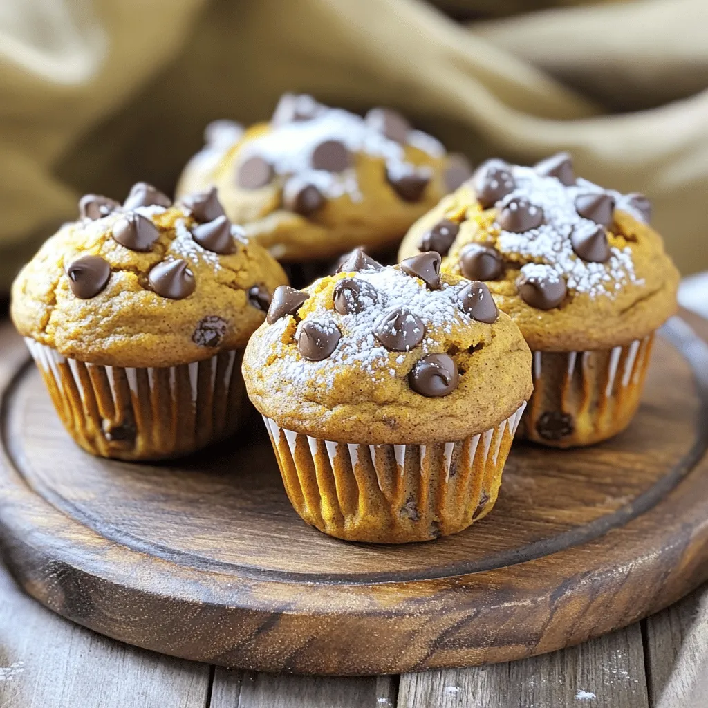 To make delicious pumpkin chocolate chip muffins, you need the right ingredients. Here’s what you will need: - 1 cup canned pumpkin puree - 1/2 cup packed brown sugar - 1/4 cup granulated sugar - 1/3 cup vegetable oil - 2 large eggs - 1 teaspoon pure vanilla extract - 1 1/2 cups all-purpose flour - 1 teaspoon baking soda - 1/2 teaspoon baking powder - 1/2 teaspoon fine salt - 1 teaspoon ground cinnamon - 1/2 teaspoon ground nutmeg - 1/4 teaspoon ground ginger - 1 cup semi-sweet chocolate chips - Optional: 1/2 cup chopped walnuts or pecans Using quality ingredients makes a big difference in taste. The pumpkin puree brings moisture and flavor. The sugars add sweetness and help with browning. The spices give your muffins a warm, cozy taste. I often choose semi-sweet chocolate chips for their rich flavor. If you want a crunch, add chopped nuts. They pair well with the soft muffin texture. For the best results, measure your ingredients accurately. Fresh spices also enhance the flavors. You can find the full recipe [here]. Each ingredient plays a part in making your muffins irresistible! First, set your oven to 350°F (175°C). This temperature helps the muffins rise just right. While the oven heats, prepare your muffin tin. You can line each cup with paper liners or spray them lightly with cooking oil. This step keeps the muffins from sticking. In a large bowl, combine the canned pumpkin puree, brown sugar, granulated sugar, vegetable oil, eggs, and vanilla extract. Whisk these ingredients together until smooth. Make sure there are no lumps. A well-mixed blend ensures your muffins are rich and moist. In another bowl, sift the all-purpose flour, baking soda, baking powder, salt, cinnamon, nutmeg, and ginger. Sifting helps incorporate air into the flour. This aeration makes your muffins light and fluffy. Mix the dry ingredients well to ensure even flavor throughout. Gradually add the dry mix to the wet mixture. Stir gently with a spatula. It’s key not to overmix, as this can lead to dense muffins. Just mix until combined. A few flour streaks are okay. Spoon the batter into your prepared muffin cups. Fill each cup about two-thirds full. This fill level allows the muffins to rise without spilling over. Place the muffin tin in the oven. Bake for 18 to 22 minutes. To check if they are ready, insert a toothpick into the center of a muffin. It should come out clean or with a few moist crumbs. After baking, take the muffin tin out of the oven. Let the muffins cool in the pan for about 5 minutes. Then, transfer them to a wire rack to cool completely. This step helps keep their texture. For serving, you can try dusting them with powdered sugar or adding a scoop of whipped cream cheese. Enjoy the flavors! To get a fluffy texture, start with room temperature ingredients. Cold eggs or pumpkin can lead to dense muffins. Make sure to mix gently. Overmixing can harm the texture. Blend just until you see no dry flour. Adding spices can elevate your muffins. Think about using allspice or cloves for warmth. I also like to use high-quality chocolate. Choose chocolate with at least 60% cocoa for a rich flavor. Higher quality chocolate melts better, making every bite special. Serve your muffins warm on a nice plate. A rustic wooden platter adds charm. Dust a bit of powdered sugar on top for style. You can also add a dollop of whipped cream cheese. This creates a lovely pairing with the spiced muffins. {{image_4}} You can make these muffins healthier with a few simple swaps. First, consider using whole wheat flour instead of all-purpose flour. Whole wheat flour adds fiber and nutrients, making your muffins more filling. You can also reduce the sugars. Try using just 1/4 cup of brown sugar instead of 1/2 cup. This change still keeps them sweet but cuts down on extra sugar. To change up the flavor, think about adding fruits or nuts. Chopped apples or pears work well and add moisture. If you want a crunch, add walnuts or pecans. You can also explore different types of chocolate. Try dark chocolate chips for a richer taste or even white chocolate for a sweeter twist. These small changes can make a big difference in your muffins! Make your muffins festive by adding seasonal spices. For fall, you can mix in some cloves or allspice for a warm flavor. During the holidays, consider adding cranberries or even a cream cheese filling. These additions not only make your muffins stand out but also add fun flavors that match the season. You can find the full recipe for these delicious muffins and more ideas to try! To keep your pumpkin chocolate chip muffins fresh, store them in an airtight container. Place a paper towel inside to absorb any moisture. This helps keep the muffins soft. Store them at room temperature for the best flavor and texture. Freezing muffins is easy. First, let them cool completely. Then, wrap each muffin in plastic wrap. Place the wrapped muffins in a freezer bag or container. Squeeze out as much air as possible before sealing. To thaw, simply leave them in the fridge overnight. To reheat, microwave for about 15-20 seconds or place in a warm oven for a few minutes. At room temperature, these muffins last about 3 to 5 days. If you notice any mold or a dry texture, it’s time to toss them. Always check for signs of spoilage. Fresh muffins should smell great and taste sweet and moist. Enjoy them while they're at their best! To make gluten-free pumpkin chocolate chip muffins, you can use gluten-free flour. I recommend a blend that includes rice flour, tapioca flour, and almond flour for the best results. You can also add a teaspoon of xanthan gum to help with texture. This works well in the recipe without changing the taste much. Yes, you can use fresh pumpkin! To prepare fresh pumpkin, start by cutting a small pumpkin in half. Remove the seeds and strings. Roast the halves cut-side down in a baking dish at 400°F for about 45 minutes. Once soft, scoop out the flesh and puree it until smooth. This fresh puree adds a lovely flavor to your muffins. If you want to swap out chocolate chips, try using dried fruit like cranberries or raisins. You could also use white chocolate chips for a different taste. Chopped nuts like walnuts or pecans add a nice crunch, too. These options can make your muffins unique while still being delicious. Absolutely! To make mini muffins, fill each cup about halfway. Bake them at the same temperature, but check for doneness around 12 to 15 minutes. A toothpick inserted should come out clean. Mini muffins are perfect for snacks or parties! Yes, these muffins freeze well! To freeze, let them cool completely. Place them in an airtight container or freezer bag. They can last up to three months in the freezer. Just remember to label the container with the date for easy tracking. The best way to reheat muffins is in the oven. Preheat it to 350°F and place the muffins on a baking sheet. Heat for about 5 to 10 minutes until warm. This keeps the muffins moist and brings back their fresh-baked flavor. Enjoy them with a pat of butter or cream cheese! This blog post covered how to make delicious pumpkin muffins from scratch. We discussed key ingredients, step-by-step instructions, and tips to enhance flavor and texture. You learned about various storage methods to keep your muffins fresh, along with options for healthier variations. With these simple recipes and ideas, you can enjoy tasty treats all year. Don’t hesitate to experiment and make these muffins your own. Happy baking!