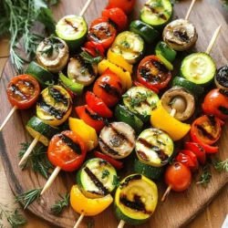 - 1 medium zucchini, sliced into thick rounds - 1 bell pepper (any color), cut into 1-inch chunks - 1 red onion, cut into wedges - 10 cherry tomatoes, left whole - 8 mushrooms, cleaned and halved - 2 tablespoons extra virgin olive oil - 1 tablespoon balsamic vinegar - 2 teaspoons garlic powder - 1 teaspoon dried oregano - Sea salt and freshly cracked black pepper, to taste - Wooden skewers (soaked in water for 30 minutes if using) When making grilled veggie skewers, you want to choose fresh vegetables. Look for bright colors and firm textures. Zucchini, bell peppers, and mushrooms work great together. You can add other veggies, like eggplant or asparagus, too. For the marinade, use high-quality olive oil and vinegar. This adds depth to your flavors. Garlic powder and dried oregano give a nice touch. Fresh herbs can also enhance the taste. Always check your ingredients. Fresh veggies add flavor and nutrients. Using quality items makes a big difference in your dish. Try to buy from local markets when possible. It supports farmers and gives you the best options. For the full recipe, check out the details provided. Marinating the Ingredients Start by mixing your marinade. In a large bowl, add: - 2 tablespoons extra virgin olive oil - 1 tablespoon balsamic vinegar - 2 teaspoons garlic powder - 1 teaspoon dried oregano - Sea salt and freshly cracked black pepper to taste Whisk everything together until it blends well. Then, add the veggies you choose, such as zucchini, bell pepper, red onion, cherry tomatoes, and mushrooms. Toss them gently so all the veggies get coated. Let the veggies sit in the marinade for at least 15 minutes. This lets them soak up all those tasty flavors. Soaking the Skewers If you use wooden skewers, soak them in water for 30 minutes. This step helps prevent burning on the grill. It keeps the skewers moist and safe to use. Preheating the Grill While the veggies are soaking up the marinade, preheat your grill. Aim for medium-high heat. This heat level helps to cook the vegetables evenly and gives them nice grill marks. Assembling the Skewers Now it’s time to thread the veggies onto the soaked skewers. Alternate the vegetables for a colorful look. Start with a zucchini slice, then a bell pepper, and keep going until the skewer is filled. Cooking Times and Techniques Place your skewers on the hot grill. Grill them for about 10-12 minutes. Turn them every couple of minutes. This way, they cook evenly and don’t stick to the grill. Checking for Doneness You’ll know the skewers are done when the veggies are tender and have a nice char. They should look vibrant and have grill marks. Use a fork to check if they’re soft enough to your liking. Serving Styles and Pairings Once grilled, remove the skewers from the grill. Let them rest for a minute. Arrange the skewers on a large platter. You can serve them alongside dips like tzatziki or hummus for added flavor. Garnishing Ideas for Aesthetic Appeal For a fancy touch, garnish your platter with fresh herbs. Chopped parsley or basil adds color and freshness. This simple step makes your dish look even more inviting. Enjoy your delicious Grilled Veggie Skewers! For the full recipe, check the earlier section. Maintaining Medium-High Heat Grilling at the right temperature makes a big difference. Set your grill to medium-high heat. This heat level ensures that your veggies cook through without burning. You want those beautiful grill marks! If it’s too low, the veggies will steam instead of grill. The Role of Olive Oil in Cooking Olive oil does more than add flavor. It helps keep the veggies from sticking to the grill. Brush your skewers with olive oil to create a nice sear. It also helps lock in moisture, making your veggies tender and juicy. Adding Spices and Herbs Spices and herbs take your skewers to the next level. Try adding garlic powder, oregano, or even smoked paprika. A sprinkle of sea salt boosts the flavor too. Don’t be shy; experiment with what you like best! Experimenting with Marinades Marinades add depth to your grilled veggies. You can use balsamic vinegar, soy sauce, or citrus juice. Let your veggies marinate for at least 15 minutes. This waiting time allows them to soak up all those tasty flavors. Overcrowding Skewers When you pack too many veggies on a skewer, they won’t cook evenly. Leave some space between them. This helps the heat circulate and gives you better grill marks. Under-marinating Vegetables Don’t rush the marinating process. Under-marinating means less flavor. Aim for at least 15 minutes, but longer is even better. Let those flavors mingle for a truly delicious bite. For a detailed recipe, check out the Full Recipe. Enjoy your grilling! {{image_4}} You can mix and match different veggies for your skewers. Seasonal vegetables are the best choice. In summer, use zucchini, bell peppers, and eggplant. Fall brings squash and mushrooms. Winter is great for root veggies like carrots and parsnips. Fresh, local produce tastes better and adds color. If you want to add protein, try cubed tofu or chicken. These options soak up flavors well. You can also use shrimp or fish for a seafood twist. This way, everyone can enjoy the skewers, no matter their diet. To add a kick, try a spicy chipotle marinade. Mix chipotle sauce with olive oil, lime juice, and honey. This blend adds heat and sweetness. For a fresh taste, use a citrus herb marinade. Combine lemon juice, fresh herbs, and garlic. This bright mix works great with any vegetable. Experimenting with marinades can make your skewers unique. You can try different herbs and spices to find your favorite blend. Grilled veggie skewers taste great with dips and sides. Try serving them with tzatziki or hummus. These creamy dips add a nice contrast to the smoky veggies. You can also serve them with a fresh salad or a grain bowl. Quinoa or rice pairs well with the flavors of the skewers. For a fun twist, arrange the skewers on a platter. Add colorful dips and sides around them. This not only looks great but makes for a delicious meal. For the full recipe, check out the Grilled Veggie Skewers Delight. To keep your grilled veggie skewers fresh, store them in the fridge. Place them in an airtight container. They will stay good for about three days. If you want to enjoy them later, freezing is a great option. Wrap the skewers in plastic wrap, then place them in a freezer bag. This helps prevent freezer burn. When you're ready to eat your leftovers, reheating is simple. The best method is using the oven. Preheat the oven to 350°F (175°C). Place the skewers on a baking sheet and heat for about 10 minutes. You can also use a skillet on medium heat. Just add a little olive oil to keep them moist. To ensure flavor retention, avoid microwaving if possible. Microwaves can make veggies soggy. Instead, enjoy that grilled taste by reheating on the grill. Just a few minutes on each side can revitalize their flavor. Grilled veggie skewers last for about three days in the fridge. After that, they may start to spoil. Look for signs of spoilage like a strange odor or mushy texture. If you notice either, it’s best to toss them. Always trust your senses when it comes to food safety. The best choices for grilling include bell peppers, zucchini, onions, mushrooms, and cherry tomatoes. These veggies have great flavor and texture when cooked. They hold up well on skewers and get nice grill marks. Avoid moisture-rich vegetables like cucumbers or lettuce. They can become mushy and fall apart on the grill. Yes, you can grill frozen vegetables. However, you'll want to thaw them first. Use a colander to drain excess water. This step helps avoid steaming instead of grilling. Adjust cooking times as needed. Frozen veggies may require a few extra minutes on the grill to cook through. Look for visual cues like char marks and slight browning. The veggies should be tender, not mushy. The best ways to check tenderness are to pierce them with a fork or knife. If they go in easily, your skewers are ready. Enjoy your grilled veggie skewers right away for the best taste! Grilling vegetable skewers is fun and tasty. We explored the best ingredients, from veggies to marinades. The step-by-step guide made grilling easy, covering prep, cooking times, and serving. Tips on heat and flavor will help you master your grill. Plus, we shared great variations and storage info. Use what you learned to create delicious meals. Enjoy experimenting and sharing with friends. Each skewer can be a new adventure at your grill!