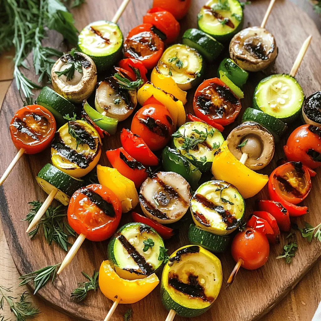 - 1 medium zucchini, sliced into thick rounds - 1 bell pepper (any color), cut into 1-inch chunks - 1 red onion, cut into wedges - 10 cherry tomatoes, left whole - 8 mushrooms, cleaned and halved - 2 tablespoons extra virgin olive oil - 1 tablespoon balsamic vinegar - 2 teaspoons garlic powder - 1 teaspoon dried oregano - Sea salt and freshly cracked black pepper, to taste - Wooden skewers (soaked in water for 30 minutes if using) When making grilled veggie skewers, you want to choose fresh vegetables. Look for bright colors and firm textures. Zucchini, bell peppers, and mushrooms work great together. You can add other veggies, like eggplant or asparagus, too. For the marinade, use high-quality olive oil and vinegar. This adds depth to your flavors. Garlic powder and dried oregano give a nice touch. Fresh herbs can also enhance the taste. Always check your ingredients. Fresh veggies add flavor and nutrients. Using quality items makes a big difference in your dish. Try to buy from local markets when possible. It supports farmers and gives you the best options. For the full recipe, check out the details provided. Marinating the Ingredients Start by mixing your marinade. In a large bowl, add: - 2 tablespoons extra virgin olive oil - 1 tablespoon balsamic vinegar - 2 teaspoons garlic powder - 1 teaspoon dried oregano - Sea salt and freshly cracked black pepper to taste Whisk everything together until it blends well. Then, add the veggies you choose, such as zucchini, bell pepper, red onion, cherry tomatoes, and mushrooms. Toss them gently so all the veggies get coated. Let the veggies sit in the marinade for at least 15 minutes. This lets them soak up all those tasty flavors. Soaking the Skewers If you use wooden skewers, soak them in water for 30 minutes. This step helps prevent burning on the grill. It keeps the skewers moist and safe to use. Preheating the Grill While the veggies are soaking up the marinade, preheat your grill. Aim for medium-high heat. This heat level helps to cook the vegetables evenly and gives them nice grill marks. Assembling the Skewers Now it’s time to thread the veggies onto the soaked skewers. Alternate the vegetables for a colorful look. Start with a zucchini slice, then a bell pepper, and keep going until the skewer is filled. Cooking Times and Techniques Place your skewers on the hot grill. Grill them for about 10-12 minutes. Turn them every couple of minutes. This way, they cook evenly and don’t stick to the grill. Checking for Doneness You’ll know the skewers are done when the veggies are tender and have a nice char. They should look vibrant and have grill marks. Use a fork to check if they’re soft enough to your liking. Serving Styles and Pairings Once grilled, remove the skewers from the grill. Let them rest for a minute. Arrange the skewers on a large platter. You can serve them alongside dips like tzatziki or hummus for added flavor. Garnishing Ideas for Aesthetic Appeal For a fancy touch, garnish your platter with fresh herbs. Chopped parsley or basil adds color and freshness. This simple step makes your dish look even more inviting. Enjoy your delicious Grilled Veggie Skewers! For the full recipe, check the earlier section. Maintaining Medium-High Heat Grilling at the right temperature makes a big difference. Set your grill to medium-high heat. This heat level ensures that your veggies cook through without burning. You want those beautiful grill marks! If it’s too low, the veggies will steam instead of grill. The Role of Olive Oil in Cooking Olive oil does more than add flavor. It helps keep the veggies from sticking to the grill. Brush your skewers with olive oil to create a nice sear. It also helps lock in moisture, making your veggies tender and juicy. Adding Spices and Herbs Spices and herbs take your skewers to the next level. Try adding garlic powder, oregano, or even smoked paprika. A sprinkle of sea salt boosts the flavor too. Don’t be shy; experiment with what you like best! Experimenting with Marinades Marinades add depth to your grilled veggies. You can use balsamic vinegar, soy sauce, or citrus juice. Let your veggies marinate for at least 15 minutes. This waiting time allows them to soak up all those tasty flavors. Overcrowding Skewers When you pack too many veggies on a skewer, they won’t cook evenly. Leave some space between them. This helps the heat circulate and gives you better grill marks. Under-marinating Vegetables Don’t rush the marinating process. Under-marinating means less flavor. Aim for at least 15 minutes, but longer is even better. Let those flavors mingle for a truly delicious bite. For a detailed recipe, check out the Full Recipe. Enjoy your grilling! {{image_4}} You can mix and match different veggies for your skewers. Seasonal vegetables are the best choice. In summer, use zucchini, bell peppers, and eggplant. Fall brings squash and mushrooms. Winter is great for root veggies like carrots and parsnips. Fresh, local produce tastes better and adds color. If you want to add protein, try cubed tofu or chicken. These options soak up flavors well. You can also use shrimp or fish for a seafood twist. This way, everyone can enjoy the skewers, no matter their diet. To add a kick, try a spicy chipotle marinade. Mix chipotle sauce with olive oil, lime juice, and honey. This blend adds heat and sweetness. For a fresh taste, use a citrus herb marinade. Combine lemon juice, fresh herbs, and garlic. This bright mix works great with any vegetable. Experimenting with marinades can make your skewers unique. You can try different herbs and spices to find your favorite blend. Grilled veggie skewers taste great with dips and sides. Try serving them with tzatziki or hummus. These creamy dips add a nice contrast to the smoky veggies. You can also serve them with a fresh salad or a grain bowl. Quinoa or rice pairs well with the flavors of the skewers. For a fun twist, arrange the skewers on a platter. Add colorful dips and sides around them. This not only looks great but makes for a delicious meal. For the full recipe, check out the Grilled Veggie Skewers Delight. To keep your grilled veggie skewers fresh, store them in the fridge. Place them in an airtight container. They will stay good for about three days. If you want to enjoy them later, freezing is a great option. Wrap the skewers in plastic wrap, then place them in a freezer bag. This helps prevent freezer burn. When you're ready to eat your leftovers, reheating is simple. The best method is using the oven. Preheat the oven to 350°F (175°C). Place the skewers on a baking sheet and heat for about 10 minutes. You can also use a skillet on medium heat. Just add a little olive oil to keep them moist. To ensure flavor retention, avoid microwaving if possible. Microwaves can make veggies soggy. Instead, enjoy that grilled taste by reheating on the grill. Just a few minutes on each side can revitalize their flavor. Grilled veggie skewers last for about three days in the fridge. After that, they may start to spoil. Look for signs of spoilage like a strange odor or mushy texture. If you notice either, it’s best to toss them. Always trust your senses when it comes to food safety. The best choices for grilling include bell peppers, zucchini, onions, mushrooms, and cherry tomatoes. These veggies have great flavor and texture when cooked. They hold up well on skewers and get nice grill marks. Avoid moisture-rich vegetables like cucumbers or lettuce. They can become mushy and fall apart on the grill. Yes, you can grill frozen vegetables. However, you'll want to thaw them first. Use a colander to drain excess water. This step helps avoid steaming instead of grilling. Adjust cooking times as needed. Frozen veggies may require a few extra minutes on the grill to cook through. Look for visual cues like char marks and slight browning. The veggies should be tender, not mushy. The best ways to check tenderness are to pierce them with a fork or knife. If they go in easily, your skewers are ready. Enjoy your grilled veggie skewers right away for the best taste! Grilling vegetable skewers is fun and tasty. We explored the best ingredients, from veggies to marinades. The step-by-step guide made grilling easy, covering prep, cooking times, and serving. Tips on heat and flavor will help you master your grill. Plus, we shared great variations and storage info. Use what you learned to create delicious meals. Enjoy experimenting and sharing with friends. Each skewer can be a new adventure at your grill!