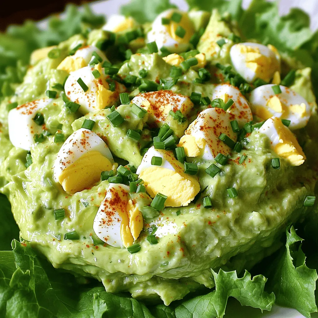 - Hard-boiled eggs - Ripe avocado - Greek yogurt or mayonnaise - Dijon mustard - Fresh lemon juice - Fresh chives - Salt and black pepper - Optional smoked paprika - Optional fresh lettuce leaves To make a great avocado egg salad, you need simple ingredients. First, hard-boiled eggs provide protein and creaminess. Next, a ripe avocado adds healthy fats and a smooth texture. You can use Greek yogurt or mayonnaise for extra creaminess. Dijon mustard gives a nice kick, while fresh lemon juice brightens the flavors. Chives add a mild onion taste and a pop of color. Don’t forget salt and black pepper to enhance all the flavors. If you want a smoky touch, sprinkle some smoked paprika. Fresh lettuce leaves are optional but perfect for crunch. This avocado egg salad is not only tasty but also easy to prepare. You can enjoy it on its own, on bread, or nestled in lettuce. Check out the Full Recipe for detailed steps to make this dish come alive! Start by chopping the hard-boiled eggs into small pieces. Use a sharp knife for clean cuts. Transfer the chopped eggs to a medium mixing bowl. This will make it easy to mix later. Next, grab a ripe avocado. Cut it open and scoop the flesh into a bowl. Use a fork to mash it until smooth and creamy. Then, add Greek yogurt or mayonnaise, Dijon mustard, fresh lemon juice, and seasonings. Mix these well until you have a creamy, flavorful base. Now, gently fold in the chopped chives and eggs. Use a spatula or a large spoon for this. Be careful not to break the egg pieces too much. Taste the mixture and adjust the flavors. You can add more salt, pepper, or lemon juice as you like. For the full recipe, refer to the earlier section. Enjoy your delicious avocado egg salad! To avoid a mushy salad, don't over-mash the avocado. Leave some small chunks for texture. Mix gently after adding the eggs. This keeps the pieces intact and adds to the overall feel. Use a spatula for folding in the ingredients. A gentle touch helps maintain the right consistency. You can try different seasonings to boost the taste. For a zesty twist, add a pinch of cayenne pepper. To brighten the salad, consider fresh herbs like dill or parsley. Balancing flavors is key. If the salad feels too rich, add a bit more lemon juice. This will help to lighten it up nicely. For a pretty presentation, serve the salad in a colorful bowl. Top it with a sprinkle of smoked paprika for flair. You can also use fresh lettuce leaves as a base. This adds a nice crunch. Whole-grain bread is perfect for a sandwich option. Each bite becomes a delicious treat! Check out the Full Recipe for more ideas. {{image_4}} You can get creative with this avocado egg salad. Here are some fun ideas: - Diced tomatoes: They add juiciness and color. - Bell peppers: Chopped bell peppers bring crunch and sweetness. - Shredded chicken: This adds protein and makes it heartier. - Canned tuna: A quick way to add more flavor and protein. If you have special diets, this salad is flexible. Here’s how to adapt it: - Gluten-free: All ingredients are naturally gluten-free. - Vegan alternatives: Use silken tofu instead of yogurt or mayo. Want to travel the world with flavors? Try these twists: - Mediterranean-inspired: Add feta cheese and olives for a savory kick. - Spicy versions: Mix in diced jalapeños or a splash of sriracha for heat. These variations make the avocado egg salad fun and unique! Don't forget to check the Full Recipe for the base ingredients! To keep your avocado egg salad fresh, store it in an airtight container. This helps prevent air from making it brown. If you have leftovers, cover the salad tightly. Use a glass or plastic container with a good seal. Avoid using a bowl without a lid, as it can dry out. Your avocado egg salad lasts about 3 days in the fridge. Always check for signs of spoilage. If it smells sour or changes color, it’s time to toss it. Look for any separation in the mix. That’s a sign it’s no longer good. You should not reheat avocado egg salad. The avocado will become mushy and unappetizing. Instead, if the salad feels dry, add a little lemon juice. This will refresh the flavors and give it a nice zing. Enjoy it cold, either on its own or with fresh lettuce. For the full recipe, check out the detailed steps above. If you want a creamy base but lack Greek yogurt, you have options. Sour cream is a great choice. It adds a rich texture and tangy flavor. Silken tofu is another option. It blends well and keeps the dish healthy. Both substitutes work well in this salad. Yes, you can prepare this salad ahead of time. To keep it fresh, store it in an airtight container. Use lemon juice to prevent browning. I recommend eating it within two days for the best taste. If you want to meal prep, pack it with fresh lettuce or bread for quick lunches. Yes, this recipe is low in carbs. Each serving has about 4 grams of carbs. The main ingredients are eggs and avocado, both of which are low-carb. This makes it a smart choice for anyone watching their carb intake. It also provides healthy fats, making it a nutritious meal option. In this article, we explored how to create a tasty avocado egg salad. We discussed the ingredients needed, such as hard-boiled eggs and ripe avocados. You learned step-by-step how to prepare and mix everything, plus tips to perfect the texture and flavors. Variations and storage tips help ensure your salad stays fresh. This dish is easy to make and lets you be creative with flavors. Enjoy experimenting with different ingredients for your best salad yet!