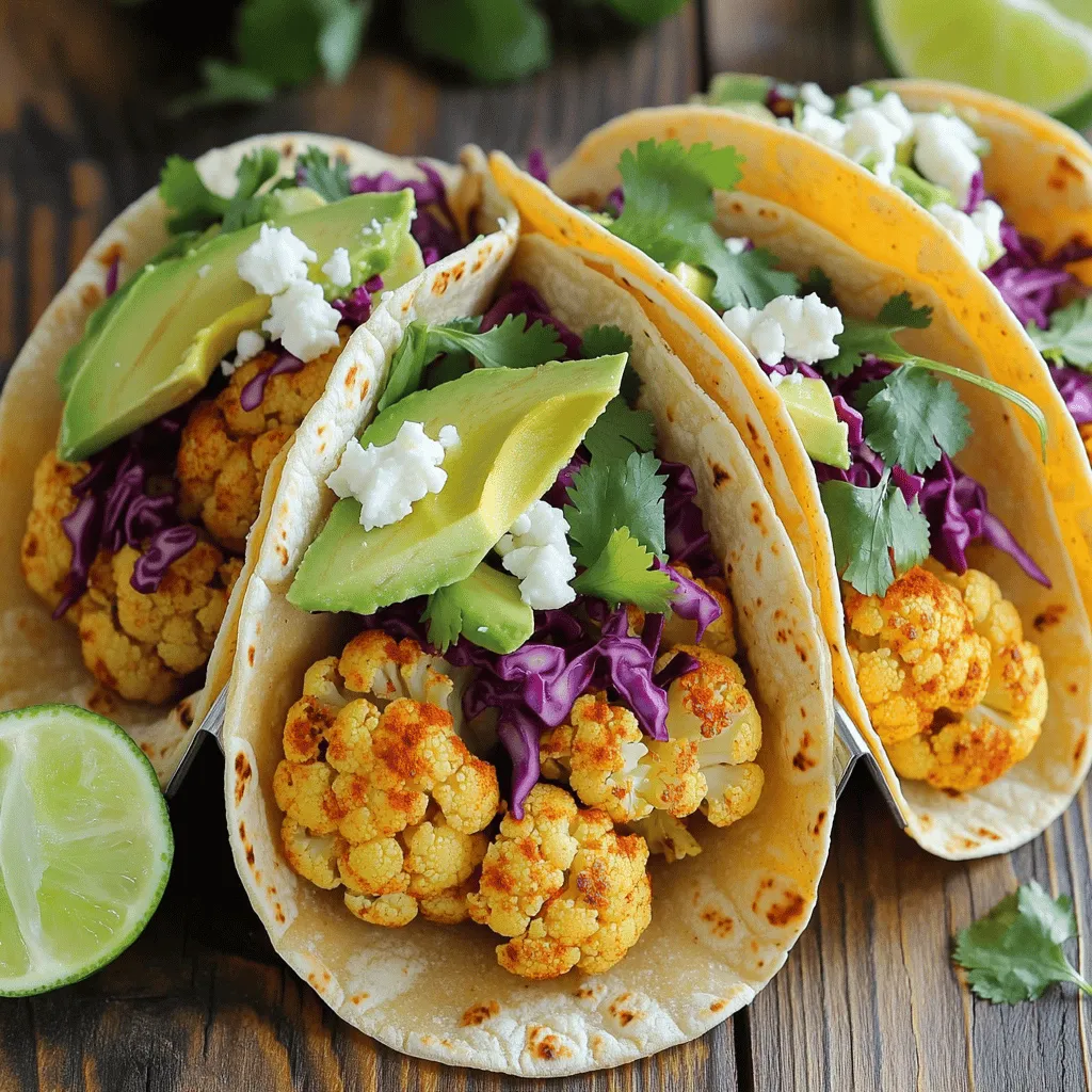 - 1 medium cauliflower, cut into bite-sized florets - 2 tablespoons olive oil - 1 teaspoon smoked paprika - 1 teaspoon ground cumin - 1/2 teaspoon garlic powder - 1/2 teaspoon chili powder - Salt and freshly cracked black pepper to taste - 8 small corn or flour tortillas The main star of these tacos is the cauliflower. It gives a nice bite and flavor. Olive oil helps the spices stick and adds richness. The spices—smoked paprika, cumin, garlic powder, and chili powder—bring warmth and depth. Salt and pepper enhance all the flavors. Don't forget the tortillas to hold everything together. You can use corn or flour, based on your taste. - 1 ripe avocado, thinly sliced - 1 cup red cabbage, finely shredded - 1/4 cup fresh cilantro, roughly chopped - 1 lime, cut into wedges for serving Fresh toppings are key to making these tacos shine. The creamy avocado complements the roasted cauliflower. Red cabbage adds a nice crunch and color. Fresh cilantro brings a burst of brightness. Squeezing lime juice on top adds a zesty kick. These toppings make the dish feel fresh and balanced. - Crumbled feta cheese or vegan cheese for topping - Other salsa or sauce ideas You can customize your tacos with optional ingredients. Feta cheese adds a salty, creamy touch. Vegan cheese is a great choice for plant-based eaters. Consider adding your favorite salsa or sauce for extra flavor. This flexibility makes the dish fun and personal. For the full recipe, check out the detailed instructions to guide you through the process. - Preheat the oven to 425°F (220°C). - In a large bowl, add bite-sized cauliflower florets. - Drizzle the florets with two tablespoons of olive oil. - Sprinkle in one teaspoon of smoked paprika and one teaspoon of ground cumin. - Add half a teaspoon of garlic powder and half a teaspoon of chili powder. - Season with salt and freshly cracked black pepper to taste. - Toss everything well to coat the florets evenly. - Line a baking sheet with parchment paper for easy cleanup. - Spread the seasoned florets in a single layer on the sheet. - Roast in the preheated oven for 25-30 minutes. - Flip the florets halfway through for even cooking. - Look for a golden brown color and tender texture. - While the cauliflower roasts, warm the tortillas. - Heat a dry skillet over medium heat. - Place each tortilla in the skillet for about 30 seconds on each side. - Keep the warm tortillas covered in a clean towel. - Once the cauliflower is ready, remove it from the oven. - Layer roasted cauliflower onto each tortilla. - Add sliced avocado, shredded red cabbage, and fresh cilantro. - Squeeze fresh lime juice over the tacos for extra flavor. - Optionally, top with crumbled feta cheese or vegan cheese. Enjoy your delicious roasted cauliflower tacos! For the full recipe, check the section above. To get even browning and tenderness, follow some simple steps. First, you should cut the cauliflower into bite-sized florets. This helps them cook evenly. Next, spread the florets on a baking sheet in a single layer. Make sure they aren’t touching. If they are too close, they will steam instead of roast. You can add more spices to boost flavor. Try chili flakes for heat or a dash of lime juice for zest. Marinades also work great. A mix of olive oil, lime, and garlic can give the cauliflower a fresh taste. To keep your tortillas warm, wrap them in a clean kitchen towel. You can also place them in a warm oven. This way, they stay soft and ready for the filling. If you want to make ahead, roast the cauliflower earlier. You can store it in the fridge for a few days. Just reheat it in the oven or on the stove before serving. For easy assembly, prep your toppings first. Slice the avocado and shred the cabbage. Keep everything in separate bowls. This way, you can quickly put together the tacos when you’re ready. For the full recipe, check out the [Full Recipe]. {{image_4}} You can use different tortillas for your tacos. Corn tortillas have a nice, earthy taste. Flour tortillas are softer and more pliable. Each type brings its own flair. You can also add beans or protein alternatives. Try black beans for protein or lentils for a hearty bite. This makes the meal more filling and nutritious. Want to kick it up a notch? Make spicy roasted cauliflower! Just add extra chili spices like cayenne or chipotle. This gives the tacos a nice heat. You can also try different sauces. Tahini adds a creamy, nutty flavor. A tahini dressing can make the dish even richer. Experiment with what you like best! If you want a twist, swap avocado for guacamole or salsa. Both options add creaminess and zest. You can also try other vegetables. Roasted bell peppers, corn, or pickled onions work well too. They bring color and crunch to your tacos. The options are endless, so have fun with your toppings! For the full recipe, check out the earlier sections. To keep leftover roasted cauliflower fresh, place it in an airtight container. Make sure to cool it before sealing. Store it in the fridge for up to three days. For the tacos, I recommend keeping the components separate. This way, the tortillas do not get soggy. Wrap the tortillas in foil or parchment paper to keep them fresh. You can freeze roasted cauliflower! Spread it on a baking sheet and freeze for about an hour. Once frozen, transfer it to a freezer bag. Make sure to remove as much air as possible. This helps prevent freezer burn. When you want to eat it, thaw the cauliflower in the fridge. Reheat it in the oven or skillet to restore its texture. Roasted cauliflower lasts for about three to five days in the fridge. Assembled tacos are best eaten within a day. Look for signs of spoilage like an off smell or slimy texture on the cauliflower. For tortillas, check for any mold or unusual spots. Fresh toppings like avocado should be used within a day for the best flavor. For a complete guide, check the full recipe. Yes, you can use frozen cauliflower for this recipe, but there are pros and cons. Pros: - Frozen cauliflower is often pre-cut and ready to use. - It can save you time on prep. - It is usually frozen at peak freshness, keeping nutrients intact. Cons: - Frozen cauliflower can become mushy when cooked. - It may not get as crispy as fresh cauliflower. - The flavor may be less vibrant compared to fresh. If you choose frozen, make sure to thaw and drain it well to avoid extra moisture. To make these tacos gluten-free, choose corn tortillas. They are a great option for a gluten-free diet. You can also find gluten-free flour tortillas at many stores. Just check the label to ensure they meet your needs. Another option is to use lettuce wraps. This keeps your tacos fresh and light while avoiding gluten. If you want to swap out the avocado, here are some tasty alternatives: - Guacamole: It offers a similar creamy texture and flavor. - Hummus: This adds creaminess and a different flavor profile. - Coconut yogurt: It can give a creamy touch with a hint of sweetness. - Cashew cream: This is a nut-based option that is rich and creamy. These options can elevate your tacos while still keeping them delicious and satisfying. For the full recipe, visit the link to see how to make these tasty roasted cauliflower tacos! Roasted cauliflower tacos are a simple and tasty dish. We covered main ingredients, fresh toppings, and optional extras you might enjoy. I shared step-by-step instructions for roasting and assembling. Tips and tricks helped improve your cooking skills and meal prep. We also explored variations and how to store leftovers. These tacos are not just easy to make; they can be tailored to your taste. Try them out and discover your favorites!
