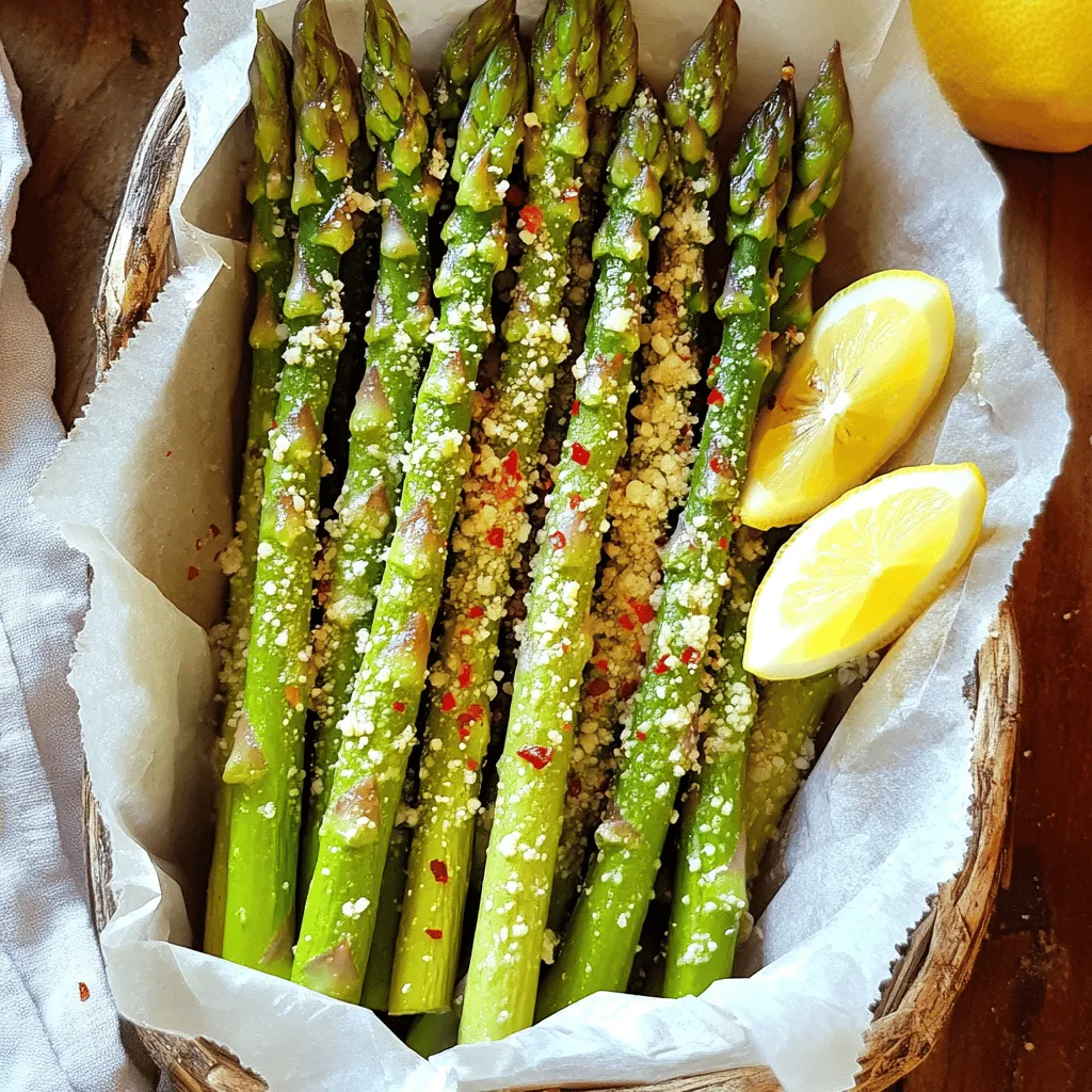 To make Garlic Parmesan Asparagus Fries, you will need: - 1 pound fresh asparagus, trimmed - 2 tablespoons extra virgin olive oil - 3 cloves garlic, finely minced - 1/2 cup freshly grated Parmesan cheese - 1 teaspoon garlic powder - 1/2 teaspoon fine sea salt - 1/4 teaspoon freshly ground black pepper These ingredients create a perfect balance of flavors. The fresh asparagus gives a nice crunch. Olive oil adds richness, while garlic and Parmesan bring depth. You can enhance the flavor with a few optional ingredients: - 1/4 teaspoon red pepper flakes for a spicy kick - Zest of one lemon for a bright, fresh note These additions can elevate your dish. Red pepper flakes offer heat, and lemon zest adds brightness. Feel free to mix and match based on your taste. First, preheat your oven to 425°F (220°C). This ensures your oven is hot enough for crispy fries. Next, grab a baking sheet and line it with parchment paper. This will help the asparagus fries not stick and make cleanup easy. In a large bowl, place the trimmed asparagus. Drizzle 2 tablespoons of extra virgin olive oil over the spears. Toss them well until they are fully covered in oil. This step helps the seasonings stick. Then, add 3 cloves of finely minced garlic, 1 teaspoon of garlic powder, 1/2 teaspoon of fine sea salt, and 1/4 teaspoon of freshly ground black pepper. If you like a little heat, add 1/4 teaspoon of red pepper flakes. Mix everything together until the asparagus is coated evenly. Now, arrange the seasoned asparagus in a single layer on the baking sheet. Make sure the spears have space between them. This helps them cook evenly. Next, sprinkle 1/2 cup of freshly grated Parmesan cheese over the asparagus. Make sure each spear gets some cheesy goodness. Bake in the preheated oven for about 15-20 minutes. They should be tender and crisp with golden cheese on top. Once done, take the baking sheet out and let the fries cool for a few minutes before serving. This will help avoid burns and let the flavors settle. For the full recipe, check out the details above. Enjoy your delicious Garlic Parmesan Asparagus Fries! To get the best crispness, you need to choose fresh asparagus. Look for bright green spears with firm stalks. Trim the bottom ends so they cook evenly. When you coat the spears in olive oil, use just enough to cover them lightly. This step helps them get crispy in the oven. Leaving space between the asparagus on the baking sheet also helps them fry well instead of steaming. The flavor shines with a mix of spices and toppings. For a deeper taste, use fresh garlic, as in the recipe. Minced garlic adds a punch. The Parmesan cheese melts and forms a crispy layer over the asparagus. If you like heat, add red pepper flakes. This simple spice gives your fries a zesty kick without overpowering the dish. A few common mistakes can ruin your fries. First, don’t overcrowd the baking sheet. If the spears touch, they won’t crisp up. They need space to roast properly. Second, watch the cooking time. Undercooking leaves them soggy. Aim for about 15 to 20 minutes in the oven. Check for tenderness and golden cheese to know when they are ready. {{image_4}} You can change the flavor of your garlic Parmesan asparagus fries easily. Try adding lemon pepper for a zesty twist. Italian herbs like oregano or basil also work well. These options add freshness and depth to the dish. Just sprinkle your chosen seasoning on the asparagus when you coat them in olive oil. If you love cheese, consider trying different kinds. Feta cheese adds a tangy flavor that contrasts nicely with the asparagus. Cheddar cheese can bring a sharp taste that many enjoy. You can sprinkle any cheese you like before baking. Just remember to adjust the amount based on how cheesy you want your fries. You don't have to stick to asparagus. Zucchini makes a great substitute. Cut them into fry shapes, and follow the same steps. Bell peppers also work well and add a sweet crunch. Feel free to experiment with any veggies you love. Each option gives a unique flavor and texture to your dish. For the full recipe, check out the detailed steps above. Enjoy making these tasty fries! To keep your garlic Parmesan asparagus fries fresh, store them in an airtight container. Place the fries in the fridge within two hours of cooking. They will stay good for about three days. Make sure to separate layers with parchment paper to avoid sogginess. When you reheat your asparagus fries, you want to keep them crispy. Preheat your oven to 350°F (175°C). Spread the fries on a baking sheet in a single layer. Heat for about 10 to 15 minutes until they are hot and crisp again. You can also use an air fryer for a faster option. Just set it to 350°F and heat for 5 to 7 minutes. If you want to store prepped ingredients, freezing works well. You can freeze the asparagus spears after coating them with oil and seasonings. Place them on a baking sheet and freeze until solid. Then, transfer them to a freezer bag. They can last up to three months. When ready to cook, bake them straight from the freezer, adding a few extra minutes to the cooking time. Garlic Parmesan asparagus fries last about 3 to 4 days in the fridge. Store them in an airtight container to keep them fresh. If you notice any signs of spoilage, it's best to toss them. For the best taste, eat them within the first couple of days. Yes, you can prep the asparagus ahead of time. Trim and coat the asparagus with oil and seasonings. Place them in the fridge until you are ready to bake. This can save time on busy days. Just remember to bake them fresh when you want to serve them for the best texture. Garlic Parmesan asparagus fries pair well with many dishes. Here are some ideas: - Meats: Serve with grilled chicken or steak for a hearty meal. - Dips: A creamy ranch or zesty aioli complements the flavors well. - Salads: A light salad with mixed greens can balance the richness of the fries. The full recipe is a great starting point for your culinary adventure. Enjoy your delicious treats! You learned how to make delicious Garlic Parmesan Asparagus Fries. We covered the key ingredients, like asparagus and cheese, and optional flavors like lemon zest. The step-by-step guide showed you how to prepare and bake them just right. I shared tips to perfect the crispness and avoid common mistakes. Plus, we explored fun variations and storage tips to keep your leftovers fresh. Enjoy this tasty dish, and don’t hesitate to try new flavors. It’s easy and fun to make!