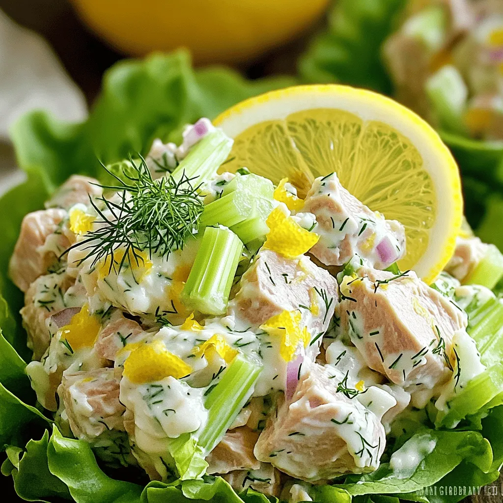 - 2 cans (5 oz each) of tuna in water, well-drained - 1/4 cup creamy mayonnaise - 2 tablespoons tangy Greek yogurt - 1 tablespoon smooth Dijon mustard - Juice and zest of 1 fresh lemon - 1/4 cup celery, finely chopped for crunch - 1/4 cup red onion, finely chopped for sweetness - 2 tablespoons fresh dill, chopped (or 1 tablespoon dried dill for convenience) - Salt and freshly cracked black pepper to taste Tuna is the star of this dish. It’s packed with protein, making it filling. Mayonnaise gives creaminess. Greek yogurt adds tang and cuts calories. Fresh herbs like dill brighten the salad. Celery and red onion provide a nice crunch. - 1/4 cup capers, rinsed and drained (for an extra briny kick) - Crisp lettuce leaves (for serving) Capers add brininess for those who like a punch of flavor. Lettuce leaves make a great base for serving. They add freshness and a nice touch. Tuna is rich in protein, omega-3 fatty acids, and vitamins. Omega-3s are great for heart health. Greek yogurt offers probiotics, which are good for digestion. Dill is not just tasty; it is also full of antioxidants. It helps make this salad not just tasty but also healthy. You can find the full recipe above to try this delicious Lemon Dill Tuna Salad yourself! To start, gather your ingredients for the Lemon Dill Tuna Salad. In a large mixing bowl, add the drained tuna. Mix in the creamy mayonnaise, Greek yogurt, and Dijon mustard. Stir until the mix is smooth and well combined. Next, squeeze the juice of one fresh lemon into the bowl. Don't forget to add the lemon zest too! This step adds a bright flavor to your salad. Now, it’s time to add some crunch and freshness. Carefully fold in the finely chopped celery, red onion, and fresh dill. If you want an extra kick, gently mix in the capers as well. This blend of veggies and herbs gives your salad depth and a great taste. Finally, season your tuna salad with salt and freshly cracked black pepper to your liking. Refrigeration is key here. Cover the bowl with plastic wrap and chill for at least 30 minutes. This allows all the flavors to meld together. When you’re ready to serve, arrange crisp lettuce leaves on each plate. Spoon the flavorful tuna salad on top. For an extra touch, garnish with a slice of lemon and a sprig of dill. Pair it with whole grain crackers or pita for added crunch. Enjoy this healthy and refreshing option anytime! For the complete recipe, check the Full Recipe section. To make your lemon dill tuna salad perfect, start by adjusting the seasonings. Taste as you go. If you want more zing, add extra lemon juice or zest. You can also mix in more dill for a stronger flavor. For a kick, consider adding capers. They bring a briny taste that pairs well with tuna. Just rinse and drain them, then fold them in gently. Using canned tuna can save you a lot of time. It’s quick and easy. Fresh tuna takes longer to cook and prep. If you want to prep ahead, chop your veggies the day before. Store them in the fridge. You can also mix the base ingredients in advance. Just keep them in the fridge until you're ready to serve. Pair your tuna salad with sides like whole grain crackers or fresh veggies. They add crunch and color. For storage, use airtight containers. This keeps your salad fresh for longer. If you plan to take it on the go, opt for leak-proof containers. They make transport easy and mess-free. For a nice touch, serve it on crisp lettuce leaves. It looks great and adds freshness. {{image_4}} You can make Lemon Dill Tuna Salad even healthier! Try using light mayonnaise. This swaps out fat for flavor without losing creaminess. You can also add avocado. It gives the salad a rich texture and healthy fats. Want to change things up? Incorporate different herbs like parsley or cilantro. These herbs add new layers of flavor. You can also add diced pickles or bell peppers. They bring crunch and a tasty twist. There are fun ways to serve this salad! You can use lettuce wraps for a fresh bite. This makes for a low-carb option. Another idea is to spread the tuna salad on whole grain or gluten-free bread. Both styles make for a delightful meal. For the full recipe, check out the detailed instructions above! To keep your Lemon Dill Tuna Salad fresh, store it in the fridge. Place the salad in an airtight container. This helps prevent any odors from other foods. I recommend using glass or BPA-free plastic containers. They seal well and keep your salad tasty for days. You can freeze tuna salad, but it changes the texture. If you choose to freeze it, do so right after making it. Use a freezer-safe container and leave some space at the top. This allows the salad to expand. To thaw, move the container to the fridge overnight. Stir it well before serving for the best taste. In the fridge, your Lemon Dill Tuna Salad lasts about three days. After three days, check for signs of spoilage. Look for off smells or changes in color. If it smells sour or looks slimy, it’s best to toss it. Always trust your senses when it comes to food safety. Enjoy the full recipe for the best results! Yes, you can swap out some ingredients in this recipe. For tuna, you can use canned salmon or chickpeas for a plant-based option. Both offer great flavor and texture. If you need a dairy-free option for mayonnaise, consider using avocado or a store-bought dairy-free mayonnaise. These alternatives keep the salad creamy and delicious. You can pair your Lemon Dill Tuna Salad with many sides. Whole grain crackers or pita bread add a nice crunch. A fresh green salad or sliced veggies also works well for a balanced meal. If you are hosting, serve the tuna salad on a platter with crisp lettuce leaves for guests to make their own wraps. This makes it fun and interactive! Feel free to customize your tuna salad! Add diced pickles for a tangy twist or chopped bell peppers for extra crunch. If you love spice, a dash of hot sauce can elevate the flavor. You can also experiment with herbs. Fresh parsley or cilantro can bring a new taste, making the dish uniquely yours. You learned about making a tasty tuna salad with great ingredients. We covered how to prepare it, add fresh elements, and serve it well. Remember to chill the salad for the best flavor. You can swap ingredients to match your taste. Use the tips shared to save time and enjoy your meal more. Now, go and make a delightful tuna salad that fits your style!