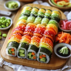 - Sushi rice: 2 cups - Water: 2 1/2 cups - Rice vinegar, sugar, and salt for seasoning - Cucumber - Carrot - Avocado - Red bell pepper - Edamame - Soy sauce for dipping - Sesame seeds for garnish Using fresh and colorful veggies brings your sushi to life. Each vegetable adds a unique taste and texture. For the sushi rice, rinse it well. This step is key. It removes extra starch. Rinsing helps achieve that fluffy texture we love. When choosing vegetables, look for bright colors and firm textures. Fresh cucumbers are crisp. Carrots add a nice crunch. Avocado brings a creamy finish. Red bell peppers offer sweetness. Edamame adds a bit of protein. You can serve your sushi with soy sauce for dipping. This adds a salty kick. If you like, sprinkle sesame seeds on top. They add a nice crunch and look pretty. For the full recipe, check out the Rainbow Veggie Sushi Rolls . To start, rinse the sushi rice. Use cold water in a fine sieve. Rinse until the water runs clear. This step helps remove extra starch. It keeps the rice fluffy. Next, cook the rice. In a medium pot, add the rinsed rice and water. Bring it to a boil over high heat. Once boiling, lower the heat to simmer. Cover the pot and let it cook for 18 to 20 minutes. The water should fully absorb. While the rice cooks, mix the seasoning. In a small bowl, combine rice vinegar, sugar, and salt. Stir until the sugar and salt dissolve. After the rice finishes cooking, let it sit covered for 10 minutes. This helps it steam and become tender. Now, fluff the rice. Transfer it to a large bowl. Pour the vinegar mix over the warm rice. Use a wooden spoon to fold the mixture in gently. Do not mash the rice. Let it cool to room temperature. To roll your sushi, set up your bamboo mat. Place a sheet of nori on the mat, shiny side down. Spread the rice using clean, wet hands. Take about 1/2 cup of cooled rice. Spread it evenly on the nori, leaving a 1-inch border at the top. Next, add your fillings. Arrange strips of cucumber, carrot, avocado, red bell pepper, and edamame along the center of the rice. Feel free to mix and match veggies! Now, roll the sushi. Start from the bottom of the mat. Carefully roll the nori and rice over the fillings. Tuck it in as you go and apply gentle pressure to keep it tight. To seal the roll, moisten the top border of the nori with water. Press gently to seal it securely. Finally, slice the roll. Use a sharp, damp knife to cut it into 6 to 8 pieces. Wipe the knife between cuts for clean edges. Repeat the process with the remaining ingredients to make more rolls. For the full recipe, check the details above! When making veggie sushi rolls, fresh vegetables make a big difference. Here’s what to look for: - Cucumbers: Choose firm cucumbers with smooth skin. They should feel heavy for their size and have no soft spots. - Avocados: Pick avocados that yield slightly when you press them. Avoid ones that are too mushy or have brown spots. - Carrots: Look for bright orange carrots that are crisp and firm. Thin, young carrots are sweeter and taste great raw. - Bell Peppers: Select bell peppers that are shiny and have no wrinkles. They should feel firm and have vibrant colors. - Edamame: Use fresh or frozen shelled edamame. If using frozen, make sure they are bright green and not discolored. Rolling sushi may seem tricky, but practice helps. Here are some tips to avoid common mistakes: - Don’t Overfill: Less is more. If you add too many fillings, the roll will burst. Start with small amounts. - Tight Rolling: Roll the sushi tightly, but don’t squish it. Use your fingers to tuck the filling in as you roll. - Moisten the Nori: Always wet the top edge of the nori before sealing. This helps the roll stick together. How you serve your sushi makes it even more fun. Here are some creative ideas: - Bamboo Platter: Arrange your rolls neatly on a bamboo platter for a beautiful look. - Sprinkle Sesame Seeds: Add sesame seeds on top for extra flavor and a nice touch. - Dipping Sauces: Serve small bowls of soy sauce on the side. You can also add pickled ginger and wasabi for more zing. These tips will make your sushi rolls not only tasty but also a feast for the eyes. For the complete recipe, check out the Full Recipe section. Enjoy your sushi adventure! {{image_4}} You can change the veggies for a unique taste. Try adding sliced radishes or colorful purple cabbage. Zucchini is another great option. Each veggie adds its own flavor and crunch. This makes each roll fun and fresh. Use what you like or what is in season. It’s a chance to get creative! If you want more protein, consider tofu or crab. Tofu works well when marinated in soy sauce. This gives it a savory taste. You can also use cooked shrimp for a seafood twist. For a plant-based option, try tempeh. It has a nice texture and absorbs flavors well. Each protein adds a different layer to your sushi rolls. Making a sushi bowl is a fun twist! Start with a base of sushi rice. Then, add your favorite sushi toppings. You can use the same veggies and proteins. Arrange them in neat sections on top of the rice. Drizzle with soy sauce or a sesame dressing. This way, you enjoy all the flavors without rolling. It’s quick, easy, and just as tasty. Enjoy the mix of colors and textures in your bowl! For full details on making sushi rolls, check the Full Recipe. To keep your leftover sushi rolls fresh, wrap them tightly in plastic wrap. This helps keep air out and moisture in. Place the wrapped rolls in an airtight container. This way, they stay safe from drying out. If you have any extra fillings, store them in a separate container. This keeps them fresh for later use. Refrigerated sushi rolls are best enjoyed within 24 hours. After that, the rice can lose its texture. The veggies may also start to wilt. For the best taste, eat them as soon as you can. If you need to keep them longer, consider freezing them. However, this may change the texture of the rice. I recommend enjoying sushi rolls cold. The fresh flavors shine through when they are chilled. If you prefer them warm, gently heat them in a microwave. Use a low setting for about 10-15 seconds. This warms them without cooking the rice. Enjoy the full burst of flavor, whether cold or warm. For the full recipe, check out the Rainbow Veggie Sushi Rolls section. To keep sushi rice from sticking, follow these tips: - Rinse the rice: Rinse your sushi rice under cold water until the water runs clear. This removes extra starch. - Use wet hands: When spreading rice on nori, wet your hands first. This helps prevent the rice from sticking to your fingers. - Don’t overpack: Spread the rice in a thin layer. Packing it too tightly makes it hard to roll. - Cool the rice: Allow the rice to cool to room temperature before using it. Warm rice is stickier. These steps help keep your rice manageable as you roll your sushi. Yes, you can use brown rice for a healthier option. Brown rice has more fiber and nutrients. However, it has a different texture and takes longer to cook. Here’s how to adapt: - Cooking time: Brown rice usually takes about 40-50 minutes to cook. Make sure it’s tender before using. - Flavor: The nutty taste of brown rice adds a unique flavor to your sushi rolls. Adjust your fillings to balance the taste. - Texture: Brown rice is chewier than white sushi rice. This can change how the rolls feel but adds a nice crunch. Experiment with brown rice for a twist on your veggie sushi! If you want variety in your dipping sauces, try these options: - Soy sauce: The classic choice. It pairs well with any sushi roll. - Spicy mayo: Mix mayonnaise with sriracha for a creamy kick. - Wasabi: Add a bit of wasabi to soy sauce for heat. - Sesame sauce: A sweet and nutty option that complements veggie rolls well. - Ponzu sauce: A citrus-based sauce that brings brightness to your sushi. Each sauce adds a new layer of flavor to your veggie sushi rolls! Now you have all you need to make sushi at home. We covered key ingredients, perfect rice preparation, and rolling techniques. Fresh vegetables can elevate flavors. Your options, like adding proteins or creating sushi bowls, are endless. Remember to store your sushi properly to keep it fresh. It's that simple! Dive into your sushi-making adventure for fun and tasty meals. Enjoy every bite!