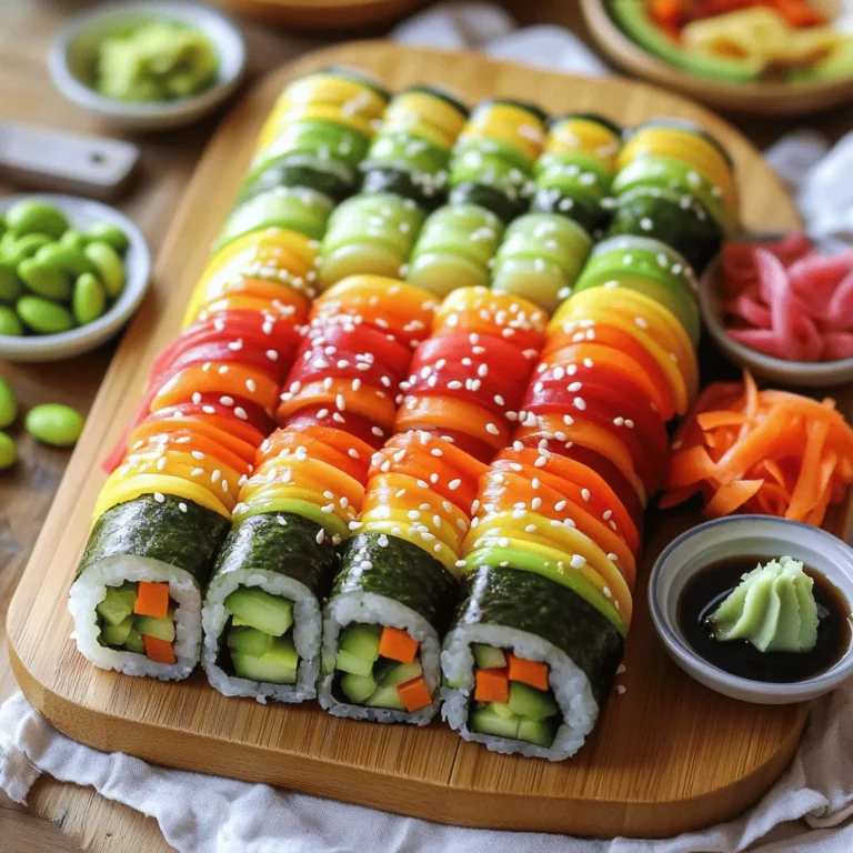 - Sushi rice: 2 cups - Water: 2 1/2 cups - Rice vinegar, sugar, and salt for seasoning - Cucumber - Carrot - Avocado - Red bell pepper - Edamame - Soy sauce for dipping - Sesame seeds for garnish Using fresh and colorful veggies brings your sushi to life. Each vegetable adds a unique taste and texture. For the sushi rice, rinse it well. This step is key. It removes extra starch. Rinsing helps achieve that fluffy texture we love. When choosing vegetables, look for bright colors and firm textures. Fresh cucumbers are crisp. Carrots add a nice crunch. Avocado brings a creamy finish. Red bell peppers offer sweetness. Edamame adds a bit of protein. You can serve your sushi with soy sauce for dipping. This adds a salty kick. If you like, sprinkle sesame seeds on top. They add a nice crunch and look pretty. For the full recipe, check out the Rainbow Veggie Sushi Rolls . To start, rinse the sushi rice. Use cold water in a fine sieve. Rinse until the water runs clear. This step helps remove extra starch. It keeps the rice fluffy. Next, cook the rice. In a medium pot, add the rinsed rice and water. Bring it to a boil over high heat. Once boiling, lower the heat to simmer. Cover the pot and let it cook for 18 to 20 minutes. The water should fully absorb. While the rice cooks, mix the seasoning. In a small bowl, combine rice vinegar, sugar, and salt. Stir until the sugar and salt dissolve. After the rice finishes cooking, let it sit covered for 10 minutes. This helps it steam and become tender. Now, fluff the rice. Transfer it to a large bowl. Pour the vinegar mix over the warm rice. Use a wooden spoon to fold the mixture in gently. Do not mash the rice. Let it cool to room temperature. To roll your sushi, set up your bamboo mat. Place a sheet of nori on the mat, shiny side down. Spread the rice using clean, wet hands. Take about 1/2 cup of cooled rice. Spread it evenly on the nori, leaving a 1-inch border at the top. Next, add your fillings. Arrange strips of cucumber, carrot, avocado, red bell pepper, and edamame along the center of the rice. Feel free to mix and match veggies! Now, roll the sushi. Start from the bottom of the mat. Carefully roll the nori and rice over the fillings. Tuck it in as you go and apply gentle pressure to keep it tight. To seal the roll, moisten the top border of the nori with water. Press gently to seal it securely. Finally, slice the roll. Use a sharp, damp knife to cut it into 6 to 8 pieces. Wipe the knife between cuts for clean edges. Repeat the process with the remaining ingredients to make more rolls. For the full recipe, check the details above! When making veggie sushi rolls, fresh vegetables make a big difference. Here’s what to look for: - Cucumbers: Choose firm cucumbers with smooth skin. They should feel heavy for their size and have no soft spots. - Avocados: Pick avocados that yield slightly when you press them. Avoid ones that are too mushy or have brown spots. - Carrots: Look for bright orange carrots that are crisp and firm. Thin, young carrots are sweeter and taste great raw. - Bell Peppers: Select bell peppers that are shiny and have no wrinkles. They should feel firm and have vibrant colors. - Edamame: Use fresh or frozen shelled edamame. If using frozen, make sure they are bright green and not discolored. Rolling sushi may seem tricky, but practice helps. Here are some tips to avoid common mistakes: - Don’t Overfill: Less is more. If you add too many fillings, the roll will burst. Start with small amounts. - Tight Rolling: Roll the sushi tightly, but don’t squish it. Use your fingers to tuck the filling in as you roll. - Moisten the Nori: Always wet the top edge of the nori before sealing. This helps the roll stick together. How you serve your sushi makes it even more fun. Here are some creative ideas: - Bamboo Platter: Arrange your rolls neatly on a bamboo platter for a beautiful look. - Sprinkle Sesame Seeds: Add sesame seeds on top for extra flavor and a nice touch. - Dipping Sauces: Serve small bowls of soy sauce on the side. You can also add pickled ginger and wasabi for more zing. These tips will make your sushi rolls not only tasty but also a feast for the eyes. For the complete recipe, check out the Full Recipe section. Enjoy your sushi adventure! {{image_4}} You can change the veggies for a unique taste. Try adding sliced radishes or colorful purple cabbage. Zucchini is another great option. Each veggie adds its own flavor and crunch. This makes each roll fun and fresh. Use what you like or what is in season. It’s a chance to get creative! If you want more protein, consider tofu or crab. Tofu works well when marinated in soy sauce. This gives it a savory taste. You can also use cooked shrimp for a seafood twist. For a plant-based option, try tempeh. It has a nice texture and absorbs flavors well. Each protein adds a different layer to your sushi rolls. Making a sushi bowl is a fun twist! Start with a base of sushi rice. Then, add your favorite sushi toppings. You can use the same veggies and proteins. Arrange them in neat sections on top of the rice. Drizzle with soy sauce or a sesame dressing. This way, you enjoy all the flavors without rolling. It’s quick, easy, and just as tasty. Enjoy the mix of colors and textures in your bowl! For full details on making sushi rolls, check the Full Recipe. To keep your leftover sushi rolls fresh, wrap them tightly in plastic wrap. This helps keep air out and moisture in. Place the wrapped rolls in an airtight container. This way, they stay safe from drying out. If you have any extra fillings, store them in a separate container. This keeps them fresh for later use. Refrigerated sushi rolls are best enjoyed within 24 hours. After that, the rice can lose its texture. The veggies may also start to wilt. For the best taste, eat them as soon as you can. If you need to keep them longer, consider freezing them. However, this may change the texture of the rice. I recommend enjoying sushi rolls cold. The fresh flavors shine through when they are chilled. If you prefer them warm, gently heat them in a microwave. Use a low setting for about 10-15 seconds. This warms them without cooking the rice. Enjoy the full burst of flavor, whether cold or warm. For the full recipe, check out the Rainbow Veggie Sushi Rolls section. To keep sushi rice from sticking, follow these tips: - Rinse the rice: Rinse your sushi rice under cold water until the water runs clear. This removes extra starch. - Use wet hands: When spreading rice on nori, wet your hands first. This helps prevent the rice from sticking to your fingers. - Don’t overpack: Spread the rice in a thin layer. Packing it too tightly makes it hard to roll. - Cool the rice: Allow the rice to cool to room temperature before using it. Warm rice is stickier. These steps help keep your rice manageable as you roll your sushi. Yes, you can use brown rice for a healthier option. Brown rice has more fiber and nutrients. However, it has a different texture and takes longer to cook. Here’s how to adapt: - Cooking time: Brown rice usually takes about 40-50 minutes to cook. Make sure it’s tender before using. - Flavor: The nutty taste of brown rice adds a unique flavor to your sushi rolls. Adjust your fillings to balance the taste. - Texture: Brown rice is chewier than white sushi rice. This can change how the rolls feel but adds a nice crunch. Experiment with brown rice for a twist on your veggie sushi! If you want variety in your dipping sauces, try these options: - Soy sauce: The classic choice. It pairs well with any sushi roll. - Spicy mayo: Mix mayonnaise with sriracha for a creamy kick. - Wasabi: Add a bit of wasabi to soy sauce for heat. - Sesame sauce: A sweet and nutty option that complements veggie rolls well. - Ponzu sauce: A citrus-based sauce that brings brightness to your sushi. Each sauce adds a new layer of flavor to your veggie sushi rolls! Now you have all you need to make sushi at home. We covered key ingredients, perfect rice preparation, and rolling techniques. Fresh vegetables can elevate flavors. Your options, like adding proteins or creating sushi bowls, are endless. Remember to store your sushi properly to keep it fresh. It's that simple! Dive into your sushi-making adventure for fun and tasty meals. Enjoy every bite!