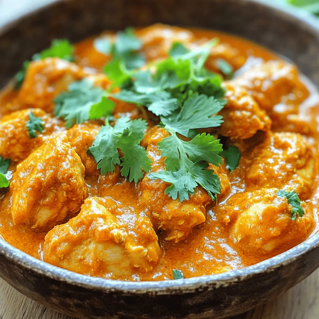 - 1 lb (450g) boneless chicken thighs, diced into bite-sized pieces - 1 cup plain yogurt - 2 tablespoons freshly squeezed lemon juice - 2 teaspoons garam masala - 1 teaspoon ground cumin - 1 teaspoon sweet paprika - 1 teaspoon ground turmeric - 1 teaspoon coriander powder - 1 tablespoon ginger-garlic paste - 2 tablespoons vegetable oil - 1 medium onion, finely chopped - 1 can (14 oz) crushed tomatoes - 1 cup creamy coconut milk - Salt and freshly ground black pepper to taste To make Chicken Tikka Masala, you need a few key ingredients. The boneless chicken thighs give the dish a tender, juicy bite. The marinade, made with yogurt and spices, adds depth and flavor. You want to use spices like garam masala, cumin, and turmeric to make it truly special. - Fresh cilantro - Lime wedges Garnishes elevate your dish. Fresh cilantro adds a pop of color and freshness. Lime wedges bring a zesty brightness that balances the creamy sauce. You can serve this dish with these garnishes to impress your family and friends. For the full recipe, check the link above. To make a tasty marinade, start by mixing these ingredients in a bowl: - 1 cup plain yogurt - 2 tablespoons freshly squeezed lemon juice - 2 teaspoons garam masala - 1 teaspoon ground cumin - 1 teaspoon sweet paprika - 1 teaspoon ground turmeric - 1 teaspoon coriander powder - A pinch of salt and pepper Whisk them together until smooth. The yogurt helps the chicken stay juicy and adds flavor. Next, add 1 pound of diced boneless chicken thighs to the marinade. Make sure every piece is covered well. Cover the bowl tightly with plastic wrap and let it chill in the fridge for at least 30 minutes. If you have time, marinate it overnight. This gives the chicken more flavor. In a large skillet, pour in 2 tablespoons of vegetable oil and heat it over medium heat. When the oil is hot, add 1 finely chopped medium onion. Cook the onion for about 5 to 7 minutes. You want it to turn golden brown and soft. Now, take the marinated chicken out of the fridge. Let any extra marinade drip off before adding it to the skillet. Cook the chicken for about 8 to 10 minutes. Stir it often to make sure it cooks evenly. The chicken should be golden and fully cooked. Once the chicken is done, pour in 1 can of crushed tomatoes. Stir everything together well. Let the mixture simmer for about 10 minutes. This helps the flavors blend nicely. After that, add 1 cup of creamy coconut milk. Mix it in until everything is smooth. Keep simmering the dish for another 10 to 15 minutes. This will thicken the sauce and finish cooking the chicken. Finally, taste your dish. Adjust the seasoning with salt and freshly ground black pepper to your liking. Just before serving, sprinkle fresh chopped cilantro on top for a burst of color and flavor. For the full recipe, check out the [Full Recipe]. - Overcooking the chicken: Cook just until golden to keep it juicy. Overcooked chicken can be dry and tough. Keep an eye on it while cooking. - Not letting the marinade develop flavor: Marinating for at least 30 minutes helps the chicken soak up the spices. For the best taste, try marinating overnight. - Suggestions for additional spices: If you like more heat, add a pinch of cayenne pepper or crushed red pepper flakes. For depth, try a bit of smoked paprika. - Using fresh vs. dried herbs: Fresh cilantro adds brightness. If you only have dried herbs, use them, but remember to use less. Dried herbs are stronger. - Ideal accompaniments like naan and rice: Serve Chicken Tikka Masala with warm naan or fluffy basmati rice. Both soak up the sauce nicely. For extra flavor, drizzle with lime juice before serving. For the complete recipe, check out the [Full Recipe]. {{image_4}} You can easily make this dish vegetarian. Instead of chicken, use paneer or chickpeas. Paneer gives a nice texture and absorbs flavors well. Chickpeas add protein and a hearty bite. Both options pair wonderfully with the rich sauce. If you want to try something different, swap chicken for shrimp or tofu. Shrimp cooks quickly and takes on the spices beautifully. Tofu is a great choice for a plant-based option. Use firm tofu and press it to remove excess water. This helps it soak up the flavors. Adjusting the spice level in Chicken Tikka Masala is simple. If you prefer milder dishes, reduce the garam masala and chili powder. For more heat, add fresh chopped chilies or extra chili powder. Taste as you go to find your perfect flavor balance. You control the heat! To store leftovers, let the Chicken Tikka Masala cool first. Place it in an airtight container. Make sure to refrigerate it within two hours of cooking. The dish can last for up to three days in the fridge. When you want to enjoy it again, check for any signs of spoilage. If it looks or smells off, it’s best to toss it. Freezing Chicken Tikka Masala is easy and keeps it fresh. Use a freezer-safe container or heavy-duty freezer bags. Leave some space at the top, as the sauce may expand when frozen. Label the container with the date. You can freeze it for up to three months. To keep the chicken tender, freeze it without the garnish. To reheat your Chicken Tikka Masala, use a saucepan on low heat. Stir it often to heat evenly. Add a splash of water or coconut milk if the sauce looks too thick. You can also use the microwave. Heat it in short bursts, stirring in between. This way, you keep the flavor and texture just right. Enjoy it with warm naan or rice for a full meal! Chicken Tikka Masala is a popular Indian dish. It features marinated chicken cooked in a rich, creamy sauce. The sauce combines tomatoes, spices, and coconut milk. Each bite bursts with flavor, making it a favorite for many. Yes, you can prepare Chicken Tikka Masala ahead of time. Make the dish, then cool it to room temperature. Store it in an airtight container in the fridge. It stays fresh for up to three days. For longer storage, freeze it for up to three months. Thaw it in the fridge before reheating. This meal makes a great option for busy weeknights. You can easily change the spice level. For less heat, reduce the amount of garam masala and paprika. You can also omit the ginger-garlic paste. For more heat, add crushed red pepper or cayenne pepper. Start with a small amount, then taste as you go. This way, you can find your perfect balance. This post covered how to make Chicken Tikka Masala. You learned about key ingredients, like chicken and spices, and how to marinate and cook them. I shared tips to avoid mistakes and options for different proteins. You can even adapt the dish for more spice or a vegetarian version. Overall, Chicken Tikka Masala is versatile and tasty. Enjoy your meal and feel free to experiment!