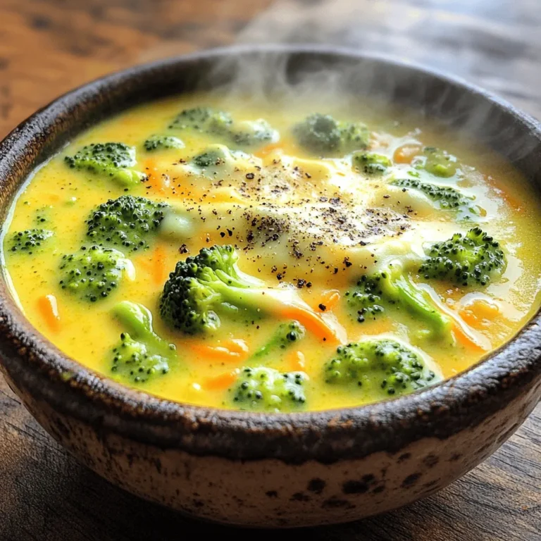 - 4 cups fresh broccoli florets - 1 cup finely shredded carrots - 1/2 cup onion, diced - 3 cloves garlic, minced - 4 cups vegetable broth - 1 cup heavy cream - 2 cups shredded sharp cheddar cheese - 1/4 cup all-purpose flour - 1/2 teaspoon freshly grated nutmeg - Salt and black pepper to taste - 2 tablespoons extra virgin olive oil For this Panera copycat broccoli cheddar soup, you need fresh ingredients. Start with the vegetables. The broccoli adds color and nutrition. The carrots bring sweetness, and the onion and garlic add depth. Next, you need liquids. Vegetable broth forms the base of the soup, and heavy cream gives it a rich texture. Now, let’s talk about seasonings. Sharp cheddar cheese is key to that gooey, cheesy goodness. Flour thickens the soup, while nutmeg adds a warm flavor. Don’t forget salt and black pepper to enhance all the tastes. Using quality ingredients makes a big difference. You can find all these at your local store. For the full recipe, check the complete list and instructions. Enjoy cooking! 1. Start by heating the olive oil in a large pot over medium heat. 2. Once hot, add the diced onion and minced garlic. 3. Sauté the mixture for about 3-4 minutes until the onions look clear and smell good. 4. Next, stir in the shredded carrots and fresh broccoli florets. 5. Cook this mix for another 5 minutes. You want the veggies to soften a bit but stay bright. 1. Evenly sprinkle the flour over the vegetable mix. 2. Stir well to coat everything in flour. 3. Cook for another 2 minutes to get rid of the raw flour taste. 4. Gradually pour in the vegetable broth while whisking. This helps avoid lumps. 5. Turn up the heat to bring this to a gentle boil. 6. Once it starts boiling, lower the heat and let it simmer for 15-20 minutes. The broccoli should be tender enough to pierce with a fork. 1. Carefully blend the soup using an immersion blender until smooth. If you don't have one, you can use a regular blender in batches. 2. After blending, stir in the heavy cream. 3. Then add the shredded sharp cheddar cheese. Mix well until the cheese melts and the soup is creamy. 4. Finally, season with freshly grated nutmeg, salt, and black pepper to your taste. 5. Let it simmer for another 5 minutes to blend the flavors nicely. Enjoy this warm and cheesy goodness right away! Check out the Full Recipe for more details. To make your soup taste great, start with the right seasonings. I like to add salt and black pepper as I cook. Taste the soup as you go. You can always add more later. For a little kick, try adding a pinch of cayenne pepper. It gives a nice warmth without being too spicy. Cheese is key in this soup. Use sharp cheddar for the best flavor. When adding cheese, do it slowly. Stir it in over low heat. This helps it melt well. If the cheese clumps, it won’t mix smoothly. For a creamy soup, blending is important. If you want it super smooth, use an immersion blender. It’s easy and safe. If you use a regular blender, let the soup cool a bit first. Always blend in small batches to avoid spills. Want to add more vegetables? You can! Try adding peas or cauliflower. Just chop them small and cook them with the broccoli. They will blend in nicely and add color. This soup pairs well with bread. A crusty baguette or soft roll makes it perfect. You can also serve it with a simple salad. A fresh green salad balances the soup's richness. For garnishing, sprinkle more cheese on top. A few fresh herbs, like parsley or chives, add color too. A drizzle of olive oil makes it look fancy. If you want more details about the whole process, check the Full Recipe. {{image_4}} To make this soup gluten-free, swap the all-purpose flour for cornstarch. You can mix equal parts cornstarch with water to create a slurry. Stir this in when the soup simmers. This will help thicken it without gluten. For a dairy-free version, replace the heavy cream with coconut milk or almond milk. Use dairy-free cheese for the cheddar. These swaps keep the creaminess while avoiding dairy. Adding spices can elevate your soup. A pinch of cayenne adds heat. Try thyme for an earthy taste. Fresh herbs like parsley or chives can brighten the flavor. You can also incorporate other vegetables. Spinach or kale works well. They add nutrients and color. Peas or diced potatoes can create a heartier soup. The classic way to serve this soup is in bowls. Ladle it out hot for a comforting meal. For a fun twist, try serving it in bread bowls. Hollow out a round loaf of bread. Fill it with soup and enjoy the soft bread as you eat. It’s a tasty and creative way to enjoy this dish! To store leftover soup, let it cool down first. Then, place it in airtight containers. Glass containers work well, but any sealed plastic container is fine. Always label the container with the date. This helps you keep track of freshness. For freezing, use freezer-safe containers. Leave some space at the top for expansion. You can also use freezer bags. When ready to eat, thaw it in the fridge overnight. Reheat it on the stove over low heat. Stir often to avoid burning. In the fridge, this soup lasts about three to four days. If it looks or smells off, don’t eat it. Signs of spoilage include mold or changes in color. Always trust your senses; if you doubt it, toss it. To thicken broccoli cheddar soup, you can use flour or cornstarch. Both work well. If you choose flour, sprinkle it over the veggies and cook for a couple of minutes. This helps to remove the raw taste. For cornstarch, mix it with a little cold water first. Then add it to the soup while stirring. This method helps avoid lumps. - Use 1/4 cup of all-purpose flour for a creamy texture. - For cornstarch, use 2 tablespoons mixed with water. Yes, you can use frozen broccoli in this recipe. Frozen broccoli is a good option when fresh is not available. Just make sure to thaw it first. This will help it cook evenly. You might need to reduce the cooking time since frozen broccoli softens faster. - Thaw broccoli by placing it in warm water. - Use the same amount as fresh broccoli. When reheating leftover soup, use a pot on the stove for best results. Heat it over low to medium heat. Stir the soup often to prevent it from sticking. You can also reheat it in the microwave. Just place it in a microwave-safe bowl and cover it. Heat in short bursts, stirring in between. - Add a splash of broth or cream to keep it creamy. - Make sure it's heated all the way through before serving. This soup combines fresh veggies, creamy broth, and sharp cheese for amazing flavor. Follow simple steps to prepare, blend, and season it just right. Use tips to perfect taste and adjust textures. With easy swaps for dietary needs and storage options, this recipe is flexible. You can enjoy it fresh or save it for later. Bring warmth and joy to your meals with this delicious broccoli cheddar soup!