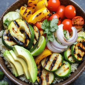 To make Grilled Veggie Quinoa Bowls, gather these ingredients: - 1 cup quinoa - 2 cups vegetable broth - 1 zucchini, sliced into half-moons - 1 bell pepper (any color), sliced into strips - 1 cup cherry tomatoes, halved - 1 red onion, cut into wedges - 2 tablespoons extra virgin olive oil - 1 teaspoon smoked paprika - 1 teaspoon garlic powder - Sea salt and freshly ground black pepper, to taste - 1 ripe avocado, sliced - ¼ cup fresh cilantro, chopped - Juice of 1 fresh lime Using high-quality ingredients makes a big difference. Choose organic vegetables when possible. Fresh herbs like cilantro add a bright taste. Use extra virgin olive oil for its rich flavor. Smoked paprika also gives a wonderful depth to the dish. Fresh lime juice brightens everything up. You can easily swap ingredients to fit your needs. For quinoa, try brown rice or farro for a different texture. If you're not a fan of zucchini, use asparagus or eggplant instead. For a protein boost, add grilled chicken or chickpeas. If you need a vegan option, skip the avocado or use tahini instead. Grilled Veggie Quinoa Bowls are simple to make. You just need a few steps to follow. This dish combines flavors and colors for a healthy meal. Here is how to make it. First, rinse the quinoa under cold water. This step helps remove its bitterness. Then, mix the quinoa with vegetable broth in a medium pot. Heat it to a boil, then lower the heat. Cover and simmer for 15 minutes until the quinoa is fluffy. Let it rest for 5 minutes to finish cooking. While the quinoa cooks, preheat your grill or grill pan on medium-high heat. This will take just a few minutes. Next, in a large bowl, add sliced zucchini, bell pepper, cherry tomatoes, and onion. Drizzle the olive oil over the veggies. Sprinkle smoked paprika, garlic powder, salt, and pepper on top. Toss everything well so the veggies are coated. Once the grill is hot, place the veggies on it. Grill for 5 to 7 minutes. Use tongs to turn them often. They should become tender and have nice grill marks. When the quinoa is ready, fluff it with a fork. Add fresh lime juice, salt, and pepper to taste. Mix it well to blend the flavors. To serve, scoop the quinoa into bowls. Top it with the grilled veggies. Add avocado slices and sprinkle fresh cilantro on top. Serve the bowls warm to enjoy all the smoky flavors and fresh tastes. For the full recipe, check out the details above. To make great quinoa, rinse it well first. This step removes its bitter coating. Use two cups of vegetable broth for one cup of quinoa. This ratio guarantees moisture and flavor. After cooking, let it rest covered for five minutes. Fluff it gently with a fork. This will keep the grains separate and fluffy. When grilling veggies, preheat your grill until it's hot. Hot grills create nice grill marks. Toss the veggies in olive oil and spices before grilling. This helps them cook evenly. Grill the veggies for about five to seven minutes. Turn them occasionally for even cooking. Look for tender vegetables with nice color. This gives the dish a vibrant look and taste. To serve, start with a generous scoop of quinoa in a bowl. Layer the grilled veggies on top in a colorful pattern. Add slices of avocado for creaminess and flavor. Sprinkle fresh cilantro over the top for brightness. A squeeze of lime juice adds a fresh touch. For a fun twist, serve with lime wedges on the side. This dish looks great and tastes even better. Check out the Full Recipe for a detailed guide! {{image_4}} You can change the vegetables based on what is fresh. Here are some great choices: - Asparagus - Eggplant - Mushrooms - Carrots - Broccoli These veggies add different flavors and textures. For example, asparagus gives a nice crunch, while eggplant adds a creamy touch. Choose what looks good at the market for the best taste. To turn your bowl into a full meal, add protein. Here are some options: - Grilled chicken - Tofu - Chickpeas - Black beans - Shrimp Adding protein makes the dish more filling. If you want a plant-based option, tofu or chickpeas are great picks. They soak up flavors well and add a hearty bite. This dish can fit many diets. To keep it vegan and gluten-free, stick with these tips: - Use quinoa as your base. It is naturally gluten-free. - Choose seasonal veggies and olive oil for flavor. - Use lemon juice instead of lime, if preferred. These simple swaps keep the recipe tasty and suitable for everyone. You can enjoy a bowl of grilled veggie quinoa without worry! For the complete recipe, check out the full recipe. Store any leftover grilled veggie quinoa bowls in an airtight container. Make sure to let the food cool before sealing the container. This helps keep the moisture in without making it soggy. You can keep it in the fridge for up to three days. When you're ready to eat the leftovers, reheat them in the microwave or on the stove. If using a microwave, place a damp paper towel over the bowl. This helps keep the quinoa moist. Heat for one minute, stir, and then heat for another minute if needed. If you use the stove, add a splash of water and heat on low. Stir gently to keep everything smooth and tasty. For meal prep, cook a large batch of quinoa ahead of time. Store it in the fridge for up to five days. You can grill the vegetables as needed, or roast them for a different flavor. Pack individual portions in containers for easy lunches. This way, you can enjoy a fresh and healthy meal whenever you need it. For the full recipe, check out my delicious grilled vegetable quinoa bowls! I recommend using organic white quinoa. It cooks evenly and has a mild taste. Red or black quinoa also works well, adding color and texture. Each type has its own unique flavor. If you want a nuttier taste, try using red quinoa. It can add a nice twist to your bowl. Yes, you can use a stovetop grill pan. Just heat it over medium-high heat. If you don’t have a grill pan, a regular frying pan will work too. Cook the veggies for about the same time. Keep turning them to avoid burning. You still want those lovely grill marks, so watch closely! Add more veggies like spinach or kale for extra vitamins. You can also mix in beans for protein and fiber. Nuts or seeds, like pumpkin seeds, boost healthy fats and crunch. Consider adding a dollop of Greek yogurt for creaminess and probiotics. Each addition makes your bowl more filling and nutritious! In this blog post, we explored tasty ingredients and simple steps to make your meal shine. I shared the best qualities to look for in fresh produce and offered handy substitutions to fit your needs. You learned the secrets to cooking perfectly grilled veggies and achieving great quinoa texture. Don’t forget the tips on storing leftovers and meal prep. Now, you have everything you need to create flavorful dishes. Get creative and enjoy your cooking journey!