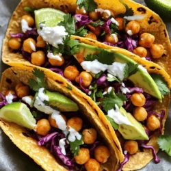 To make crispy chickpea tacos, you need a few key ingredients: - 1 can chickpeas - Spices: smoked paprika, ground cumin, garlic powder, cayenne pepper - Fresh toppings: red cabbage, avocado, cilantro Chickpeas are the star of this dish. They provide protein and texture. By roasting them, you get a crunchy bite that adds excitement. The spices, like smoked paprika and cumin, bring warmth and depth. You can adjust the cayenne for spice lovers or keep it mild. Fresh toppings like red cabbage add crunch, while avocado gives creaminess. Cilantro adds a fresh note. These ingredients work together to create a tasty plant-based meal. You can choose between corn and flour tortillas. - Corn tortillas are gluten-free and have a nice flavor. - Flour tortillas are soft and more pliable. For gluten-free options, look for tortillas made from alternative grains like almond or brown rice. Both types provide a great base for your tacos. To enhance your tacos, consider adding: - Greek yogurt or sour cream - Additional toppings: salsa, jalapeños, or hot sauce Greek yogurt or sour cream adds a cool touch. Salsa can bring extra flavor and moisture. If you like heat, jalapeños or hot sauce can spice things up. These optional ingredients let you customize your tacos, making them unique and fun. For the full recipe, check out the [Full Recipe]. - Preheat the oven to 400°F (200°C). This step is key to crispiness. - Prepare the chickpeas. Start by rinsing and draining the can of chickpeas. This helps remove excess salt and liquid. In a bowl, mix chickpeas with olive oil, smoked paprika, ground cumin, garlic powder, cayenne pepper, salt, and black pepper. Make sure every chickpea gets coated well. - Spread the seasoned chickpeas on a baking sheet. Make sure they are in a single layer. This helps them bake evenly. - Bake them for 25-30 minutes. Stir the chickpeas halfway through. This ensures they get crispy all around. They are done when golden brown and crunchy. - While your chickpeas bake, heat a dry skillet over medium heat. - Warm each tortilla for about 30 seconds on each side. This makes them soft and easy to fold. - Keep the warmed tortillas in a clean towel to keep them warm while you finish baking the chickpeas. For the full recipe, check the recipe section above. To make your chickpeas extra crispy, start by drying them well. Use a clean towel to remove moisture. This step helps them crunch up nicely in the oven. I recommend using a dark baking sheet. It absorbs heat better and gives your chickpeas a golden finish. Avoid overcrowding the pan; give each chickpea room to crisp. When you layer your tacos, think about balance. Start with a layer of red cabbage. It adds crunch and color. Next, add the crispy chickpeas. Pile them high for a hearty bite. Avocado slices on top bring creaminess. Finish with cilantro for freshness. You can serve tacos on a colorful platter. Garnish with lime wedges for a fun touch. Chickpeas are a top-notch source of protein. One can has about 15 grams of protein. They also contain fiber, which is great for digestion. Eating chickpeas can help keep you full longer. They have vitamins and minerals like iron and magnesium, too. Adding chickpeas to your meals can boost your diet with essential nutrients. {{image_4}} For a vegan take on crispy chickpea tacos, skip the dairy cheese. You can use a plant-based cheese instead. Look for options made from nuts or soy. These will melt nicely and add creaminess. You can also mix in a variety of vegetables. Sweet bell peppers, corn, or even zucchini can add fun textures and flavors. Just sauté them lightly before adding to your tacos. Not everyone likes heat! You can easily adjust the cayenne pepper. If you want milder tacos, use less cayenne. For more heat, you can add more. Try different spices to change the flavor. Smoked paprika is great, but you can also use chili powder, or even taco seasoning. These will give your tacos a unique twist. These tacos taste great with some sides. Try serving them with black beans or a fresh salad. Rice can also be a good match. For drinks, a light beer or sparkling water pairs well. A fruity mocktail can also enhance your meal. Enjoy your tacos with something refreshing! To keep your tacos fresh, store the chickpeas and toppings separately. This way, the tortillas won’t get soggy. Place the crispy chickpeas in an airtight container. Use a paper towel to absorb moisture. For the toppings, keep them in separate containers. This helps maintain their flavor and texture. You can freeze leftover chickpeas for later use. First, let them cool completely. Spread them in a single layer on a baking sheet. Freeze until solid, then transfer them to a freezer bag. When you’re ready to use them, thaw overnight in the fridge. To reheat, bake at 400°F (200°C) for about 10-15 minutes until crispy again. Chickpeas can last up to four days in the fridge when stored properly. Keep them in an airtight container. Fresh toppings like cabbage and avocado are best used within two days. Store cabbage in a cool spot, wrapped tightly. Avocado should be stored with a cut side down in lemon juice to prevent browning. To make crispy chickpeas from dried chickpeas, start by soaking them. Use about one cup of dried chickpeas and soak them overnight in water. This helps them soften. Drain and rinse the soaked chickpeas. Next, boil them in fresh water for 60 minutes until tender. Drain again and dry them well. For crispiness, toss the chickpeas in olive oil and spices. Bake them at 400°F (200°C) for about 25-30 minutes. Stir them halfway through to ensure even roasting. When golden brown, they are ready to enjoy! Yes, you can use other legumes! Black beans and lentils work well too. They add great flavor and texture to tacos. Just make sure to cook them until soft. Season and bake them the same way as chickpeas for a crispy bite. To reheat crispy chickpeas, use an oven or air fryer. Preheat your oven to 350°F (175°C). Spread the chickpeas on a baking sheet. Heat them for about 10 minutes until they’re warm and crispy again. Avoid microwaving, as it makes them soft. Crispy chickpea tacos are quite healthy! Chickpeas are high in protein and fiber. They support digestion and help you feel full. Each taco is packed with nutrients from fresh toppings like cabbage and avocado. Just watch your portion sizes if you're mindful of calories. Absolutely! Use corn tortillas for a gluten-free option. They have a great flavor and hold up well. If you prefer, you can also find gluten-free flour tortillas. Always check the labels to ensure they are truly gluten-free. Crispy chickpea tacos are a fun and healthy meal. We covered the main ingredients, cooking steps, and ways to customize your tacos. You learned about spices to enhance flavor and how to store leftovers. Use fresh toppings for a vibrant dish. Don't forget about the health benefits of chickpeas too. Experiment with different spices and tortilla options to make this recipe your own. Enjoy making crispy chickpea tacos that can fit any diet or taste!