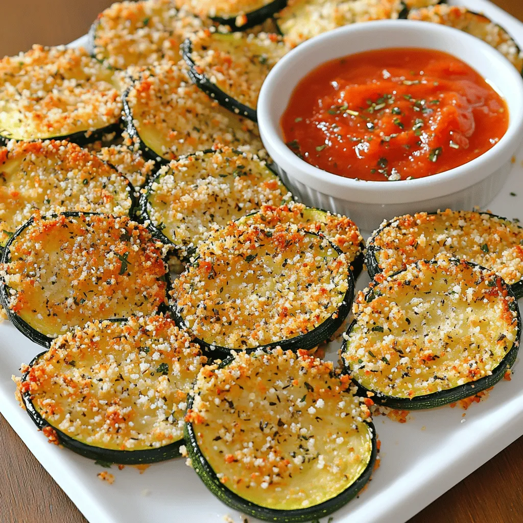 To make crispy baked zucchini coins, you'll need a few simple ingredients. These items come together to create a tasty snack that everyone will enjoy. Here’s what you need: - 2 medium zucchinis - 1 cup breadcrumbs (preferably panko) - ½ cup grated Parmesan cheese - 1 teaspoon garlic powder - 1 teaspoon dried oregano - 1 teaspoon smoked paprika - 1 large egg, beaten until smooth - Salt and pepper to taste - Olive oil spray (or a light drizzle for moisture) Each ingredient plays a key role. The zucchini gives a fresh taste, while the breadcrumbs add crunch. Parmesan cheese brings a rich flavor that pairs well with the spices. Using panko helps achieve that extra crispiness you want. Don't forget to season well with garlic powder, oregano, and smoked paprika, as they elevate the dish. You can find the full recipe at the end of this section to guide you through each step. Enjoy cooking! First, set your oven to 425°F (220°C). This high heat helps the zucchini coins get nice and crispy. Next, prepare your baking sheet by lining it with parchment paper. This makes cleanup easy and helps prevent sticking. Now, slice the zucchinis into rounds about ½-inch thick. Try to keep them even so they cook at the same rate. In a shallow bowl, mix the breadcrumbs, grated Parmesan cheese, garlic powder, dried oregano, smoked paprika, salt, and pepper. This mixture gives the coins great flavor. In another bowl, beat the egg until it’s smooth. Take each zucchini round and dip it in the egg wash. Let any extra egg drip off before moving to the next step. Then, roll the zucchini in the breadcrumb mixture. Make sure each piece is well-coated for that perfect crunch. Arrange the breaded zucchini coins in a single layer on the prepared baking sheet. Avoid overcrowding them; this helps them crisp up. Lightly spray or drizzle olive oil over the coins to encourage browning. Bake in the preheated oven for 20-25 minutes. Flip the coins halfway through to ensure even cooking. You’ll know they are done when they are golden brown and crispy. For the full recipe, refer to the section above. To get the best crispiness from your zucchini coins, avoid overcrowding the baking sheet. When the zucchini coins sit too close together, they steam instead of crisp. This means you won’t get that perfect crunch we all love. Use a large baking sheet or two smaller ones if needed. For baking sheet liners, I recommend parchment paper. It prevents sticking and helps with cleanup. You can also use a silicone baking mat, which allows for easy removal and even cooking. Want to boost the flavor of your crispy zucchini? You can add more seasonings. Try red pepper flakes for heat or Italian herbs for a savory twist. Adding fresh herbs, like basil or thyme, can also brighten the dish. When it comes to cheese, don’t feel limited to Parmesan. You can switch it up with mozzarella for a gooey texture or cheddar for a sharp taste. Each cheese brings its own flavor profile, making your zucchini coins even more delightful. Presentation matters! Arrange your crispy zucchini coins on a colorful plate. You can stack them or lay them in a fan shape for visual appeal. For a pop of color, add a sprinkle of fresh herbs on top. Serve your zucchini coins with dipping sauces. Marinara sauce is a classic choice. Ranch dressing offers a creamy contrast, while a yogurt dip gives a cool, refreshing taste. Each option adds flavor and makes the snack more fun! For the full recipe, visit the recipe section. {{image_4}} To make crispy baked zucchini coins gluten-free, use alternative breadcrumbs or flours. You can find gluten-free panko in stores. Ground almonds or oat flour also work well. Just make sure your alternative binds well, so the coating sticks nicely. For vegetarian or vegan options, substitute the egg with an egg replacer. Flaxseed meal mixed with water is a great choice. For a dairy-free version, try using nutritional yeast or any dairy-free cheese. This keeps the flavor while meeting dietary needs. You can play with the flavors of your zucchini coins. Experiment with spices like cayenne for heat or an Italian blend for herby notes. You can also add other veggies, such as carrots or eggplant, for more variety. This keeps the snack exciting and full of new tastes. To keep your crispy baked zucchini coins fresh, store them in an airtight container. Place a paper towel in the container to absorb moisture. This helps maintain their crunch. You can keep them in the fridge for about 3 to 4 days. After that, they may lose their crispiness. If you want to save some for later, freezing is a great option. First, let the zucchini coins cool completely. Then, arrange them in a single layer on a baking sheet. Freeze them for about an hour until they are firm. After that, transfer them to a freezer bag. This method helps maintain their texture. You can freeze them for up to 3 months. When you’re ready to eat them, thaw the coins in the fridge overnight. Avoid thawing at room temperature, as this may make them soggy. To enjoy your zucchini coins again, reheating correctly is key. The oven is the best method for keeping them crispy. Preheat the oven to 400°F (200°C). Place the coins on a baking sheet and bake for about 10 minutes. This restores their crispiness. If you’re short on time, you can use a microwave. However, this method may make them soft. To microwave, heat them in short bursts of 20 seconds. Check often to avoid overheating. For perfect results, stick with the oven method! For the full recipe, refer to the earlier section. To make your zucchini coins crispy, follow these tips: - Use panko breadcrumbs for extra crunch. - Make sure to dip each zucchini coin in the egg wash thoroughly. - Shake off any excess egg before coating with breadcrumbs. - Space out the coins on the baking sheet to avoid steaming. - Flip them halfway through baking for even crispiness. Baking at 425°F (220°C) helps them brown nicely. The key is to not overcrowd the sheet. This gives hot air room to circulate and crisp each piece. Yes, you can use other veggies! Here are some great options: - Eggplant: Cut into similar rounds for a meaty bite. - Carrots: Sliced thinly, they add sweetness and color. - Bell peppers: Use rings or strips for a crunchy texture. - Sweet potatoes: Slice them thin for a sweet twist. Each vegetable will offer a unique taste and texture, so feel free to mix and match. Dipping sauces can elevate your zucchini snack. Here are some tasty choices: - Marinara sauce: A classic option that pairs well. - Ranch dressing: Creamy and cool, it’s a crowd favorite. - Yogurt dip: Add herbs and spices for a fresh flavor. - Spicy aioli: For those who like a kick. These sauces not only enhance flavor but also add fun to your snack! Selecting fresh zucchini is key for a great dish. Look for these traits: - Firm texture: Avoid soft or mushy zucchinis. - Bright color: Choose vibrant green ones with no blemishes. - Small to medium size: They tend to be sweeter and less seedy. Fresh zucchini will ensure your coins are tasty and have the right crunch. For the full recipe, check out the earlier sections! In this post, you learned how to make crispy zucchini coins. We covered key ingredients, step-by-step cooking instructions, and tips for making them extra delicious. You can even adapt the recipe for different diets. Remember to store leftovers properly so they stay fresh. Don’t forget to experiment with flavors and dips. Enjoy your cooking journey, and let your creativity shine in the kitchen!