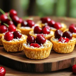 - 2 cups rolled oats - 1 cup unsweetened almond milk - 1 cup pitted cherries, chopped - 1/2 cup unsweetened shredded coconut - 1/4 cup honey or maple syrup - 1/4 cup chopped nuts - 1 teaspoon vanilla extract - 1 teaspoon baking powder - 1/2 teaspoon ground cinnamon - A pinch of salt These ingredients create a tasty base for our Cherry Coconut Oatmeal Cups. The rolled oats provide fiber and a hearty texture. Almond milk keeps it dairy-free and adds creaminess. Cherries give a sweet and tart flavor, while shredded coconut adds a nice chew. I love using honey or maple syrup for natural sweetness. Chopped nuts bring a satisfying crunch. Vanilla extract enhances the flavor, and baking powder helps with rising. Ground cinnamon adds warmth, and a pinch of salt balances everything out. - Different types of nuts (e.g., pecans, hazelnuts) - Sweetener alternatives (e.g., agave syrup, stevia) Feel free to swap nuts. Pecans or hazelnuts can add unique flavors. If you want to change the sweetness, try agave syrup or stevia. These swaps can make the recipe fit your taste perfectly. For the full recipe, check the section above. Enjoy creating your own Cherry Coconut Oatmeal Cups! - Preheat your oven to 350°F (175°C). - Prepare a muffin tin by greasing it or using liners. - In a large bowl, mix together: - 2 cups rolled oats - 1/2 cup unsweetened shredded coconut - 1 teaspoon baking powder - 1/2 teaspoon ground cinnamon - A pinch of salt - In another bowl, whisk: - 1 cup unsweetened almond milk - 1/4 cup honey or maple syrup - 1 teaspoon vanilla extract - Pour the wet mixture into the dry mix. - Stir gently until combined, being careful not to overmix. - Fold in: - 1 cup chopped cherries - 1/4 cup chopped nuts - Spoon the mixture into muffin cups. Fill each about three-quarters full. - Bake for 20 to 25 minutes until golden. - Let cool for 5 minutes in the tin before moving to a wire rack. You can find the Full Recipe for more details and tips! The right oven temperature for these Cherry Coconut Oatmeal Cups is 350°F (175°C). This heat helps them bake evenly. Bake for 20 to 25 minutes. Look for a golden brown top. Use a toothpick to check for doneness. If it comes out clean, your cups are ready! For a lovely presentation, place the oatmeal cups on a bright platter. You can sprinkle extra shredded coconut on top. A few fresh cherries can add a pop of color. These cups pair well with yogurt or a drizzle of honey. You can also serve them with nut butter for added creaminess. Yes, you can prep these cups in advance! Mix the dry ingredients and store them. Then, combine them with wet ingredients when you're ready to bake. For storing leftovers, place them in an airtight container. They last about a week in the fridge. You can also freeze them for up to three months. Just thaw and reheat before enjoying. For the [Full Recipe], check the earlier section. {{image_4}} You can change the flavor of your Cherry Coconut Oatmeal Cups easily. Here are some ideas: - Adding spices: Try adding nutmeg or cardamom. These spices will give your cups a warm, cozy taste. - Substituting fruits: Swap out cherries for blueberries or bananas. Each fruit brings a different flavor and texture to the cups. You can also adjust the recipe to fit different diets: - Gluten-free options: Use gluten-free oats instead of regular oats. This way, anyone can enjoy these tasty treats. - Vegan adaptations: Replace honey with maple syrup. This keeps your recipe plant-based and just as sweet. Feel free to explore these variations. They let you make the Cherry Coconut Oatmeal Cups your own! For the complete recipe, check out the Full Recipe section. To keep your Cherry Coconut Oatmeal Cups fresh, use airtight containers. Glass or plastic containers work well. If you want to save space, you can stack them. Make sure to allow the cups to cool completely before sealing. This prevents moisture build-up and keeps them tasty. For short-term storage, place the containers in the fridge. The oatmeal cups stay fresh for up to five days. If you want to keep them longer, freezing is a great option. How long do they last in the fridge? In the fridge, the oatmeal cups last about five days. You can enjoy them for breakfast or snacks. Can they be frozen? Yes, they can! You can freeze them for up to three months. Just wrap each cup tightly in plastic wrap and place them in a freezer-safe bag or container. When you’re ready to eat, thaw them in the fridge overnight. You can also warm them in the microwave for a quick treat. Can I use quick oats instead of rolled oats? Yes, you can use quick oats. They will change the texture a bit. Quick oats may make the cups softer and less chewy than rolled oats. Are these oatmeal cups suitable for meal prep? Absolutely! These cups are great for meal prep. You can make them ahead of time. Store them in the fridge for a quick breakfast or snack. Are Cherry Coconut Oatmeal Cups gluten-free? Yes, if you use certified gluten-free oats, they are gluten-free. Always check labels to be sure. How can I reduce sugar in the recipe? You can cut back on honey or maple syrup. You can also use mashed bananas or unsweetened applesauce as sweeteners. Both options keep the flavor tasty. What can I pair with Cherry Coconut Oatmeal Cups? These cups go well with yogurt or fresh fruit. You can also enjoy them with a cup of tea or coffee. Can I reheat them after storing? Yes, you can reheat them in the microwave or oven. Heat them for a short time until warm. Enjoy your delicious Cherry Coconut Oatmeal Cups! You now have a simple way to make Cherry Coconut Oatmeal Cups. We covered the ingredients, steps, and tips to make this recipe shine. You can easily customize these cups to fit your tastes or dietary needs. Remember to store them correctly for lasting freshness. Enjoying healthy snacks just got simpler! Try this recipe and enjoy fresh flavors whenever you like. Your kitchen will be full of delicious scents, and your taste buds will thank you. Happy baking!