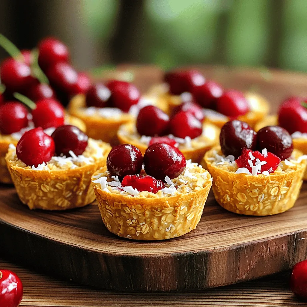 - 2 cups rolled oats - 1 cup unsweetened almond milk - 1 cup pitted cherries, chopped - 1/2 cup unsweetened shredded coconut - 1/4 cup honey or maple syrup - 1/4 cup chopped nuts - 1 teaspoon vanilla extract - 1 teaspoon baking powder - 1/2 teaspoon ground cinnamon - A pinch of salt These ingredients create a tasty base for our Cherry Coconut Oatmeal Cups. The rolled oats provide fiber and a hearty texture. Almond milk keeps it dairy-free and adds creaminess. Cherries give a sweet and tart flavor, while shredded coconut adds a nice chew. I love using honey or maple syrup for natural sweetness. Chopped nuts bring a satisfying crunch. Vanilla extract enhances the flavor, and baking powder helps with rising. Ground cinnamon adds warmth, and a pinch of salt balances everything out. - Different types of nuts (e.g., pecans, hazelnuts) - Sweetener alternatives (e.g., agave syrup, stevia) Feel free to swap nuts. Pecans or hazelnuts can add unique flavors. If you want to change the sweetness, try agave syrup or stevia. These swaps can make the recipe fit your taste perfectly. For the full recipe, check the section above. Enjoy creating your own Cherry Coconut Oatmeal Cups! - Preheat your oven to 350°F (175°C). - Prepare a muffin tin by greasing it or using liners. - In a large bowl, mix together: - 2 cups rolled oats - 1/2 cup unsweetened shredded coconut - 1 teaspoon baking powder - 1/2 teaspoon ground cinnamon - A pinch of salt - In another bowl, whisk: - 1 cup unsweetened almond milk - 1/4 cup honey or maple syrup - 1 teaspoon vanilla extract - Pour the wet mixture into the dry mix. - Stir gently until combined, being careful not to overmix. - Fold in: - 1 cup chopped cherries - 1/4 cup chopped nuts - Spoon the mixture into muffin cups. Fill each about three-quarters full. - Bake for 20 to 25 minutes until golden. - Let cool for 5 minutes in the tin before moving to a wire rack. You can find the Full Recipe for more details and tips! The right oven temperature for these Cherry Coconut Oatmeal Cups is 350°F (175°C). This heat helps them bake evenly. Bake for 20 to 25 minutes. Look for a golden brown top. Use a toothpick to check for doneness. If it comes out clean, your cups are ready! For a lovely presentation, place the oatmeal cups on a bright platter. You can sprinkle extra shredded coconut on top. A few fresh cherries can add a pop of color. These cups pair well with yogurt or a drizzle of honey. You can also serve them with nut butter for added creaminess. Yes, you can prep these cups in advance! Mix the dry ingredients and store them. Then, combine them with wet ingredients when you're ready to bake. For storing leftovers, place them in an airtight container. They last about a week in the fridge. You can also freeze them for up to three months. Just thaw and reheat before enjoying. For the [Full Recipe], check the earlier section. {{image_4}} You can change the flavor of your Cherry Coconut Oatmeal Cups easily. Here are some ideas: - Adding spices: Try adding nutmeg or cardamom. These spices will give your cups a warm, cozy taste. - Substituting fruits: Swap out cherries for blueberries or bananas. Each fruit brings a different flavor and texture to the cups. You can also adjust the recipe to fit different diets: - Gluten-free options: Use gluten-free oats instead of regular oats. This way, anyone can enjoy these tasty treats. - Vegan adaptations: Replace honey with maple syrup. This keeps your recipe plant-based and just as sweet. Feel free to explore these variations. They let you make the Cherry Coconut Oatmeal Cups your own! For the complete recipe, check out the Full Recipe section. To keep your Cherry Coconut Oatmeal Cups fresh, use airtight containers. Glass or plastic containers work well. If you want to save space, you can stack them. Make sure to allow the cups to cool completely before sealing. This prevents moisture build-up and keeps them tasty. For short-term storage, place the containers in the fridge. The oatmeal cups stay fresh for up to five days. If you want to keep them longer, freezing is a great option. How long do they last in the fridge? In the fridge, the oatmeal cups last about five days. You can enjoy them for breakfast or snacks. Can they be frozen? Yes, they can! You can freeze them for up to three months. Just wrap each cup tightly in plastic wrap and place them in a freezer-safe bag or container. When you’re ready to eat, thaw them in the fridge overnight. You can also warm them in the microwave for a quick treat. Can I use quick oats instead of rolled oats? Yes, you can use quick oats. They will change the texture a bit. Quick oats may make the cups softer and less chewy than rolled oats. Are these oatmeal cups suitable for meal prep? Absolutely! These cups are great for meal prep. You can make them ahead of time. Store them in the fridge for a quick breakfast or snack. Are Cherry Coconut Oatmeal Cups gluten-free? Yes, if you use certified gluten-free oats, they are gluten-free. Always check labels to be sure. How can I reduce sugar in the recipe? You can cut back on honey or maple syrup. You can also use mashed bananas or unsweetened applesauce as sweeteners. Both options keep the flavor tasty. What can I pair with Cherry Coconut Oatmeal Cups? These cups go well with yogurt or fresh fruit. You can also enjoy them with a cup of tea or coffee. Can I reheat them after storing? Yes, you can reheat them in the microwave or oven. Heat them for a short time until warm. Enjoy your delicious Cherry Coconut Oatmeal Cups! You now have a simple way to make Cherry Coconut Oatmeal Cups. We covered the ingredients, steps, and tips to make this recipe shine. You can easily customize these cups to fit your tastes or dietary needs. Remember to store them correctly for lasting freshness. Enjoying healthy snacks just got simpler! Try this recipe and enjoy fresh flavors whenever you like. Your kitchen will be full of delicious scents, and your taste buds will thank you. Happy baking!
