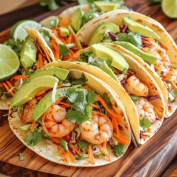 - 1 pound large shrimp, peeled and deveined - 2 tablespoons olive oil - 1 tablespoon chili powder - 1 teaspoon ground cumin - 1 teaspoon smoked paprika - 1 teaspoon garlic powder - Salt and freshly ground black pepper - 1 cup red cabbage, finely shredded - 1 cup green cabbage, finely shredded - 1 medium carrot, julienned - 1/4 cup fresh cilantro, coarsely chopped - Juice of 1 lime - 1 tablespoon honey - 8 small corn tortillas - 1 ripe avocado, sliced - Lime wedges for serving I love making spicy shrimp tacos with slaw because they are fresh and full of flavor. You need just a few simple ingredients to create a bright, tasty meal. The shrimp brings protein, while the slaw adds crunch and color. For the shrimp, use fresh or frozen ones. If you use frozen, make sure they are thawed. The spices are key. They give the shrimp a warm, smoky taste that pairs perfectly with the slaw. The slaw is fun to make. You can mix red and green cabbage for a colorful look. The lime juice adds zing, while honey brings a touch of sweetness. This balance makes every bite exciting. Don't forget the corn tortillas! They hold everything together and add a nice texture. You can warm them in a skillet or microwave. This makes them soft and easy to fold. For a perfect plate, add slices of avocado and lime wedges. The avocado adds creaminess, while lime gives a fresh burst of flavor. Use these ingredients to build your tacos, and you'll have a delicious meal in no time. If you want the full recipe, check out the details above! - Combine shrimp with olive oil and spices. - Toss until evenly coated. First, take a large bowl and add the peeled and deveined shrimp. Then, drizzle in the olive oil. Next, sprinkle the chili powder, cumin, smoked paprika, garlic powder, salt, and black pepper over the shrimp. Use your hands to toss everything together. Make sure each shrimp is covered with those tasty spices. This step is key to making your shrimp flavorful. - Preheat skillet and sauté shrimp for 2-3 minutes on each side. - Ensure shrimp are bright pink and opaque. Now, grab a large skillet and preheat it over medium-high heat. Once it's hot, add the shrimp in a single layer. Cook them for about 2-3 minutes on each side. You will know they are done when they turn bright pink and opaque. Remove the shrimp from the skillet and set them aside on a plate. - Combine cabbages, carrot, and cilantro in a bowl. - Drizzle lime juice and honey; mix well. For the slaw, take a medium bowl and mix together the finely shredded red and green cabbage, julienned carrot, and chopped cilantro. Drizzle the lime juice and honey over this mix. Toss everything well until combined. This slaw adds a crunchy and fresh taste that balances the spicy shrimp. - Heat corn tortillas until pliable. - Options: skillet or microwave. Now let’s warm the tortillas. You can do this in a skillet or a microwave. If you use a skillet, heat them for about 30 seconds on each side. If you prefer the microwave, heat them for about 15-20 seconds. Warm tortillas make it easier to fold the tacos. - Layer slaw, shrimp, and avocado on tortillas. To assemble your tacos, lay a warm tortilla flat on your plate. Spoon some of the slaw onto the center. Next, add a few pieces of the cooked shrimp on top. Finish with a slice of fresh avocado. Repeat this for all your tacos. - Garnish with lime wedges for added freshness. Serve your tacos with lime wedges on the side. Squeezing fresh lime juice over the tacos adds a bright burst of flavor. For an extra touch, you can arrange the tacos on a colorful platter with a sprinkle of extra cilantro. This makes for a stunning presentation. *For the full recipe and detailed instructions, check out the Full Recipe.* - Use a hot skillet for perfect shrimp sear. A well-heated pan helps the shrimp cook fast and keeps them juicy. - Don’t overcrowd the skillet to ensure even cooking. If you add too many shrimp at once, they will steam instead of sear. - Adjust spice levels according to preference. If you like it milder, reduce the chili powder. For more heat, add extra spices or hot sauce. - Add additional toppings like salsa or pickled onions. These can elevate your tacos and add more layers of taste. - Serve on a colorful platter. Bright colors make the dish look more appealing and inviting. - Use fresh herbs for garnish. Cilantro or green onions add a fresh touch and pop of color. These tips will help you create the best spicy shrimp tacos with slaw. For the full recipe, check the details above. Enjoy your cooking journey! {{image_4}} You can change up the protein in your tacos. If you want something different, try chicken or tofu. Both options bring great flavors. For a fish twist, use tilapia or cod. These proteins work well with the spices and slaw. The slaw can also change. You can use different types of cabbage like napa or savoy. Adding radishes gives a nice crunch. For a sweet twist, mix in fruits like mango or pineapple. They add a fun burst of flavor. Tortillas can vary too. Flour tortillas offer a softer texture, making them easy to fold. For a low-carb option, try lettuce wraps. They keep things light and fresh. Each choice lets you enjoy the tacos in a new way. To keep your spicy shrimp tacos fresh, store shrimp and slaw separately. Use airtight containers for both. This way, the shrimp stays juicy, and the slaw retains its crunch. You should eat them within 2-3 days for the best taste. You can freeze cooked shrimp if you want to save some for later. However, be aware that freezing changes the shrimp's texture. They might not be as firm when thawed. Slaw is best fresh, so avoid freezing it. Enjoy it right after you make it for the best flavor. When it's time to eat, warm the shrimp in a skillet. This method keeps the shrimp tender and flavorful. Avoid reheating the slaw. Heating it will make it soggy, and you want that nice crunch in your tacos. Enjoy your meal fresh for the best experience! To make these tasty tacos, follow these simple steps: 1. Prepare the shrimp: Mix shrimp with olive oil and spices in a bowl. 2. Cook the shrimp: Heat a skillet and cook shrimp for 2-3 minutes. They should turn bright pink. 3. Make the slaw: In another bowl, mix red and green cabbage, carrot, and cilantro. Add lime juice and honey. Toss well. 4. Warm the tortillas: Heat corn tortillas in a skillet or microwave until soft. 5. Assemble the tacos: Lay a warm tortilla flat, add slaw, shrimp, and avocado. 6. Serve: Pair with lime wedges for a fresh kick. Yes, you can use frozen shrimp. Just make sure they are fully thawed before cooking. This helps them cook evenly and taste great. You can serve these tacos with rice, beans, or a fresh salad. These sides add flavor and make the meal more filling. The spice level can be adjusted easily. You can add more or less chili powder to suit your taste. Start with a small amount and add until it feels just right. Yes, these tacos can fit into a healthy diet. They use lean shrimp and fresh veggies, making them a nutritious choice. Enjoy them as part of a balanced meal! You now have a complete guide to making delicious shrimp tacos with slaw. Start with fresh ingredients like shrimp, cabbage, and spices. Follow the simple steps to prepare, cook, and assemble your tacos. Remember, you can customize these tacos to fit your taste. Explore different proteins or slaw variations. With proper storage, your leftovers will stay fresh. Enjoy your tasty creation and share it with others for a delightful meal!