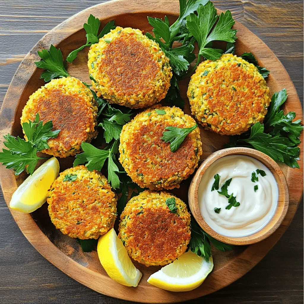To make crispy baked falafel, you need a few key items. Here’s what you’ll need: - 1 can (15 oz) chickpeas, thoroughly drained and rinsed - 1 small onion, chopped into large pieces - 3 cloves garlic, finely minced - 1 cup fresh parsley leaves, roughly chopped - 1 teaspoon ground cumin - 1 teaspoon ground coriander - 1 teaspoon baking powder - ½ teaspoon salt, adjusted to taste - ¼ teaspoon freshly ground black pepper - 3 tablespoons olive oil (plus additional for drizzling) - 2 tablespoons all-purpose flour (or gluten-free alternative) - Juice of 1 medium lemon These ingredients form the base of your falafel. The chickpeas give it a rich texture, while herbs add freshness. You can enhance your falafel with some optional ingredients. Here are some ideas: - 1 teaspoon smoked paprika for a smoky taste - ½ teaspoon cayenne pepper for heat - ½ cup grated carrots for added sweetness - ½ cup diced bell peppers for a crunchy bite These add-ins can elevate your dish. Feel free to mix and match based on your taste. Each ingredient brings its own health perks. Here’s a rundown: - Chickpeas: High in protein and fiber, great for digestion. - Parsley: Packed with vitamins A, C, and K. It also adds iron and antioxidants. - Garlic: Known for its immune-boosting properties. It can help lower blood pressure, too. - Olive oil: A healthy fat that supports heart health. - Lemon juice: High in vitamin C, it aids in digestion and keeps skin healthy. Using these wholesome ingredients makes your falafel not just tasty but healthy, too. For the complete recipe, check out the Full Recipe section. Start by preheating your oven to 400°F (200°C). Line a baking sheet with parchment paper. This helps with cleanup and prevents sticking. In a food processor, add the drained chickpeas, chopped onion, minced garlic, and chopped parsley. Also, include ground cumin, ground coriander, baking powder, salt, and black pepper. Pulse the mixture until it is combined but still slightly chunky. This texture is key for good falafel. Then, add olive oil, flour, and lemon juice to the chickpea mix. Pulse again until all ingredients blend well. If the mixture feels too wet, add a bit more flour. You want it to hold shape well. With wet hands, scoop out portions of the chickpea mix. Shape them into small balls or patties, about 1.5 inches across. Place them on your lined baking sheet. To help them crisp up, lightly drizzle a little more olive oil on top. This will give them a nice golden color as they bake. Slide the baking sheet into your preheated oven. Bake for 20-25 minutes. Flip the falafel halfway through cooking. This ensures they brown evenly on both sides. Once they look golden and crispy, take them out. Let them cool for a few minutes before serving. This will help them keep their shape. For the full recipe, refer to the previous sections. Enjoy these delicious bites! To get that perfect crispy texture, follow these tips: - Use dry chickpeas: Start with dried chickpeas instead of canned ones. Soak them overnight to keep moisture low. - Don’t over-process: Blend the mix until just combined. You want some chunks for texture. - Add oil: A light drizzle of olive oil helps the exterior crisp up nicely. Here are some common pitfalls to steer clear of: - Too much moisture: If your mixture is wet, your falafel will be soggy. Add more flour to fix this. - Not flipping: Always flip your falafel halfway through baking for even crispiness. - Skipping the baking powder: This ingredient helps the falafel rise, making them light and airy. Serve your crispy baked falafel with these tasty ideas: - Dips: Pair with tahini sauce or tzatziki for a creamy contrast. - Salads: Add them to a fresh salad for crunch. - Wraps: Use warm pita bread to create a delicious wrap. For the full recipe, check the details above! {{image_4}} You can easily make gluten-free crispy baked falafel. Simply replace the all-purpose flour with a gluten-free flour blend. This change keeps the falafel crispy and tasty. Many brands offer great gluten-free options. You can also use chickpea flour, which adds even more flavor. Just make sure to check labels for any hidden gluten ingredients. Herbs and spices can change the flavor of your falafel. Try adding fresh dill, cilantro, or mint for a different taste. You can also use spices like smoked paprika or turmeric. These will add warmth and color to your dish. Feel free to adjust the herbs based on what you have at home. The more you experiment, the more you can find your perfect flavor mix. Adding veggies is a fun way to change the texture of your falafel. Grate carrots or zucchini and mix them into the chickpea blend. You can also add finely chopped bell peppers or spinach for extra nutrients. Just be careful not to add too much moisture. You want your falafel to hold together well. This tip makes your dish healthier and more colorful. For the full recipe, check out the instructions above and get cooking! To keep your leftover baked falafel fresh, store it in an airtight container. Place parchment paper between layers to avoid sticking. You can keep them in the fridge for up to four days. Make sure they cool down before sealing the container. This helps maintain their texture. When you are ready to eat, you can reheat your falafel in the oven. Preheat your oven to 375°F (190°C). Place the falafel on a baking sheet. Bake for about 10-15 minutes, flipping them halfway through. This will help restore their crispy texture. You can also use an air fryer for faster results. Set it to 350°F (175°C) and cook for about 5-7 minutes. If you want to save some for later, freezing is a great option. First, let the falafel cool completely. Then, arrange them in a single layer on a baking sheet and freeze for 1-2 hours. Once frozen, transfer them to a freezer-safe bag. Label the bag with the date. They can stay in the freezer for up to three months. When you want to eat them, thaw in the fridge overnight before reheating. This method helps keep them tasty and fresh. Baked falafel uses less oil than fried falafel. Baked falafel is often healthier and lower in calories. Fried falafel has a rich, crispy shell but adds more fat. Baked falafel can still be crispy if made right. Both types use chickpeas and spices for flavor. You can tell falafel is done when it is golden brown. The outside should feel firm and crispy. When you cut one open, it should be warm and hold its shape. If it's mushy inside, it needs more baking time. Trust your eyes and touch to check for readiness. Yes! You can prepare the falafel mixture ahead of time. Shape it and store it in the fridge for up to 24 hours. Just remember to bake it when you are ready to eat. You can also bake them and store them in the fridge. Reheat in the oven to keep them crispy. - Full Recipe: Crispy Baked Falafel In this blog post, we covered how to make crispy baked falafel, from essential ingredients to serving suggestions. You learned about the nutritional benefits and add-ins for flavor. We provided step-by-step instructions to shape and bake the falafel. I shared tips for achieving the perfect texture and avoiding common mistakes. Also, we explored variations to suit different diets. Finally, we covered how to store and reheat leftovers. Enjoy making falafel that’s tasty, healthy, and easy to prepare!