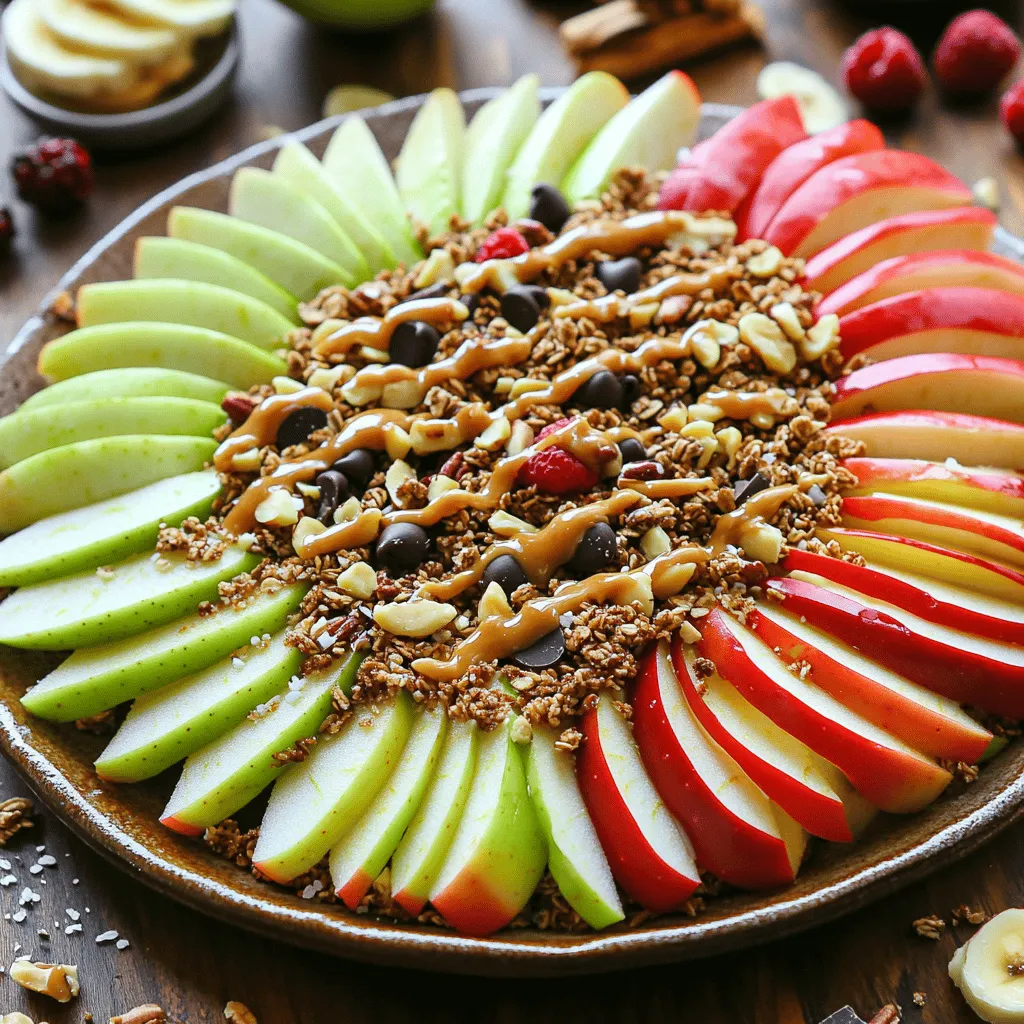 - 2 large apples (e.g., Granny Smith or Honeycrisp) - 1/4 cup almond butter (or preferred nut butter) - 2 tablespoons honey or pure maple syrup - 1/4 cup granola (homemade or store-bought) - 1/4 cup dark chocolate chips (optional) - 1/4 cup chopped nuts (walnuts, pecans, or almonds) - 1 teaspoon ground cinnamon - A pinch of flaky sea salt - Fresh fruits (berries or banana slices) for garnish Healthy apple nachos are quick to prepare and very tasty. You will love them! First, pick your apples. I suggest using Granny Smith or Honeycrisp. Both are crisp and sweet, and they hold up well. Next, gather your nut butter. Almond butter is my choice, but any nut butter works. You will need honey or pure maple syrup for some sweetness. It blends well with the nut butter and adds a nice shine. Don’t forget the toppings! Granola adds crunch and texture. Dark chocolate chips are optional but give a fun twist. Finally, choose some chopped nuts. Walnuts, pecans, or almonds work great. For spices, ground cinnamon adds warmth and flavor. A pinch of flaky sea salt enhances the sweetness. Top it off with fresh fruits like berries or banana slices for a colorful garnish. With these ingredients ready, you are all set to create delicious apple nachos. Check the Full Recipe for more details! Start by washing your apples under cold water. This step ensures they are clean and safe to eat. Next, slice each apple into thin rounds. Aim for even slices to create a nice look. Remove the core as you slice. Once done, arrange the apple slices on a serving platter. Spread them out in a single layer for a beautiful display. In a small bowl, mix almond butter with honey or maple syrup. Stir until the mixture is smooth and creamy. If it feels too thick, microwave it for a few seconds. This makes it easier to drizzle over the apples. Now, it’s time to assemble your nachos! Drizzle the almond butter mixture generously over the apple slices. Use the back of a spoon for even coverage, ensuring every slice gets some love. Next, sprinkle granola over the apples and almond butter. This adds a delightful crunch with each bite. If you like a touch of sweetness, sprinkle dark chocolate chips on top. Finally, add chopped nuts for a tasty contrast. To enhance the flavors, dust the platter with ground cinnamon. A pinch of flaky sea salt brings everything together. For a bright finish, add fresh fruits like berries or banana slices on top. These not only look great but add extra flavor too. Serve your Healthy Apple Nachos right away for a fun snack. Enjoy every bite of this quick and healthy treat! You can find the full recipe for this delicious snack above. Choose apples based on flavor and crunch. I love using Granny Smith for a tart taste. Honeycrisp apples are sweet and juicy, perfect for this snack. When slicing, aim for thin, even pieces. A sharp knife helps maintain the right thickness. Aim for slices about a quarter-inch thick. This ensures each bite is crisp and flavorful. Feel free to change things up! Instead of almond butter, try peanut or sunflower seed butter. For sweeteners, honey and maple syrup both work well. You can add toppings like coconut flakes, dried fruit, or even yogurt. Think about adding a sprinkle of chia seeds for extra crunch and nutrition. Get creative with flavors to suit your taste! Pair these apple nachos with a refreshing drink, like iced tea or lemonade. They also go well with yogurt or a fruit smoothie. For parties, serve on a large platter for a fun display. You can even set up a nacho bar with different toppings. This lets everyone build their perfect snack, making it a hit at gatherings. For the full recipe, check the earlier section. {{image_4}} Healthy Apple Nachos are fun, and you can make them even more exciting with a few variations. Here are some tasty ideas for you to try. If you love chocolate, you can add more chocolate to your nachos. Start with dark chocolate chips. Drizzle melted chocolate over the apples for a rich taste. You can also use chocolate syrup or fudge for extra sweetness. Mix in a few chocolate-covered nuts for crunch. This version will please any chocolate fan. For those with nut allergies, you can skip the nut butter. Use sunflower seed butter or soy nut butter instead. These options are safe and still tasty. Instead of nuts, add seeds like pumpkin or chia seeds. You can also try yogurt or whipped cream as a topping. This way, everyone can enjoy apple nachos! To make your nachos vegan, swap honey for maple syrup or agave nectar. These sweeteners are plant-based and work well. You can also use coconut yogurt instead of nut butter. This keeps the dish creamy and adds flavor. With these changes, your Healthy Apple Nachos will be fully plant-based and delightful. Try these variations to make your Healthy Apple Nachos even more irresistible! For the full recipe, check out the link. To keep your apple nachos fresh, store the components separately. Apples can brown quickly, so use lemon juice on the slices. This keeps them looking crisp and bright. Store the almond butter mixture in a small jar. Keep granola, chocolate chips, and nuts in airtight containers. If you plan to pre-assemble, do it just before serving. Layer your apples and drizzle the almond butter right before you eat. This will keep the nachos crunchy and delicious. Apple nachos taste best when fresh. If you have leftovers, they can last about one day in the fridge. Store them in an airtight container to avoid drying out. Reheating is not recommended for apple nachos. They lose their crunch and freshness. Instead, enjoy them cold or at room temperature for the best taste. You can freeze some parts of your apple nachos, but not the whole dish. Sliced apples do not freeze well, as they turn mushy. Instead, freeze the almond butter mixture and granola. To freeze almond butter, place it in an airtight container. For granola, keep it in a zip-lock bag. When ready to enjoy, thaw both in the fridge. Assemble your nachos fresh for the best flavor. Yes, you can use other fruits. Try bananas, pears, or peaches. Each fruit adds a unique taste. Slicing them thin helps with easy stacking. Combine different fruits for a colorful platter. You can mix and match, making your snack fun and exciting. Absolutely! Healthy apple nachos are great for kids. They include fruits and nut butter. These snacks provide vitamins and energy. Kids love the sweet flavors and fun presentation. You can also involve them in the making. It’s a tasty way to get them to eat fruits! You can make it healthier by changing a few things. Use less nut butter or honey. Try plain yogurt instead of nut butter for a lower-calorie option. You can also add seeds or dried fruits for added nutrients. This way, you keep the fun while boosting health! If you have nut allergies, don’t worry! You can use sunflower seed butter or tahini. These options offer a similar creamy texture. You can also use yogurt for a dairy-based alternative. Each choice brings different flavors, so pick what you enjoy most. Preparing Healthy Apple Nachos takes about 10 minutes. You’ll spend a few minutes washing and slicing the apples. The rest is simple assembly. This quick snack is perfect for busy days or when friends visit. You can have a delicious treat in no time! For the complete recipe, check out the Full Recipe section above. In this article, we covered how to make tasty and healthy apple nachos. We looked at key ingredients, step-by-step instructions, and fun variations. Remember, you can customize your nachos with different fruits and toppings. These nachos are easy to make and perfect for snacks or parties. Enjoy this fun treat that you can feel good about! Try it out and share your results!