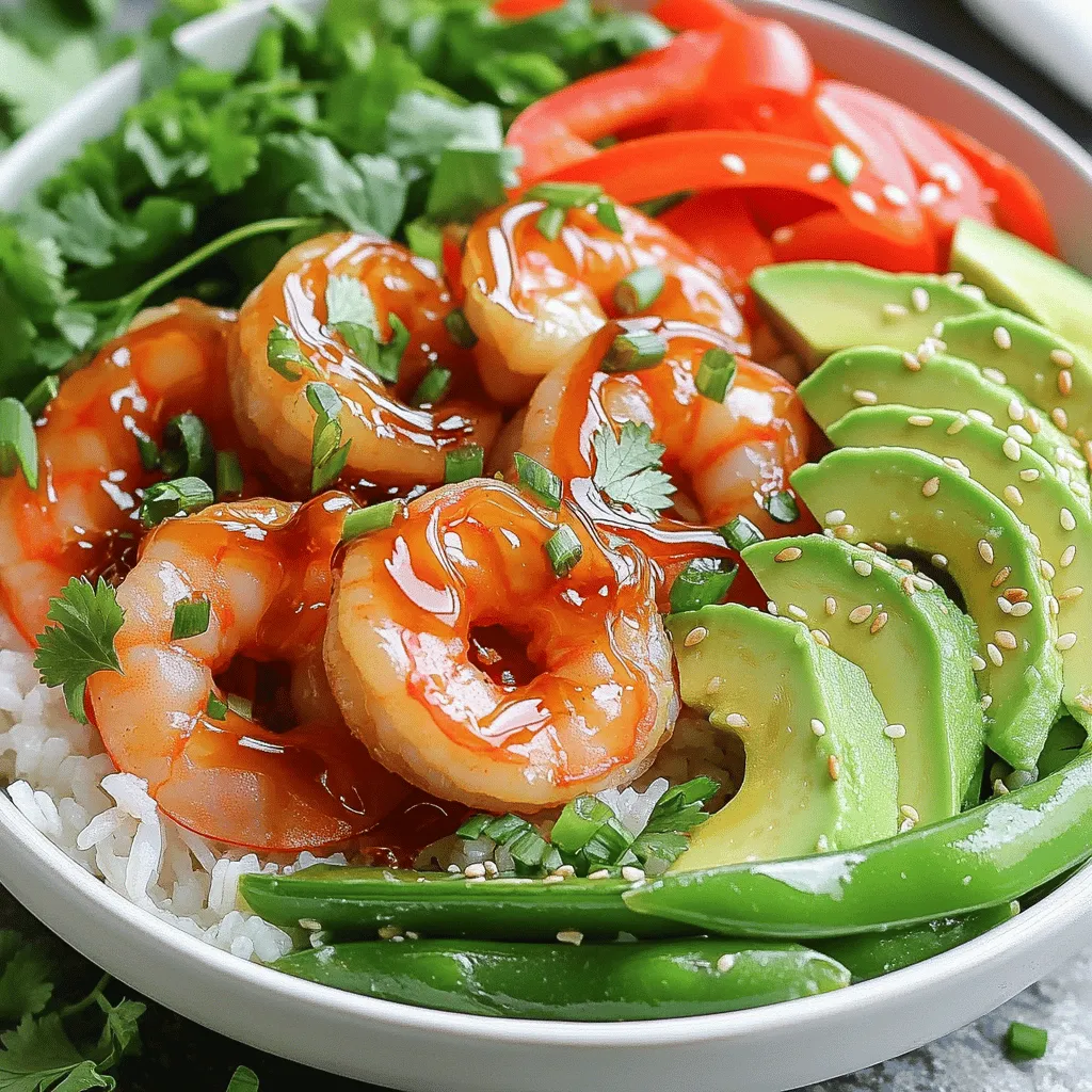 - 1 lb shrimp, peeled and deveined - 2 tablespoons Sriracha sauce - 2 tablespoons honey - 1 tablespoon soy sauce (or tamari for gluten-free) - 1 teaspoon garlic powder - 1 teaspoon ginger powder - 2 cups cooked jasmine rice or quinoa - 1 cup snap peas, trimmed - 1 red bell pepper, thinly sliced - 1 ripe avocado, sliced - 2 green onions, chopped - Sesame seeds and fresh cilantro for garnish - Lime wedges for serving Using fresh ingredients makes a big difference in flavor. The shrimp is the star of the dish. Choose large, firm shrimp for the best result. The Sriracha and honey blend gives a sweet and spicy kick. You can adjust the heat by adding more or less Sriracha. For the veggies, snap peas add crunch, while red bell pepper gives sweetness. Avocado adds creaminess, making each bite a delight. Green onions, sesame seeds, and cilantro are perfect for finishing touches. Lime wedges add a zesty twist when squeezed over the dish. To see the full list of ingredients and their amounts, check the Full Recipe. Enjoy making these Sriracha Honey Shrimp Bowls! To start, you need to create a rich marinade. Combine Sriracha, honey, soy sauce, garlic powder, and ginger powder in a medium-sized mixing bowl. The mix should be smooth and fragrant. This blend gives the shrimp a sweet and spicy kick. Next, add your shrimp to the marinade. Make sure to coat each piece well. Let the shrimp sit in the marinade for at least 15 minutes. This time helps the shrimp soak up all those tasty flavors. While the shrimp marinates, it’s time to cook the veggies. Heat vegetable oil in a large skillet over medium-high heat. Once the oil shimmers, add sliced red bell pepper and snap peas. Stir-fry them for about 3-4 minutes. You want them tender but still crisp. Now, add the marinated shrimp to the same skillet. Cook them for about 3-4 minutes. Stir occasionally until the shrimp turn pink and opaque. This step is quick, so keep an eye on them! Once the shrimp are ready, mix them with the stir-fried vegetables in the skillet. Stir everything together for about a minute. This helps combine the flavors. Finally, it’s time to serve! Place a generous scoop of jasmine rice or quinoa in each bowl. Top it with the shrimp and vegetable mix. For a beautiful finish, garnish with avocado slices, chopped green onions, sesame seeds, and fresh cilantro. Don’t forget to add lime wedges for that zesty touch. This completes your Sriracha Honey Shrimp Bowls. For the full recipe, refer to the recipe section above. Let the shrimp marinate for at least 15 minutes. This time helps the shrimp soak up the flavors. If you can, let it sit longer. A longer marination gives a deeper flavor that makes each bite tasty. Use high heat when stir-frying. This method cooks the shrimp and veggies fast. Quick cooking keeps the vegetables crunchy and bright. You want them to still have a snap when you bite into them. Feel free to add sides or toppings. You can serve these shrimp bowls with a side of edamame or a light salad. For more flavor, try adding extra toppings like sliced radishes or a drizzle of sesame oil. These small changes can make your meal feel complete and exciting. {{image_4}} You can easily swap the shrimp for chicken, tofu, or other seafood. If you choose chicken, use bite-sized pieces. For tofu, press it to remove excess water before cooking. This will help it soak up flavors well. Each option brings its own taste but keeps the dish exciting. To make it gluten-free, just replace soy sauce with tamari. This simple swap keeps the flavor intact. If you're watching carbs, try cauliflower rice instead of jasmine rice or quinoa. The cauliflower adds a nice texture and absorbs the sauce well. Feel free to get creative with sauces. You can add teriyaki sauce for a sweet, savory twist. Sweet chili sauce also works great for a different flavor profile. Mixing and matching sauces lets you enjoy new tastes every time! For the full recipe, check out the details above. Store leftovers in an airtight container in the fridge for up to 3 days. This keeps the shrimp fresh and safe to eat. Before storing, let the dish cool down to room temperature. This helps avoid condensation inside the container. Freeze components separately for longer storage. You can freeze the shrimp and the stir-fried veggies as well. Use freezer-safe bags or containers. Be sure to label them with the date. This way, you can easily track how long they have been in the freezer. Reheat gently in the microwave or on the stovetop. This prevents overcooking the shrimp. If using a microwave, heat in short bursts. Stir in between to ensure even heating. On the stovetop, use low heat and add a splash of water to keep it moist. Enjoy your Sriracha honey shrimp bowls just as delicious as when you first made them! Yes, just be sure to thaw and pat dry before marinating. Frozen shrimp can work well in many dishes. Thawing ensures even cooking. Patting them dry helps the marinade stick better. The heat level can be adjusted by altering the amount of Sriracha. If you like it mild, use less Sriracha. For more heat, add a bit more. You control the spice in this dish. Substitute with other hot sauces or chili paste. You might try buffalo sauce or a garlic chili paste for a different flavor. Each option can give unique tastes while keeping the heat. This recipe makes approximately 4 servings. It’s perfect for a family meal or to share with friends. You can easily double it for a larger group. It's best to prepare it fresh, but components can be prepped in advance. You can marinate the shrimp or chop the veggies ahead of time. This saves time when you're ready to cook. In this blog post, we explored a simple and tasty shrimp bowl recipe. We covered the key ingredients, easy steps, and handy tips. You learned how to marinate shrimp, stir-fry vegetables, and assemble a delicious meal. I hope you try this dish with your favorite toppings and ingredients. Don't be afraid to make it your own, whether swapping shrimp or adding a new sauce. Enjoy creating this meal and sharing it with your loved ones.