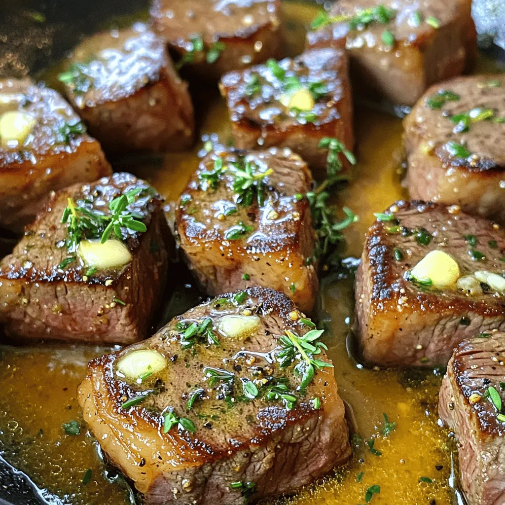 - 1 lb sirloin steak, cut into 1-inch cubes - 4 tablespoons unsalted butter, divided - 4 cloves garlic, finely minced - 1 teaspoon fresh thyme leaves (or ½ teaspoon dried thyme) - 1 teaspoon smoked paprika - Salt and freshly ground black pepper to taste - Fresh parsley, chopped (for garnish) Gathering the right ingredients makes all the difference. Start with sirloin steak. This cut is tender and flavorful, perfect for quick cooking. Cut it into 1-inch cubes for even cooking. Next, you need unsalted butter. This rich fat helps create the delicious garlic butter sauce. You will use it in two steps, first for searing the steak, then for making the sauce. Garlic is a must. Four cloves, minced finely, add a strong flavor. Mince it well to let the oils release. Then, you have thyme. Fresh thyme brings a nice herbal note. If you use dried thyme, use less. Smoked paprika adds warmth and depth. It gives the steak a lovely color, too. Finally, season with salt and black pepper. Freshly ground black pepper gives a slight kick. Chop fresh parsley for garnish. It adds color and freshness to your dish. These ingredients come together to create a quick and tasty meal. For the full recipe, check out the detailed instructions. Start by patting the steak cubes dry with paper towels. This step helps get a nice sear. Season the steak cubes well on all sides with salt, black pepper, and smoked paprika. This mix of spices boosts the flavor of the meat. Next, melt two tablespoons of butter in a large skillet over medium-high heat. Wait for the butter to get hot and bubbly. Add the seasoned steak cubes to the skillet in a single layer. Do not overcrowd the pan; cook in batches if needed. Sear the steak bites for 2-3 minutes on each side. You want them browned and cooked to your liking. Once done, move the steak bites to a plate and cover them to keep warm. In the same skillet, lower the heat to medium. Add the remaining two tablespoons of butter. Then, toss in the minced garlic and thyme. Sauté this mix for about 1-2 minutes. You want the garlic to smell great and turn a light golden color. Be careful not to burn it; burnt garlic can taste bitter. Now, bring back the warm steak bites to the skillet. Toss them in the garlic butter sauce to coat each piece well. Cook for an additional 1-2 minutes to warm everything through. Finally, remove the skillet from heat. Just before serving, sprinkle fresh parsley over the steak bites for a bright touch. For the full experience, check out the Full Recipe. To get the best sear on your steak bites, start with dry steak cubes. Pat each piece with paper towels. This step helps create a nice crust. If your steak is wet, it will steam instead of sear. Avoid overcrowding the skillet. If you add too many steak bites at once, they won’t sear well. Cook in batches if needed. This keeps the heat high, allowing for that perfect golden color. For added flavor, try different herbs and spices. Fresh rosemary or oregano can add a nice twist. A pinch of cayenne can give it some heat. You can also swap out the steak type. Ribeye or tenderloin can add different flavors. Each cut brings its own unique taste to the dish. When serving, use a shallow bowl or a rustic wooden board. Arrange the steak bites neatly. Drizzle the garlic butter sauce over them. For an elegant touch, garnish with fresh parsley. It adds color and freshness. A simple yet stunning presentation makes your meal stand out. {{image_4}} If you want to switch things up, try using shrimp or chicken instead of steak. Shrimp cooks quickly and absorbs flavor well. Just toss them in the same garlic butter sauce. For chicken, use bite-sized pieces and adjust cooking time to ensure they’re fully cooked. Vegetarians can enjoy this dish too! Use large mushrooms, like portobello or cremini. They provide a meaty texture and soak up the delicious garlic butter sauce nicely. You can add different sauces or spices to shake things up. Try a splash of soy sauce for a savory kick. A bit of hot sauce can bring heat if you like spice. Incorporating vegetables can also enhance the dish. Bell peppers, zucchini, or asparagus work well. Just sauté them in the skillet before adding the steak. They add flavor, color, and nutrition. When serving, pair your garlic butter steak bites with rice, mashed potatoes, or a fresh salad. Each option balances the rich flavors of the dish. For drinks, a nice red wine, like a Cabernet Sauvignon, complements the steak well. If you prefer something lighter, try sparkling water with lemon. For the full recipe, don't forget to check [Full Recipe]. To store leftover steak bites, let them cool first. Place them in an airtight container. This method helps keep them fresh. You can store them in the fridge for up to three days. After that, the quality may decline. The best way to reheat steak bites is in the oven. Preheat your oven to 350°F (175°C). Place the steak bites on a baking sheet. Heat for about 10-15 minutes. This method keeps the flavor and texture intact. If you choose the microwave, use a microwave-safe dish. Cover the dish with a damp paper towel. Heat in short bursts of 30 seconds, checking often. This method can dry out the meat. Yes, you can freeze garlic butter steak bites. To do this, let them cool completely. Then, place them in a freezer-safe bag or container. Remove as much air as possible before sealing. You can freeze them for up to three months. When you're ready to eat, thaw them in the fridge overnight. Reheat them using the oven for the best results. This way, they stay delicious and juicy. It takes about 10 minutes to prep and 10 minutes to cook steak bites. In total, you will need around 20 minutes from start to finish. This quick dish is perfect for busy weeknights or when you want to impress guests without spending hours in the kitchen. Yes, you can make garlic butter steak bites ahead of time! Cook them first, then let them cool. Store the bites in an airtight container in the fridge for up to three days. When you're ready to eat, just reheat them gently in a skillet. This keeps them tasty and juicy. Many sides go well with garlic butter steak bites. Here are some popular options: - Roasted vegetables, like carrots or broccoli - Creamy mashed potatoes - Simple green salad with a light vinaigrette - Rice or quinoa for a hearty touch - Crusty bread to soak up the garlic butter sauce Feel free to mix and match these sides to create your perfect meal! For the full recipe, check out the full recipe link. In this post, we explored how to make garlic butter steak bites. We covered key ingredients, including sirloin steak and fresh herbs. I shared step-by-step cooking instructions and tips for achieving the perfect sear. You can even try variations with different proteins and flavors. Remember to store leftovers properly to enjoy later. With these tips, you can impress anyone with a tasty dish. Enjoy cooking, and don't hesitate to get creative in the kitchen!