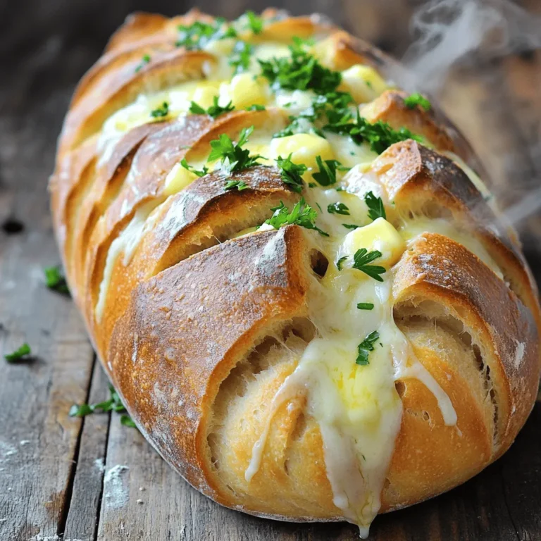 - 1 loaf of fresh sourdough bread (or any round artisan bread) - 1/2 cup unsalted butter, melted - 4 cloves of garlic, finely minced - 1 cup grated Parmesan cheese - 1 tablespoon fresh parsley, finely chopped - 1 teaspoon dried oregano - 1 teaspoon sea salt - 1/2 teaspoon freshly ground black pepper - Additional grated Parmesan cheese - Extra parsley for garnish In Garlic Parmesan Pull Apart Bread, the ingredients shine. Start with a fresh loaf of sourdough. Alternatively, use any round artisan bread. The bread gives a perfect texture for pulling apart. Next, you need melted butter. I recommend unsalted butter for a balanced flavor. Add minced garlic, which brings a rich taste. Fresh garlic is key to a great aroma and flavor. Cheese is important in this recipe. Grated Parmesan cheese adds a salty, nutty flavor. The cheese melts beautifully, making every bite creamy and rich. Fresh parsley, oregano, sea salt, and black pepper add depth and freshness. These spices enhance the overall taste. For garnishes, consider adding more Parmesan cheese on top. Extra parsley adds a nice color and fresh touch. These optional garnishes make your bread even more appealing and delicious. Remember, the quality of your ingredients matters. Fresh, high-quality items lead to the best results. Enjoy preparing this delightful dish! - Preheat the oven to 350°F (175°C). - Prepare a baking sheet lined with parchment paper. - Make deep cuts in a grid pattern about 1-inch apart. - Pull apart sections to create pockets. - Apply the garlic butter mixture into each pocket. - Distribute grated Parmesan cheese evenly. - Wrap the bread in aluminum foil and bake for 15-20 minutes. - Remove the foil and bake for an additional 10 minutes. As you bake this bread, you'll fill your kitchen with a warm, inviting aroma. The garlic and cheese blend perfectly, making it hard to resist. Each step is simple, but the results are impressive. Enjoy pulling apart each cheesy piece! - Make sure not to cut through the base of the loaf. This keeps the bread intact. - Ensure pockets are well-filled with garlic butter and cheese. This adds great flavor. - Serve warm with marinara for dipping. The sauce adds a tasty touch. - Pair with soups or salads for an elevated meal. This makes a great side. - Use a rustic wooden board for serving. This adds charm to your dish. - Consider garnishing with additional herbs for color. Fresh parsley looks lovely. {{image_4}} You can easily change the cheese in this recipe. Try mozzarella for a creamier taste. Cheddar adds a sharp flavor that many love. Both options work well in pull-apart bread. Don’t be afraid to play with spices too. Thyme gives a fresh note, while rosemary adds a warm, earthy taste. These small changes make your bread unique. If you need a gluten-free option, look for gluten-free bread. Many brands offer great alternatives that still taste amazing. For those who follow a vegan diet, use dairy-free butter and cheese. There are many tasty vegan cheeses today that melt well. These swaps let everyone enjoy this delicious treat. For a savory twist, add cooked bacon bits to the mix. The salty bacon pairs well with garlic and cheese. You can also try adding sun-dried tomatoes. Their sweet, tangy flavor elevates the bread. Roasted red peppers add a lovely color and taste. These enhancements make your pull-apart bread even more special. You should store any leftovers in an airtight container. This keeps the bread fresh. It is best consumed within 2-3 days for the best taste. After that, it may lose its flavor and texture. To freeze the bread, wrap it tightly in plastic wrap. Then, add a layer of aluminum foil on top. This helps prevent freezer burn. When you want to eat it, thaw it in the fridge overnight. Before serving, reheat it in the oven. The best way to reheat the bread is in the oven. This restores the crispy crust and warm center. Avoid using a microwave, as it can make the bread soggy. Instead, bake it at 350°F (175°C) for about 10 minutes to enjoy its deliciousness again. - Follow the step-by-step instructions outlined above for the Full Recipe. - Yes, any round artisan bread works well, including ciabatta or focaccia. - Keep leftovers in an airtight container in the refrigerator for up to 3 days. Garlic Parmesan Pull Apart Bread is simple and fun to prepare. You need fresh artisan bread, garlic, butter, and cheese. Follow the steps to create delicious pockets filled with flavor. Remember, you can customize with different ingredients. This dish pairs well with dips, soups, or salads, making it a great addition to any meal. Enjoy the warm, cheesy goodness that brings friends and family together. Don’t hesitate to try your own twists. Cooking should be all about creativity and flavor.