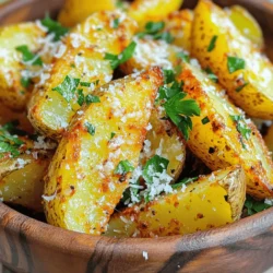 For the best garlic Parmesan potato wedges, gather these key items: - 4 large russet potatoes, thoroughly washed and cut into even wedges - 4 tablespoons extra virgin olive oil - 4 cloves fresh garlic, finely minced - 1 teaspoon dried oregano - 1 teaspoon garlic powder - ½ teaspoon smoked paprika - Salt and freshly ground black pepper, to taste - ½ cup freshly grated Parmesan cheese - Fresh parsley, finely chopped, for garnish These ingredients create a savory and crispy snack that everyone will love. You might already have some of these items in your pantry. Extra virgin olive oil adds flavor and helps the wedges crisp up. Garlic brings a wonderful aroma and taste. Dried oregano and garlic powder give depth. Smoked paprika adds a touch of warmth. You can adjust the salt and pepper to suit your taste. Feel free to experiment! Here are a few ideas: - Swap russet potatoes for sweet potatoes for a sweet twist. - Add chili powder or cayenne for heat. - Mix in other herbs like thyme or rosemary for added flavor. - Use nutritional yeast instead of Parmesan for a vegan option. These options let you customize the recipe to your liking. For the full recipe, check the details above. To start, I wash four large russet potatoes. I cut them into even wedges. This helps them cook at the same rate. Make sure the pieces are not too thick. This way, they will cook faster and get crispy. Rinse them well to remove dirt, then pat them dry. Dry potatoes help the oil stick better. In a big bowl, I add the potato wedges. Then, I pour in four tablespoons of extra virgin olive oil. Next, I add four cloves of minced garlic, one teaspoon of dried oregano, and one teaspoon of garlic powder. I also sprinkle in half a teaspoon of smoked paprika. This gives a nice touch of smokiness. Finally, I season with salt and black pepper to taste. I mix everything well. Each wedge should be coated in the tasty mix. After mixing, I spread the seasoned wedges on a baking sheet. I make sure they don’t touch each other. This helps them get crispy. I preheat my oven to 425°F (220°C) and bake the wedges for 25 minutes. Then, I take them out and sprinkle half a cup of freshly grated Parmesan cheese on top. I bake them for another 10 to 15 minutes. Watch them closely until they turn golden brown. When they look perfect, I take them out and let them cool for a few minutes. I like to garnish with fresh parsley before serving for a pop of color. For the full recipe, check the details above. To get your potato wedges crispy, start by cutting them evenly. This helps them cook at the same time. Use a high oven temperature, like 425°F (220°C). Make sure to coat them well in olive oil. This oil creates a barrier that helps keep moisture out. Space the wedges apart on the baking sheet. If they are too close, they will steam instead of crisp. For more flavor, add fresh herbs like rosemary or thyme. You can mix in some chili flakes for heat. If you love cheese, try using a mix of Parmesan and cheddar. This adds a nice tangy taste. You can also squeeze a little lemon juice before serving. The acidity brightens up the flavors. When cutting potatoes, aim for wedges that are about 1 inch thick. This size allows them to cook through without burning. Use a sharp knife for clean cuts. Cut each potato in half lengthwise, then slice each half into wedges. Make sure they are uniform in size. This helps them bake evenly and gives a beautiful look to your dish. For the best results, always wash your potatoes well to remove dirt. For the complete cooking process, check out the Full Recipe. {{image_4}} To make spicy garlic Parmesan potato wedges, add heat! Mix in 1-2 teaspoons of cayenne pepper or crushed red pepper flakes. This will give the wedges a nice kick. You can also toss in some chopped jalapeños before baking. The spicy flavor pairs well with the cheesy garlic taste. Serve these wedges with ranch dressing for extra cooling. Herbs can elevate your garlic Parmesan potato wedges. Try adding fresh rosemary or thyme to the mix. Just chop about a tablespoon of your chosen herb and mix it in with the other seasonings. For a fresh twist, sprinkle some chopped chives or dill on top after baking. The herbs add great flavor and a lovely scent to your dish. Want to make this dish vegan? No problem! Simply replace the Parmesan cheese with a vegan alternative. Nutritional yeast can also work well. It has a cheesy flavor and is great for seasoning. You can skip the cheese altogether for a lighter version. Just make sure to keep the garlic and olive oil for that rich taste. For an extra kick, add a splash of lemon juice before serving. For the full recipe, check out the section above! These variations let you customize your wedges to fit your taste. Enjoy exploring new flavors! To keep your Garlic Parmesan Potato Wedges fresh, store them in an airtight container. Let them cool completely before sealing. This helps prevent moisture buildup, which can make them soggy. Place the container in the fridge. They will stay good for about 3 to 5 days. If you want to enjoy them later, consider freezing. To bring back the crispiness, reheat your potato wedges in the oven. Preheat the oven to 400°F (200°C). Spread the wedges on a baking sheet. Bake them for about 10 to 15 minutes. This method keeps them crunchy and delicious. You can also use an air fryer. Just heat them at 350°F (175°C) for about 5 to 8 minutes. If you want to freeze your wedges, first let them cool. Place them in a single layer on a baking sheet and freeze for about 1 hour. Once they are firm, transfer them to a freezer bag. Remove as much air as possible. These frozen wedges can last up to 3 months. When you're ready to eat them, bake them straight from the freezer. Just add a few extra minutes to the cooking time. Enjoy your crispy and flavorful snack anytime! For the full recipe, check out the complete instructions above. Yes, you can use sweet potatoes! They will add a nice sweetness. Just keep in mind that cooking time may change. Sweet potatoes often cook faster than regular potatoes. Aim for a golden brown color for the best taste. You can tell the wedges are done when they are golden brown and crispy. A fork should easily pierce them. If you want extra crunch, bake them a bit longer. Just watch them closely to avoid burning. These wedges pair well with many dishes. Try serving them with burgers or grilled chicken. They also taste great with marinara sauce or garlic aioli for dipping. You can even enjoy them as a snack on their own. For a full meal, serve them alongside a fresh salad. For the full recipe, check out the section above! Garlic Parmesan potato wedges are simple to make and taste great. We covered the key ingredients, from essential spices to optional add-ins. I shared step-by-step prep and baking instructions. I also provided tips for crispy texture and flavor improvements. Plus, you learned about fun variations that suit your needs. Now, you can enjoy this tasty treat and impress your friends or family. Remember these tips, and you'll bake perfect potato wedges every time. Enjoy your cooking!