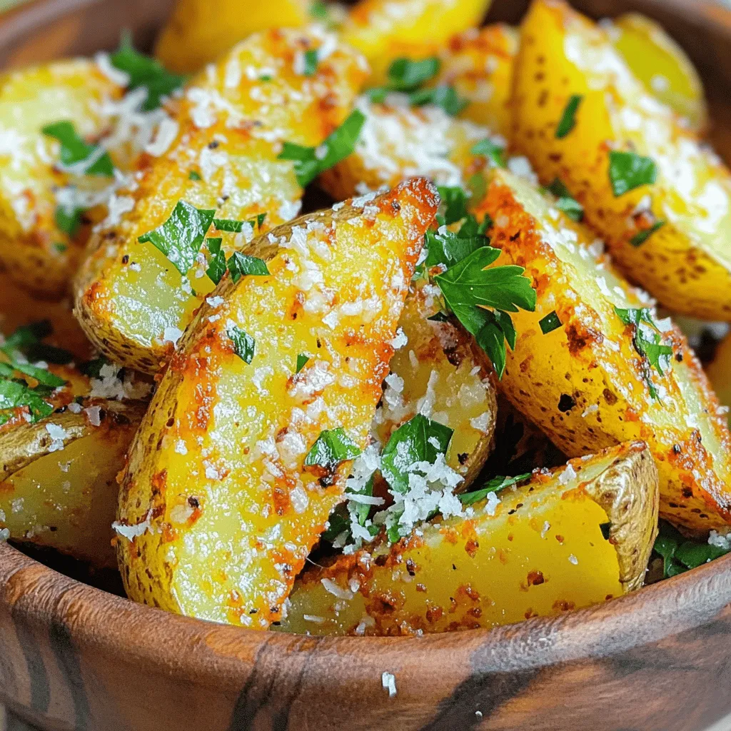 For the best garlic Parmesan potato wedges, gather these key items: - 4 large russet potatoes, thoroughly washed and cut into even wedges - 4 tablespoons extra virgin olive oil - 4 cloves fresh garlic, finely minced - 1 teaspoon dried oregano - 1 teaspoon garlic powder - ½ teaspoon smoked paprika - Salt and freshly ground black pepper, to taste - ½ cup freshly grated Parmesan cheese - Fresh parsley, finely chopped, for garnish These ingredients create a savory and crispy snack that everyone will love. You might already have some of these items in your pantry. Extra virgin olive oil adds flavor and helps the wedges crisp up. Garlic brings a wonderful aroma and taste. Dried oregano and garlic powder give depth. Smoked paprika adds a touch of warmth. You can adjust the salt and pepper to suit your taste. Feel free to experiment! Here are a few ideas: - Swap russet potatoes for sweet potatoes for a sweet twist. - Add chili powder or cayenne for heat. - Mix in other herbs like thyme or rosemary for added flavor. - Use nutritional yeast instead of Parmesan for a vegan option. These options let you customize the recipe to your liking. For the full recipe, check the details above. To start, I wash four large russet potatoes. I cut them into even wedges. This helps them cook at the same rate. Make sure the pieces are not too thick. This way, they will cook faster and get crispy. Rinse them well to remove dirt, then pat them dry. Dry potatoes help the oil stick better. In a big bowl, I add the potato wedges. Then, I pour in four tablespoons of extra virgin olive oil. Next, I add four cloves of minced garlic, one teaspoon of dried oregano, and one teaspoon of garlic powder. I also sprinkle in half a teaspoon of smoked paprika. This gives a nice touch of smokiness. Finally, I season with salt and black pepper to taste. I mix everything well. Each wedge should be coated in the tasty mix. After mixing, I spread the seasoned wedges on a baking sheet. I make sure they don’t touch each other. This helps them get crispy. I preheat my oven to 425°F (220°C) and bake the wedges for 25 minutes. Then, I take them out and sprinkle half a cup of freshly grated Parmesan cheese on top. I bake them for another 10 to 15 minutes. Watch them closely until they turn golden brown. When they look perfect, I take them out and let them cool for a few minutes. I like to garnish with fresh parsley before serving for a pop of color. For the full recipe, check the details above. To get your potato wedges crispy, start by cutting them evenly. This helps them cook at the same time. Use a high oven temperature, like 425°F (220°C). Make sure to coat them well in olive oil. This oil creates a barrier that helps keep moisture out. Space the wedges apart on the baking sheet. If they are too close, they will steam instead of crisp. For more flavor, add fresh herbs like rosemary or thyme. You can mix in some chili flakes for heat. If you love cheese, try using a mix of Parmesan and cheddar. This adds a nice tangy taste. You can also squeeze a little lemon juice before serving. The acidity brightens up the flavors. When cutting potatoes, aim for wedges that are about 1 inch thick. This size allows them to cook through without burning. Use a sharp knife for clean cuts. Cut each potato in half lengthwise, then slice each half into wedges. Make sure they are uniform in size. This helps them bake evenly and gives a beautiful look to your dish. For the best results, always wash your potatoes well to remove dirt. For the complete cooking process, check out the Full Recipe. {{image_4}} To make spicy garlic Parmesan potato wedges, add heat! Mix in 1-2 teaspoons of cayenne pepper or crushed red pepper flakes. This will give the wedges a nice kick. You can also toss in some chopped jalapeños before baking. The spicy flavor pairs well with the cheesy garlic taste. Serve these wedges with ranch dressing for extra cooling. Herbs can elevate your garlic Parmesan potato wedges. Try adding fresh rosemary or thyme to the mix. Just chop about a tablespoon of your chosen herb and mix it in with the other seasonings. For a fresh twist, sprinkle some chopped chives or dill on top after baking. The herbs add great flavor and a lovely scent to your dish. Want to make this dish vegan? No problem! Simply replace the Parmesan cheese with a vegan alternative. Nutritional yeast can also work well. It has a cheesy flavor and is great for seasoning. You can skip the cheese altogether for a lighter version. Just make sure to keep the garlic and olive oil for that rich taste. For an extra kick, add a splash of lemon juice before serving. For the full recipe, check out the section above! These variations let you customize your wedges to fit your taste. Enjoy exploring new flavors! To keep your Garlic Parmesan Potato Wedges fresh, store them in an airtight container. Let them cool completely before sealing. This helps prevent moisture buildup, which can make them soggy. Place the container in the fridge. They will stay good for about 3 to 5 days. If you want to enjoy them later, consider freezing. To bring back the crispiness, reheat your potato wedges in the oven. Preheat the oven to 400°F (200°C). Spread the wedges on a baking sheet. Bake them for about 10 to 15 minutes. This method keeps them crunchy and delicious. You can also use an air fryer. Just heat them at 350°F (175°C) for about 5 to 8 minutes. If you want to freeze your wedges, first let them cool. Place them in a single layer on a baking sheet and freeze for about 1 hour. Once they are firm, transfer them to a freezer bag. Remove as much air as possible. These frozen wedges can last up to 3 months. When you're ready to eat them, bake them straight from the freezer. Just add a few extra minutes to the cooking time. Enjoy your crispy and flavorful snack anytime! For the full recipe, check out the complete instructions above. Yes, you can use sweet potatoes! They will add a nice sweetness. Just keep in mind that cooking time may change. Sweet potatoes often cook faster than regular potatoes. Aim for a golden brown color for the best taste. You can tell the wedges are done when they are golden brown and crispy. A fork should easily pierce them. If you want extra crunch, bake them a bit longer. Just watch them closely to avoid burning. These wedges pair well with many dishes. Try serving them with burgers or grilled chicken. They also taste great with marinara sauce or garlic aioli for dipping. You can even enjoy them as a snack on their own. For a full meal, serve them alongside a fresh salad. For the full recipe, check out the section above! Garlic Parmesan potato wedges are simple to make and taste great. We covered the key ingredients, from essential spices to optional add-ins. I shared step-by-step prep and baking instructions. I also provided tips for crispy texture and flavor improvements. Plus, you learned about fun variations that suit your needs. Now, you can enjoy this tasty treat and impress your friends or family. Remember these tips, and you'll bake perfect potato wedges every time. Enjoy your cooking!