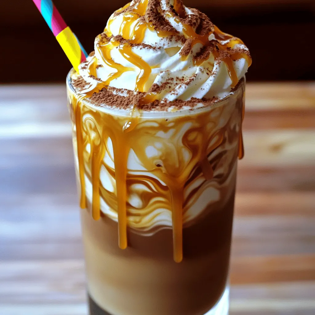 To make a delicious Mocha Caramel Frappuccino, you need the right ingredients. Here’s what you’ll need: - Brewed coffee: 1 cup (cooled) - Milk: 1 cup (dairy or non-dairy options) - Caramel sauce: 1/4 cup (plus extra for drizzle) - Cocoa powder: 2 tablespoons (unsweetened) - Granulated sugar: 2 tablespoons (adjust for sweetness) - Ice cubes: 2 cups - Whipped cream: for topping - Flaky sea salt: pinch (optional enhancement) Each ingredient plays a key role in the drink's taste. The brewed coffee gives it that rich base. You can pick any milk you like, whether it's whole, almond, or oat. The caramel sauce adds sweetness and a lovely texture. Unsweetened cocoa powder brings a chocolatey kick, while sugar balances the flavors. Having the right amount of ice is crucial. It makes your frappuccino cold and refreshing. Finally, whipped cream adds a creamy touch, and flaky sea salt can enhance the flavors. When you gather these ingredients, you set the stage for a delightful treat. For the full recipe, refer to the earlier section. - Step 1: Combine brewed coffee and milk Pour 1 cup of cooled brewed coffee into your blender. Add 1 cup of milk. You can use dairy or non-dairy milk. - Step 2: Add caramel sauce, cocoa powder, and sugar Next, add 1/4 cup of caramel sauce, 2 tablespoons of cocoa powder, and 2 tablespoons of sugar. You can change the sugar amount to fit your taste. - Step 3: Blend until smooth with ice Finally, throw in 2 cups of ice cubes. Blend on high until the mix is smooth and frothy. Make sure the ice is finely crushed. - Step 4: Drizzle caramel sauce inside glasses Grab your serving glasses and drizzle some caramel sauce inside. Turn the glass as you drizzle to create pretty swirls. - Step 5: Pour frappuccino mixture into glasses Once your glasses are ready, pour the frappuccino mixture in. Fill them to your desired level. - Step 6: Top with whipped cream and extra caramel Now, add a big dollop of whipped cream on top of each frappuccino. Drizzle more caramel sauce over the whipped cream for extra taste. - Step 7: Garnish with flaky sea salt (optional) For a fun twist, sprinkle a pinch of flaky sea salt on the whipped cream. It adds a lovely balance to the sweetness. This delightful treat is fun to make and even better to enjoy. For the full recipe, check out the details above! - Experiment with milk choices: Try almond, soy, or oat milk. Each adds a unique taste. - Adjust sweetness to your preference: Start with 2 tablespoons of sugar. Add more if you like it sweeter. - Use high-quality caramel and cocoa: A good caramel and cocoa will boost your drink's flavor. - Importance of finely crushed ice: Use crushed ice for a smoother blend. This helps create that frothy feel. - Blending duration for frothy texture: Blend for about 30 seconds. This ensures everything mixes well and gets frothy. - Recommended glassware for presentation: Use tall glasses to show off your drink. The layers look stunning! - Creative garnishing ideas: Top with chocolate shavings or crushed nuts. This adds a fun crunch and extra flavor. For the full recipe, don't forget to check out the details above! {{image_4}} You can easily change the flavors of your Mocha Caramel Frappuccino. Add flavored syrups for a fun twist. Hazelnut or vanilla syrup gives your drink a nice touch. You can also mix in different chocolates. Dark chocolate adds a rich taste, while white chocolate offers a sweet note. Experimenting with these flavors helps you find your perfect blend. If you want a vegan option, swap regular milk for plant-based milk. Almond, soy, or oat milk work great. You can also use vegan whipped cream to top it off. For those watching sugar, try sugar-free sweeteners. Stevia or monk fruit can replace regular sugar. These options let everyone enjoy this treat without worry. You can make seasonal frappuccinos to match the time of year. For fall, add pumpkin spice to create a cozy drink. In winter, peppermint syrup can give your frappuccino a festive flair. Don’t forget tropical versions! A coconut mocha can refresh your summer days. Each variation brings new joy to this delightful drink. For the full recipe of Mocha Caramel Frappuccino, check the previous section above. To keep your frappuccino fresh, store it in the fridge. Use an airtight container. It will last up to two days. If you want to enjoy it later, shake it well before drinking. You can also add ice to refresh it. This will bring back the frothy texture. Store leftover caramel sauce in a cool, dark place. If you open a bottle, keep it in the fridge. This keeps it fresh for longer. For cocoa powder, seal it tightly and keep it dry. Brewed coffee should also be in the fridge if not used right away. Use it within three days for the best taste. You can prep for your frappuccino ahead of time. Measure out your ingredients and store them in separate containers. This makes it easy to blend when you want it. You can even freeze brewed coffee in ice cube trays. This way, you have coffee ready for your next frappuccino. It’s a fun and smart way to enjoy your drink! A Mocha Caramel Frappuccino is a sweet and creamy drink. It blends rich coffee with chocolate and caramel flavors. This drink has a smooth texture and a delightful icy finish. You get a mix of sweet, salty, and rich tastes in every sip. The whipped cream on top adds a nice touch, making it even more special. Yes, you can easily make a decaf version. Just swap regular brewed coffee for decaffeinated coffee. The flavor will still shine through. You won’t miss the caffeine, but you will enjoy the same great taste. This option is perfect for those who want to avoid caffeine but love the flavors. You can find this drink at many popular coffee chains, like Starbucks and Dunkin’. They often have it on the menu. However, making it at home is also a great choice. When you make it yourself, you can adjust the flavors to fit your taste. Store-bought options may be convenient, but homemade drinks often taste fresher and are more fun to make. To make a sugar-free Mocha Caramel Frappuccino, you can use sugar alternatives. Try stevia, erythritol, or monk fruit sweetener. These options can give you the sweetness you want without extra sugar. Adjust the amount based on your taste. You can also look for sugar-free caramel sauce, which works well in this recipe. To wrap up, making a Mocha Caramel Frappuccino at home is simple and fun. You gathered fresh ingredients, blended them well, and topped your drink with tasty goodies. You can play with flavors and make it your own, whether you want it vegan or sugar-free. Storing leftovers is easy, too. Enjoying your creation is the best part of this process. Now, go ahead and impress your friends with this delicious treat!