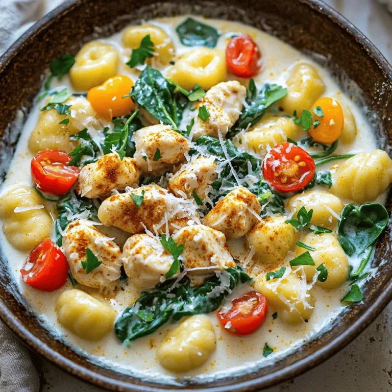 To make Creamy Cajun Chicken Gnocchi, you will need: - 1 pound gnocchi (store-bought or homemade) - 2 boneless, skinless chicken breasts, diced into bite-sized pieces - 1 tablespoon Cajun seasoning (adjust to taste) - 1 tablespoon olive oil - 1 cup heavy cream - 1 cup low-sodium chicken broth - 1 cup cherry tomatoes, halved - 1 cup fresh spinach leaves, washed - 1/2 cup grated Parmesan cheese - 2 cloves garlic, minced - Salt and pepper, to taste - Fresh parsley, finely chopped (for garnish) This list covers all the essentials for your dish. Each ingredient plays a key role in creating that rich, creamy flavor with a touch of spice. If you have dietary needs, here are some swaps: - Dairy-free options: Use coconut cream or cashew cream instead of heavy cream. - Gluten-free pasta: Choose gluten-free gnocchi to keep the recipe gluten-free. - Chicken replacements: You can use shrimp or tofu for a different protein source. These substitutions help anyone enjoy this dish while respecting their dietary choices. Using fresh ingredients often gives the best flavor in this recipe. Fresh spinach and tomatoes add brightness to the creamy sauce. However, frozen ingredients can work too. Frozen spinach can save time. Just thaw and drain it before adding. For the gnocchi, fresh is great, but store-bought works well too. Just follow the cooking times on the package. Whether you go fresh or frozen, the key is to enjoy the cooking process and the tasty results! For the full recipe, check out the link provided. To make Creamy Cajun Chicken Gnocchi, follow these simple steps for a tasty meal. 1. Cook the Gnocchi: Bring a big pot of salted water to a boil. Add the gnocchi and cook for 2-3 minutes. They are ready when they float. Drain them and set aside. 2. Sauté the Chicken: Heat the olive oil in a large skillet over medium heat. Add the diced chicken and sprinkle with Cajun seasoning. Cook for 5-7 minutes until golden brown. Remove the chicken and put it on a plate. 3. Sauté the Aromatics: In the same skillet, lower the heat. Add minced garlic and halved cherry tomatoes. Sauté for about 2 minutes until the tomatoes soften. 4. Create the Sauce: Pour in the heavy cream and chicken broth. Stir well and let it simmer for 3-4 minutes. This will thicken the sauce. 5. Combine Ingredients: Add the cooked gnocchi, spinach, and chicken back to the skillet. Gently fold everything together until the spinach wilts. 6. Add Cheese and Season: Gradually stir in the grated Parmesan cheese. Mix until melted and smooth. Adjust with salt and pepper to taste. Cook for another 2 minutes. 7. Serve: Remove from heat. Garnish with fresh parsley before serving. - Gnocchi: 2-3 minutes to cook. - Chicken: 5-7 minutes to sauté. - Sauce: 3-4 minutes to simmer. - Always wash your hands before and after handling raw chicken. - Use separate cutting boards for raw chicken and other foods. - Cook chicken to an internal temperature of 165°F to ensure safety. - Clean all surfaces and utensils after contacting raw chicken. For the full recipe and more details, check out the [Full Recipe]. To make a creamy sauce, start with heavy cream. This gives the sauce a rich texture. Pour in the chicken broth slowly and stir well. This helps blend the flavors. Simmer the sauce gently to avoid burning. If you want it thicker, cook it longer. Adding Parmesan cheese at the end makes it even creamier. Cajun seasoning brings heat and flavor. Adjust the amount based on your taste. If you prefer milder flavors, use less seasoning. You can also add a pinch of smoked paprika for depth. Taste as you cook. This way, you can find the right balance of spices. Remember, it's easier to add than remove. One mistake is overcooking the gnocchi. They should float when ready. Also, avoid cooking the chicken on high heat. This can make it tough and dry. Stir the sauce gently; don't let it boil too hard. Lastly, don’t skip the fresh spinach; it adds color and nutrition. Enjoying the cooking process is key to a great dish. For a full recipe, check out the [Full Recipe]. {{image_4}} You can make this dish your own by swapping in different ingredients. For the veggies, try adding bell peppers, zucchini, or mushrooms. These add color and flavor. If you want more protein, consider shrimp or sausage. Both pair well with Cajun seasoning and add a nice twist. To make this dish vegan, use plant-based gnocchi and swap heavy cream for coconut milk. For a low-carb option, replace gnocchi with cauliflower rice or zucchini noodles. Both options keep the meal tasty and satisfying while meeting your dietary needs. You can serve Creamy Cajun Chicken Gnocchi in many ways. Pair it with a fresh green salad to balance the richness. A slice of crusty bread also works well to soak up the creamy sauce. For a more filling meal, add roasted vegetables on the side. Each option enhances the dish and makes it more enjoyable. To keep your Creamy Cajun Chicken Gnocchi fresh, let it cool completely. Transfer it to an airtight container. This helps prevent spoilage and keeps the flavors intact. Store it in the fridge for up to three days. Make sure to seal the container well to avoid any odors from other foods. When you’re ready to enjoy leftovers, gently reheat them. Use a skillet over low heat. Add a splash of chicken broth or cream to restore the sauce's creaminess. Stir often to avoid sticking. If using a microwave, heat in short bursts, stirring in between. This keeps everything smooth and delicious. In the fridge, your leftovers last about three days. If you want to store them longer, freezing is a good option. Place the dish in a freezer-safe container. It can last up to three months in the freezer. Just remember to label it with the date. When you’re ready to eat, thaw it overnight in the fridge before reheating. You can use whole milk or half-and-half as a lighter option. For a dairy-free choice, use coconut milk or cashew cream. Both options may change the flavor a bit but will keep the dish creamy. Yes, you can prepare the chicken and sauce ahead of time. Just cook the gnocchi fresh when ready to serve. This keeps the gnocchi tender and prevents them from getting mushy. Absolutely! Store-bought gnocchi saves time and is easy to use. It cooks quickly and tastes great in this dish. Just make sure to follow the package instructions. The spice level depends on the brand of Cajun seasoning you use. If you like it mild, start with less. You can always add more as you go. This way, everyone can enjoy the dish at their own heat level. Salads with fresh greens or roasted vegetables pair nicely. Garlic bread also complements the creamy sauce. You could serve a simple fruit salad for a refreshing finish. For the full recipe, check out the section above! This blog post covers everything you need for Creamy Cajun Chicken Gnocchi. We looked at ingredients, cooking steps, and storage tips. With easy swaps for diets and flavor tips, you can make this dish your own. Remember the safety tips for raw chicken and avoid common mistakes. You can impress your family or friends with this creamy delight. Enjoy cooking and let your creativity shine!